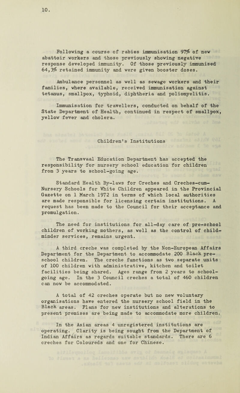 Following a course of rabies immunisation 97% of new abattoir workers and those previously showing negative response developed immunity. Of those previously immunised 64,3^ retained immunity and were given booster doses. Ambulance personnel as well as sewage workers and their families, where available, received immunisation against tetanus, smallpox, typhoid, diphtheria and poliomyelitis. Immunisation for travellers, conducted on behalf of the State Department of Health, continued in respect of smallpox, yellow fever and cholera. Children's Institutions The Transvaal Education Department has accepted the responsibility for nursery school education for children from 3 years to school-going age. Standard Health By-laws for Creches and Creches-cum- Nursery Schools for White Children appeared in the Provincial Gazette on 1 March 1972 in terms of which local authorities are made responsible for licensing certain institutions. A request has been made to the Council for their acceptance and promulgation. The need for institutions for all-day care of pre-school children of working mothers, as well as the control of child¬ minder services, remains urgent. A third creche was completed by the Non-European Affairs Department for the Department to accommodate 200 Black pre¬ school children. The creche functions as two separate units of 100 children with administrative, kitchen and toilet facilities being shared. Ages range from 2 years to school¬ going age. In the 3 Council creches a total of 460 children can now be accommodated. A total of 42 creches operate but no new voluntary organisations have entered the nursery school field in the Black areas. Plans for new institutions and alterations to present premises are being made to accommodate more children. In the Asian areas 4 unregistered institutions are operating. Clarity is being sought from the Department of Indian Affairs as regards suitable standards. There are 6 creches for Coloureds and one for Chinese.
