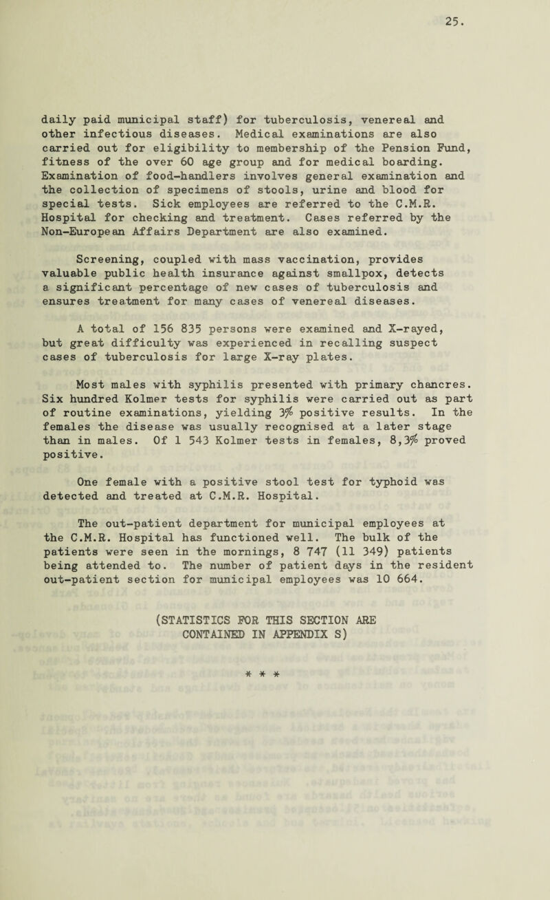 daily paid municipal staff) for tuberculosis, venereal and other infectious diseases. Medical examinations are also carried out for eligibility to membership of the Pension Fund, fitness of the over 60 age group and for medical boarding. Examination of food-handlers involves general examination and the collection of specimens of stools, urine and blood for special tests. Sick employees are referred to the C.M.R. Hospital for checking and treatment. Cases referred by the Non-European Affairs Department are also examined. Screening, coupled with mass vaccination, provides valuable public health insurance against smallpox, detects a significant percentage of new cases of tuberculosis and ensures treatment for many cases of venereal diseases. A total of 156 835 persons were examined and X-rayed, but great difficulty was experienced in recalling suspect cases of tuberculosis for large X-ray plates. Most males with syphilis presented with primary chancres. Six hundred Kolmer tests for syphilis were carried out as part of routine examinations, yielding jfo positive results. In the females the disease was usually recognised at a later stage than in males. Of 1 543 Kolmer tests in females, 8,3^ proved positive. One female with a positive stool test for typhoid was detected and treated at C.M.R. Hospital. The out-patient department for municipal employees at the C.M.R. Hospital has functioned well. The bulk of the patients were seen in the mornings, 8 747 (11 349) patients being attended to. The number of patient days in the resident out-patient section for municipal employees was 10 664. (STATISTICS FOR THIS SECTION ARE CONTAINED IN APPENDIX S) * * *