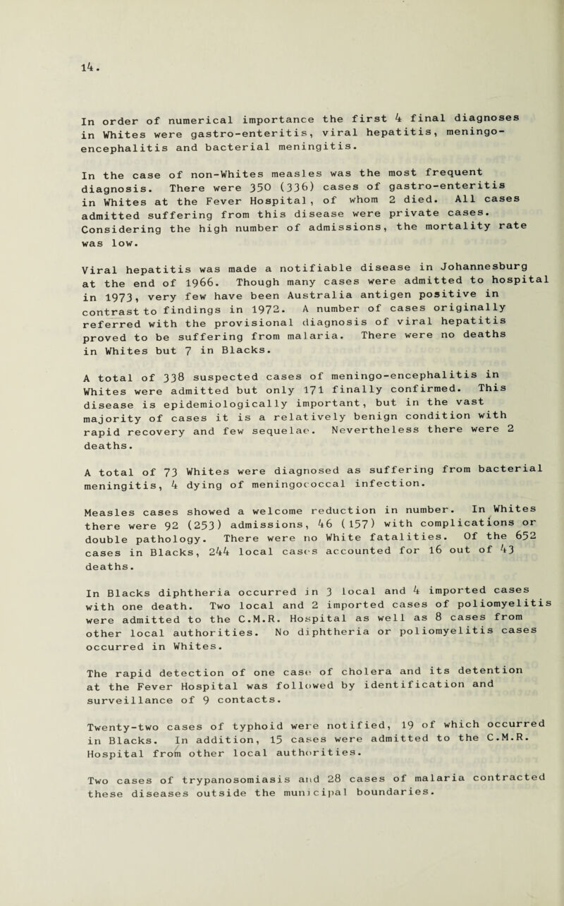 In order of numerical importance the first 4 final diagnoses in Whites were gastro-enteritis, viral hepatitis, meningo¬ encephalitis and bacterial meningitis. In the case of non-Whites measles was the most frequent diagnosis. There were 350 (336) cases of gastro-enterit is in Whites at the Fever Hospital, of whom 2 died. All cases admitted suffering from this disease were private cases. Considering the high number of admissions, the mortality rate was low. Viral hepatitis was made a notifiable disease in Johannesburg at the end of 1966. Though many cases were admitted to hospital in 1973, very few have been Australia antigen positive in contrast to findings in 1972. A number of cases originally referred with the provisional diagnosis of viral hepatitis proved to be suffering from malaria. There were no deaths in Whites but 7 in Blacks. A total of 338 suspected cases of meningo-encephalitis in Whites were admitted but only 171 finally confirmed. This disease is epidemiologically important, but in the vast majority of cases it is a relatively benign condition with rapid recovery and few sequelae. Nevertheless there were 2 deaths. A total of 73 Whites were diagnosed as suffering from bacterial meningitis, 4 dying of meningococcal infection. Measles cases showed a welcome reduction in number. In Whites there were 92 (253) admissions, 46 (157) with complications or double pathology. There were no White fatalities. Of the 652 cases in Blacks, 244 local cast's accounted for l6 out of 43 deaths. In Blacks diphtheria occurred in 3 local and 4 imported cases with one death. Two local and 2 imported cases of poliomyelitis were admitted to the C.M.R. Hospital as well as 8 cases from other local authorities. No diphtheria or poliomyelitis cases occurred in Whites. The rapid detection of one cast? of cholera and its detention at the Fever Hospital was followed by identification and surveillance of 9 contacts. Twenty-two cases of typhoid were notified, 19 of which occurred in Blacks. In addition, 15 cases were admitted to the C.M.R. Hospital from other local authorities. Two cases of trypanosomiasis and 28 cases of malaria contracted these diseases outside the municipal boundaries.