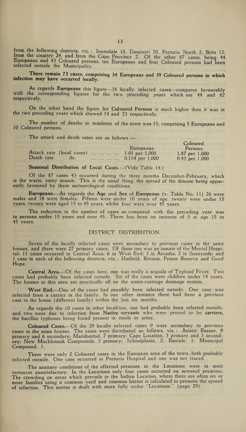 from the following districts, viz. : Innesdale 18, Daspoort 20, Pretoria North 2, Brits 12, from the country 24, and from the Cape Province 2. Of the other 87 cases, being 44 Europeans and 43 Coloured persons, ten Europeans and four Coloured persons had been infected outside the Municipality. There remain 73 cases, comprising 34 Europeans and 39 Coloured persons in which infection may have occurred locally. As regards Europeans this figure—34 locally infected cases—compares favourably with the corresponding figures for the two preceding years which are 44 and 62 respectively. On the other hand the figure for Coloured Persons is much higher than it was in the two preceding years which showed 14 and 23 respectively. The number of deaths in residents of the town was 15, comprising 5 Europeans and 10 Coloured persons. The attack and death rates are as follows :— Europeans. Attack rate (local cases) . 1.01 per 1,000 Death rate do. . 0.114 per 1,000 Seasonal Distribution of Local Cases.—(Vide Table 14.) Of the 87 cases 43 occurred during the three months December-February, which is the warm, rainy season. This is the usual thing, the spread of the disease being appar¬ ently favoured by these meteorological conditions. Europeans.—As regards the Age and Sex of Europeans (v. Table No. 11) 26 were males and 18 were females. Fifteen were under 10 years of age, twenty were under 15 years, twenty were aged 15 to 45 years, whilst four were over 45 years. The reduction in the number of cases as compared with the preceding year was in persons under 15 years and over 45. There has been an increase of 5 at age 15 to 45 years. Coloured Persons. 1.87 per 1,000 0.43 per 1,000 DISTRICT DISTRIBUTION. Seven of the locally infected cases were secondary to previous cases in the same houses, and there were 27 primary cases. Of these one was an inmate of the Mental Hospi¬ tal; 11 cases occurred in Central Area; 6 in West End; 3 in Arcadia; 2 in Sunnyside; and 1 case in each of the following districts, viz. : Hatfield, Riviera, Prison Reserve and Good Hope. Central Area.—Of the cases here, one was really a sequala of Typhoid Fever. Two cases had probably been infected outside. Six of the cases were children under 14 years. The houses in this area are practically all on the water-carriage drainage system. West End.—One of the cases had possibly been infected outside. One case was infected from a carrier in the family. In one other instance there had been a previous case in the house (different family) within the last six months. As regards the 10 cases in other localities, one had probably been infected outside, and two were due to infection from Native servants who were proved to be carriers, the bacillus typhosus being found present in stools or urine. Coloured Cases.—Of the 39 locally infected cases 9 were secondary to previous cases in the same houses. The cases were distributed as follows, viz. : Asiatic Bazaar, 9 primary and 6 secondary; Marabastad, 7 primary; Cape Location, 3 primary and 3 second¬ ary; New Muckleneuk Compounds, 3 primary; Schoolplaats, 2; Bantule, 1; Munncipal Compound, 1. There were only 2 Coloured cases in the European area of the town, both probably infected outside. One case occurred at Pretoria Hospital and one was not traced. The sanitary conditions of the affected premises in the Locations were in most instances unsatisfactory. In the Locations only four cases occurred on sewered premises. The crowding on areas which prevails in the Indian Location, where there are often six or more families using a common yard and common latrine is calculated to promote the spread of infection. This matter is dealt with more fully under Locations (page 29).