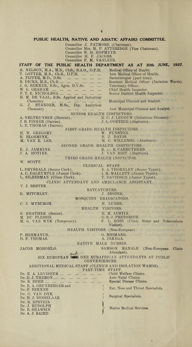 PUBLIC HEALTH, NATIVE AND ASIATIC AFFAIRS COMMITTEE. Councillor J. PATMORE (Chairman). Councillor Mrs. M. P. ATTERIDGE (Vice Chairman). Councillor W. H. HOPMEYR. Councillor H. E. JACOBS. Councillor P. M. VANLEER. STAFF OF THE PUBLIC HEALTH DEPARTMENT AS AT 30th JUNE, 1937. H. NELSON, M.A., M.B., ChB., B.A.O., D.P.H T. LOTTER, M.B., Ch.B., D.P.H. A. PIJPER, M.D., D.Sc. R. DICKS, M.B., Ch.B. J. 0. BEKKER, B.Sc., Agric. D.V.Sc. W. 0. GRAHAM . F. T. E. NICHOLSOA. Medical Officer of Health. 4sst. Medical Officer of Health. Bacteriologist (part time). Resident Medical Officer (Isolation Wards). Veterinary Officer. Chief Health Inspector. Senior District Health Inspector. H. M. DE VAAL, B.Sc. Applied and Industrial Chemistry . Municipal Chemist and Analyst. G. J. STANDEE, M.Sc., Dip. Analytical Chemistry . Asst. Municipal Chemist and Analyst. SENIOR HEALTH INSPECTORS. A. VELTHUYSEN (District). K. C. J. LUCOUW (Infectious Diseases). J. B. FISHER (Dairies). J. L. COETZEE (Abattoirs). L. E. THOMAS (Dairies). FIRST GRADE HEALTH INSPECTORS. H. W. GREGORY. R. BLOEMINK. M. VAN R. LEE. W. FUNSTON. R. J. DAVIS. M. C. WILLEMSL (Abattoirs). SECOND GRADE HEALTH INSPECTORS. E. J. JAMMINE. R. c. R. CARRUTHERS. J. A. HOTINE. J. VAN RIET (Abattoirs). W. SCOTT. THIRD GRADE HEALTH INSPECTOR. CLERICAL STAFF. L. DRYSDALE (Senior Clerk). E. A. THORNLEY (Senior Typist). A. C. DALRYMPLE (Junior Clerk). I. M. MALLETT (Junior Typist). L. SILBERMAN (Clinic Clerk). T. DAVIDSON (Junior Typist). CLINIC ATTENDANT AND AMBULANCE ASSISTANT. V. J. BESTER. RATCATCHERS. E. MITCHLEY. J. BRODIE. MOSQUITO ERADICATORS. C. J. MYBURGH. H. LUBBE. HEALTH VISITORS. S. HEATHER (Senior). II. M. AUSTIN. M. DU PLESSIS. G. S. J. PRETORIUS. M. G. VAN WYK (Temporary). F. L. ROSS (Clinic Sister and Tuberculosis Visitor). P. HERMANUS. D. F. THOMAS. JACOB MOHOHLO. HEALTH VISITORS (Non-European). G. MSIMANG. A. JEKEGA. NATIVE MALE NURSES. SAMSON RANALE Attendant). (Non-European SIX EUROPEAN ME ONE EURAFRTCAN ATTENDANTS AT PUBLIC CONVENIENCES. ADDITIONAL MEDICAL STAFF (CLINICS AND ISOLATION WARDS). PART-TIME STAFF. Dr. E. A. LEVISEUR .... Dr. D. J. THERON. Dr. S. BEHR. Child Welfare Clinics. Ante-Natal Clinics. Special Disease Clinics. Dr. E. A. GRUNBERGER and Dr. F. BEKKER Ear, Nose and Throat Specialists. Clinic Dr. G. VAN DYK Dr. H. J. BESSELAAR Dr. B. EPSTEIN Dr. J. RUDOLPH Dr. B. SHAWSIN Dr. A. J. BAIRD Surgical Specialists. Native Medical Services.