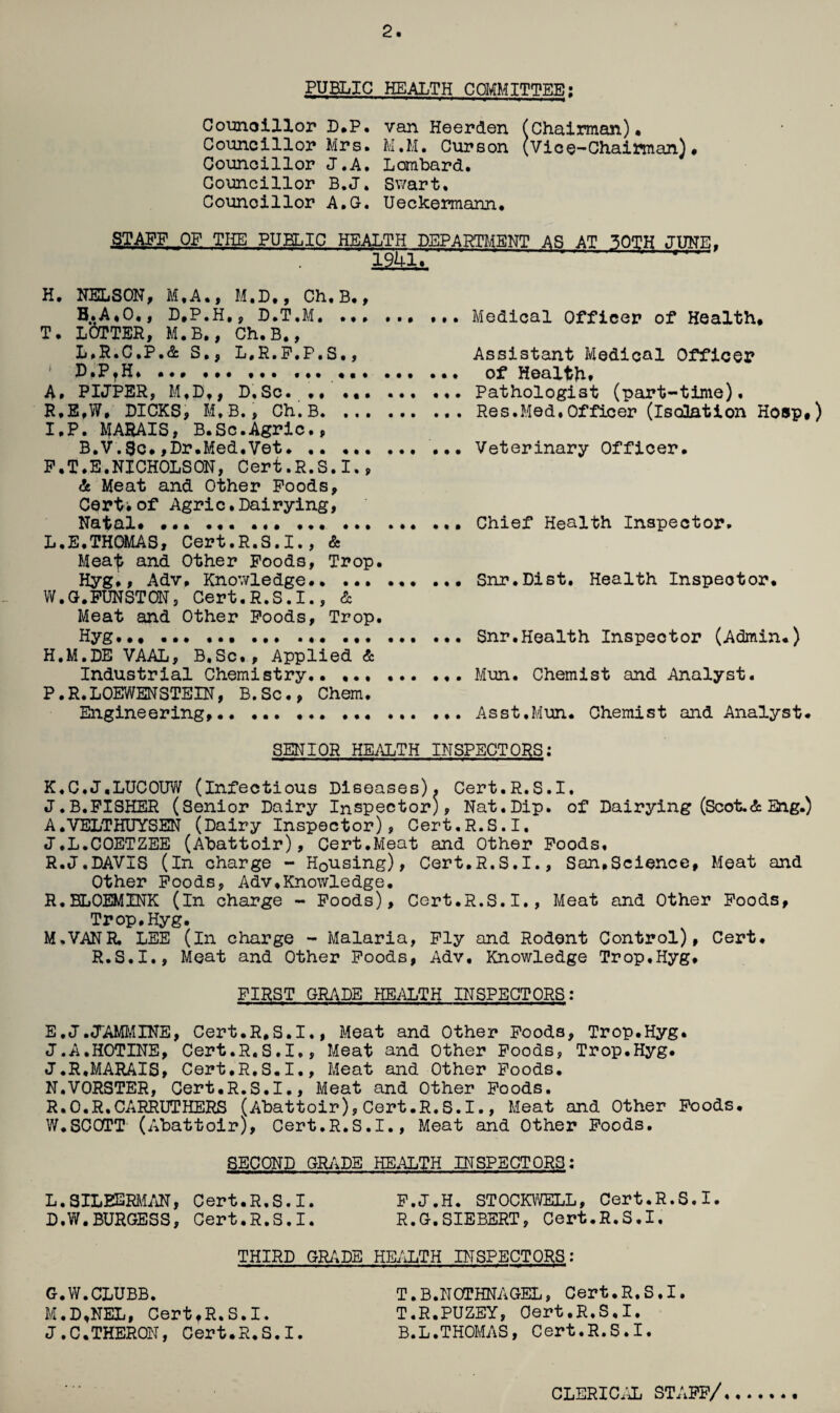 PUBLIC HEALTH COMMITTEE; Councillor D.P. van Heerden (Chairman)* Councillor Mrs. M.M. Curson (Vice-Chairman)# Councillor J.A. Lombard. Councillor B.J, Swart. Councillor A.G. Ueckermann. STAFF OF THE PUBLIC HEALTH DEPARTMENT AS AT 30TH JUNE. :iMZ —•— H. NELSON, M,A., M.D., Ch.B., B.A.O,, D,P.H,, D.T.M. ... ... ... Medical Officer of Health# T. LOTTER, M.B., Ch. B., L.R.C.P.& S., L.R.F.P.S., Assistant Medical Officer P.P?H.. .. of Healtji. A. PIJPER, M,Df, D.Sc... Pathologist (part-time). R.E.W, DICKS, M. B., Ch. B.. Res.Med, Officer (lso3ation Hosp#) I. P. MARAIS, B.Sc.Agric., B.V.8c.,Dr.Med.Vet.Veterinary Officer. F.T.E.NICHOLSON, Cert.R.S.I., & Meat and Other Foods, Cert,of Agric.Dairying, Natal. ... ... ... ... Chief Health Inspector. L. E.THOMAS, Cert.R.S.I., & Meat and Other Foods, Trop. Hyg., Adv. Knowledge.. ... Snr.Dist. Health Inspector. W.G.FUNSTON, Cert.R.S.I., & Meat and Other Foods, Trop. Hyg..# ... .. ..Snr.Health Inspector (Admin.) H.M.DE VAAL, B.Sc#, Applied & Industrial Chemistry.Mun. Chemist and Analyst. P.R.LOEWENSTEIN, B.Sc., Chem. Engineering,.. ..... Asst.Mun. Chemist and Analyst. SENIOR HEALTH INSPECTORS; K.C.J.LUCOUW (Infectious Diseases), Cert.R.S.I. J. B.FISHER (Senior Dairy Inspector), Nat.Dip. of Dairying (Scot. & Eng.) A.VELTHUYSEN (Dairy Inspector), Cert.R.S.I. J.L.COETZEE (Abattoir), Cert.Meat and Other Foods. R.J.DAVIS (In charge - H0u.sing), Cert.R.S.I., San,Science, Meat and Other Foods, Adv#Knowledge. R.BLOEMINK (In charge - Foods), Cert.R.S.I., Meat and Other Foods, Trop.Hyg. M. VANR. LEE (in charge - Malaria, Fly and Rodent Control), Cert. R.S.I., Meat and Other Foods, Adv. Knowledge Trop.Hyg. FIRST GRADE HEALTH INSPECTORS: E.J.JAMMINE, Cert.R.S.I., Meat and Other Foods, Trop.Hyg. J.A.HOTINE, Cert.R.S.I., Meat and Other Foods, Trop.Hyg. J.R,MARAIS, Cert.R.S.I., Meat and Other Foods. N.VORSTER, Cert.R.S.I., Meat and Other Foods. R.O.R.CARRUTHERS (Abattoir), Cert.R.S.I., Meat and Other Foods. W.SCOTT (Abattoir), Cert.R.S.I., Meat and Other Foods. SECOND GRADE HEALTH INSPECTORS: L. SILEERMAN, Cert.R.S.I. F.J.H. STOCKWELL, Cert.R.S.I. D.W.BURGESS, Cert.R.S.I. R.G.SIEBERT, Cert.R.S.I. THIRD GRADE HEALTH INSPECTORS: G.W.CLUBB. T.B.NOTHNAGEL, Cert.R. S • I. M. D.NEL, Cert.R.S.I. T.R.PUZEY, Cert.R.S.I. J.C.THERON, Cert.R.S.I. B.L.THOMAS, Cert.R.S.I. CLERICAL STAFF/