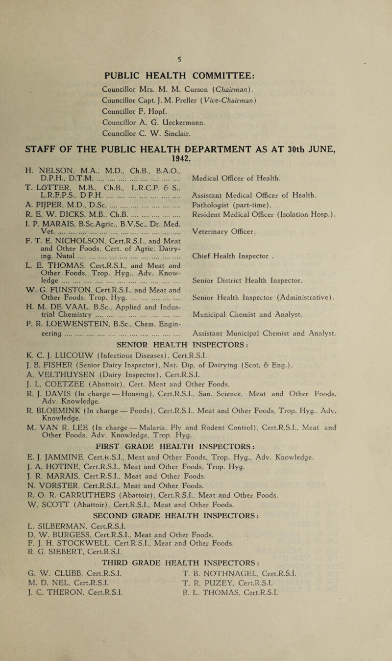 PUBLIC HEALTH COMMITTEE: Councillor Mrs. M. M. Curson (Chairman). Councillor Capt. J. M. Preller ( Vice-Chairman) Councillor F. Hopf. Councillor A. G. Ueckermann. Councillor C. W. Sinclair. STAFF OF THE PUBLIC HEALTH DEPARTMENT AS AT 30th JUNE, 1942. H. NELSON, M.A., M.D., Ch.B., B.A.O., D.P.H., D.T.M. T. LoTTER, M.B., Ch.B., L.R.C.P. & S., L.R.F.P.S., D.P.H. A. PIJPER, M.D., D.Sc. R. E. W. DICKS, M.B., Ch.B. I. P. MARAIS, B.Sc.Agric., B.V.Sc., Dr. Med. Vet. F. T. E. NICHOLSON, Cert.R.S.I., and Meat and Other Foods, Cert, of Agric. Dairy¬ ing, Natal . L. E. THOMAS, Cert.R.S.I., and Meat and Other Foods, Trop. Hyg., Adv. Know¬ ledge . W. G. FUNSTON, Cert.R.S.I., and Meat and Other Foods, Trop. Hyg. H. M. DE VAAL, B.Sc., Applied and Indus¬ trial Chemistry . P. R. LOEWENSTEIN, B.Sc., Chem. Engin¬ eering . Medical Officer of Health. Assistant Medical Officer of Health. Pathologist (part-time). Resident Medical Officer (Isolation Hosp.). Veterinary Officer. Chief Health Inspector . Senior District Health Inspector. Senior Health Inspector (Administrative). Municipal Chemist and Analyst. Assistant Municipal Chemist and Analyst. SENIOR HEALTH INSPECTORS: K. C. J. LUCOUW (Infectious Diseases), Cert.R.S.I. J. B. FISHER (Senior Dairy Inspector), Nat. Dip. of Dairying (Scot. & Eng.). A. VELTHUYSEN (Dairy Inspector), Cert.R.S.I. J. L. COETZEE (Abattoir), Cert. Meat and Other Foods. R. J. DAVIS (In charge — Housing), Cert.R.S.I., San. Science, Meat and Other Foods, Adv. Knowledge. R. BLOEMINK (In charge — Foods), Cert.R.S.I., Meat and Other Foods, Trop. Hyg., Adv> Knowledge. M. VAN R. LEE (In charge — Malaria, Fly and Rodent Control), Cert.R.S.I., Meat and Other Foods, Adv. Knowledge, Trop. Hyg. FIRST GRADE HEALTH INSPECTORS: E. J. JAMMINE, Cert.k.S.I., Meat and Other Foods, Trop. Hyg., Adv. Knowledge. J. A. HOTINE, Cert.R.S.I., Meat and Other Foods, Trop. Hyg. }. R. MARAIS, Cert.R.S.I., Meat and Other Foods. N. VORSTER, Cert.R.S.I., Meat and Other Foods. R. O. R. CARRUTHERS (Abattoir), Cert.R.S.I., Meat and Other Foods. W. SCOTT (Abattoir), Cert.R.S.I., Meat and Other Foods. SECOND GRADE HEALTH INSPECTORS: L. SILBERMAN, Cert.R.S.I. D. W. BURGESS, Cert.R.S.I., Meat and Other Foods. F. J. H. STOCKWELL, Cert.R.S.I., Meat and Other Foods. R. G. SIEBERT, Cert.R.S.I. THIRD GRADE HEALTH INSPECTORS : G. W. CLUBB, Cert.R.S.I. T. B. NOTHNAGEL, Cert.R.S.I. M. D. NEL, Cert.R.S.I. T. R. PUZEY, Cert.R.S.I. J. C. THERON, Cert.R.S.I. B. L. THOMAS, Cert.R.S.I.