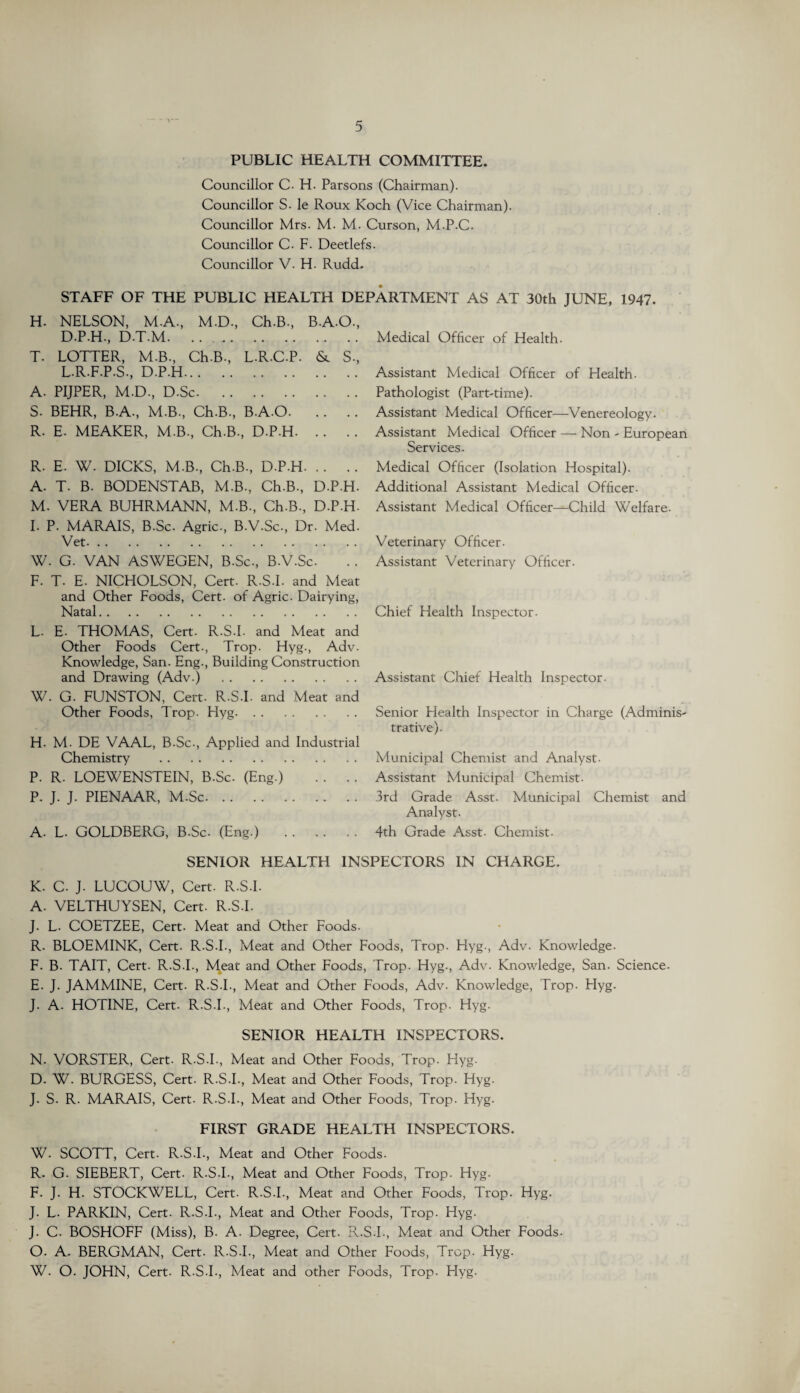 * 1— 5 PUBLIC HEALTH COMMITTEE. Councillor C- H. Parsons (Chairman). Councillor S. le Roux Koch (Vice Chairman). Councillor Mrs. M. M. Curson, M.P.C. Councillor C. F. Deetlefs. Councillor V. H. Rudd. STAFF OF THE PUBLIC HEALTH DEPARTMENT AS AT 30th JUNE, 1947. H. NELSON, M.A., M.D., Ch.B., B.A.O., D.P.H., D.T.M. T. LOTTER, M.B., Ch.B., L.R.C.P. & S., L.R.F.P.S., D.P.H. A. PIJPER, M.D., D.Sc. S. BEHR, B.A., M.B., Ch.B., B.A.O. R. E. MEAKER, M.B., Ch.B., D.P.H. R. E. W. DICKS, M.B., Ch.B., D.P.H. A. T. B. BODENSTAB, M.B., Ch.B., D.P.H. M. VERA BUHRMANN, M.B., Ch.B., D.P.H. I. P. MARAIS, B.Sc. Agric., B.V.Sc., Dr. Med. Vet. W. G. VAN ASWEGEN, B.Sc., B.V.Sc. F. T. E. NICHOLSON, Cert. R.S.I. and Meat and Other Foods, Cert, of Agric. Dairying, Natal. L. E- THOMAS, Cert. R.S.I. and Meat and Other Foods Cert., Trop. Hyg., Adv. Knowledge, San. Eng., Building Construction and Drawing (Adv.) . W. G. FUNSTON, Cert. R.S.I. and Meat and Other Foods, Trop. Hyg. H. M. DE VAAL, B.Sc., Applied and Industrial Chemistry . P. R. LOEWENSTEIN, B.Sc. (Eng.) .. P. J. J. PIENAAR, M.Sc. A. L. GOLDBERG, B.Sc. (Eng.) . Medical Officer of Health. Assistant Medical Officer of Health. Pathologist (Part-time). Assistant Medical Officer—Venereology. Assistant Medical Officer — Non - European Services. Medical Officer (Isolation Hospital). Additional Assistant Medical Officer. Assistant Medical Officer—Child Welfare. Veterinary Officer. Assistant Veterinary Officer. Chief Health Inspector. Assistant Chief Health Inspector. Senior Health Inspector in Charge (Adminis¬ trative). Municipal Chemist and Analyst. Assistant Municipal Chemist. 3rd Grade Asst. Municipal Chemist and Analyst. 4th Grade Asst- Chemist. SENIOR HEALTH INSPECTORS IN CHARGE. K. C. J. LUCOUW, Cert. R.S.I. A. VELTHUYSEN, Cert. R.S.I. J. L- COETZEE, Cert. Meat and Other Foods. R. BLOEMINK, Cert. R.S.I., Meat and Other Foods, Trop. Hyg., Adv. Knowledge. F. B. TAIT, Cert. R.S.I., Meat and Other Foods, Trop. Hyg., Adv. Knowledge, San. Science. E. J. JAMMINE, Cert. R.S.I., Meat and Other Foods, Adv. Knowledge, Trop. Flyg. J. A. HOTINE, Cert. R.S.I., Meat and Other Foods, Trop. Hyg. SENIOR HEALTH INSPECTORS. N. VORSTER, Cert. R.S.I., Meat and Other Foods, Trop. Hyg. D. W. BURGESS, Cert. R.S.I., Meat and Other Foods, Trop. Hyg. J. S. R. MARAIS, Cert. R.S.I., Meat and Other Foods, Trop. Hyg. FIRST GRADE HEALTH INSPECTORS. W. SCOTT, Cert. R.S.I., Meat and Other Foods. R. G. SIEBERT, Cert. R.S.I., Meat and Other Foods, Trop. Hyg. F. J. H. STOCKWELL, Cert. R.S.I., Meat and Other Foods, Trop. Hyg. J. L. PARKIN, Cert. R.S.I., Meat and Other Foods, Trop. Hyg. J. C- BOSHOFF (Miss), B. A. Degree, Cert. R.S.I., Meat and Other Foods. O. A. BERGMAN, Cert. R.S.I., Meat and Other Foods, Trop. Hyg. W. O. JOHN, Cert. R.S.I., Meat and other Foods, Trop. Hyg-
