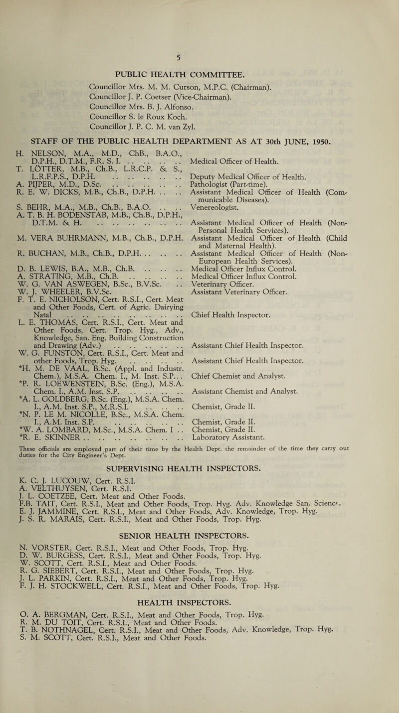 PUBLIC HEALTH COMMITTEE. Councillor Mrs. M. M. Curson, M.P.C. (Chairman). Councillor J. P. Coetser (Vice-Chairman). Councillor Mrs. B. J. Alfonso. Councillor S. le Roux Koch. Councillor J. P. C. M. van Zyl. STAFF OF THE PUBLIC HEALTH DEPARTMENT AS AT 30th JUNE, 1950. H. NELSON, M.A., M.D., ChB., B.A.O., D.P.H., D.T.M., F.R. S. I. T. LOTTER, M.B., Ch.B., L.R.C.P. & S., L.R.F.P.S., D.P.H. A. PIJPER, M.D., D.Sc. R. E. W. DICKS, M.B., Ch.B., D.P.H. S. BEHR, M.A., M.B., Ch.B., B.A.O. A. T. B. H. BODENSTAB, M.B., Ch.B., D.P.H., D.T.M. & H. M. VERA BUHRMANN, M.B., Ch.B., D.P.H. R. BUCHAN, M.B., Ch.B., D.P.H. D. B. LEWIS, B.A., M.B., Ch.B. A. STRATING, M.B., Ch.B. W. G. VAN ASWEGEN, B.Sc., B.V.Sc. W. J. WHEELER, B.V.Sc. F. T. E. NICHOLSON, Cert. R.S.I., Cert. Meat and Other Foods, Cert, of Agric. Dairying Natal . L. E. THOMAS, Cert. R.S.I., Cert. Meat and Other Foods, Cert. Trop. Hyg., Adv., Knowledge, San. Eng. Building Construction and Drawing (Adv.) . W. G. FUNSTON, Cert. R.S.I., Cert. Meat and other Foods, Trop. Hyg. *H. M. DE VAAL, B.Sc. (Appl. and Industr. Chem.), M.S.A. Chem. I., M. Inst. S.P... *P. R. LOEWENSTEIN, B.Sc. (Eng.), M.S.A. Chem. I., A.M. Inst. S.P. *A. L. GOLDBERG, B.Sc. (Eng.), M.S.A. Chem. I., A.M. Inst. S.P., M.R.S.I. . *N. P. LE M. NICOLLE, B.Sc., M.S.A. Chem. I., A.M. Inst. S.P. . *W. A. LOMBARD, M.Sc., M.S.A. Chem. I .. *R. E. SKINNER. Medical Officer of Health. Deputy Medical Officer of Health. Pathologist (Part-time). Assistant Medical Officer of Health (Com¬ municable Diseases). Venereologist. Assistant Medical Officer of Health (Non- Personal Health Services). Assistant Medical Officer of Health (Child and Maternal Health). Assistant Medical Officer of Health (Non- European Health Services). Medical Officer Influx Control. Medical Officer Influx Control. Veterinary Officer. Assistant Veterinary Officer. Chief Health Inspector. Assistant Chief Health Inspector. Assistant Chief Health Inspector. Chief Chemist and Analyst. Assistant Chemist and Analyst. Chemist, Grade II. Chemist, Grade II. Chemist, Grade II. Laboratory Assistant. These officials are employed part of their time by the Health Dept, the remainder of the time they carry out duties for the City Engineer's Dept. SUPERVISING HEALTH INSPECTORS. K. C. J. LUCOUW, Cert. R.S.I. A. VELTHUYSEN, Cert. R.S.I. J. L. COETZEE, Cert. Meat and Other Foods. F.B. TAIT, Cert. R.S.I., Meat and Other Foods, Trop. Hyg. Adv. Knowledge San. Science. E. J. JAMMINE, Cert. R.S.I., Meat and Other Foods, Adv. Knowledge, Trop. Hyg. J. S. R. MARAIS, Cert. R.S.I., Meat and Other Foods, Trop. Hyg. SENIOR HEALTH INSPECTORS. N. VORSTER, Cert. R.S.I., Meat and Other Foods, Trop. Hyg. D. W. BURGESS, Cert. R.S.I., Meat and Other Foods, Trop. Hyg. W. SCOTT, Cert. R.S.I., Meat and Other Foods. R. G. SIEBERT, Cert. R.S.I., Meat and Other Foods, Trop. Hyg. J. L. PARKIN, Cert. R.S.I., Meat and Other Foods, Trop. Hyg. F. J. H. STOCKWELL, Cert. R.S.I., Meat and Other Foods, Trop. Hyg. HEALTH INSPECTORS. O. A. BERGMAN, Cert. R.S.I., Meat and Other Foods, Trop. Hyg. R. M. DU TOIT, Cert. R.S.I., Meat and Other Foods. T. B. NOTHNAGEL, Cert. R.S.I., Meat and Other Foods, Adv. Knowledge, Trop. Hyg. S. M. SCOTT, Cert. R.S.I., Meat and Other Foods.