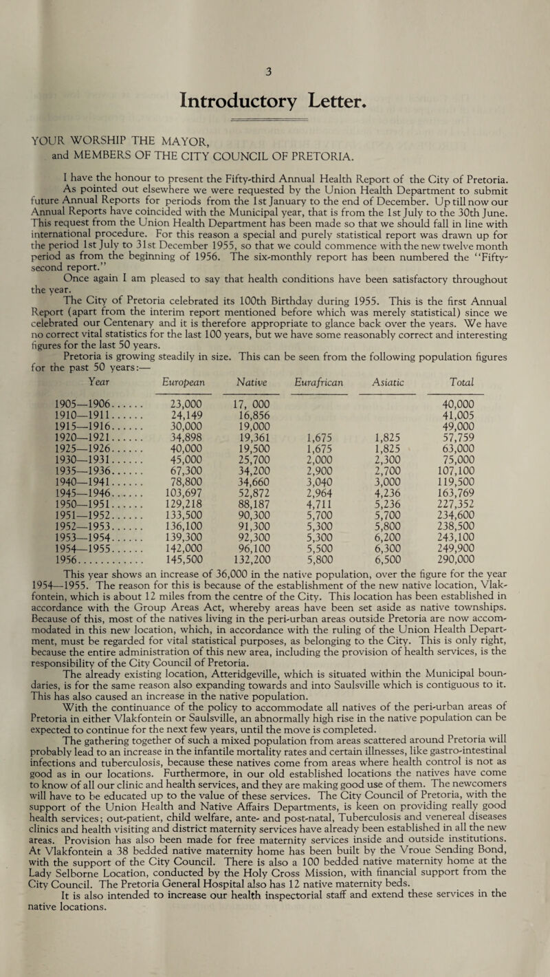 Introductory Letter. YOUR WORSHIP THE MAYOR, and MEMBERS OF THE CITY COUNCIL OF PRETORIA. I have the honour to present the Fifty-third Annual Health Report of the City of Pretoria. As pointed out elsewhere we were requested by the Union Health Department to submit future Annual Reports for periods from the 1st January to the end of December. Up till now our Annual Reports have coincided with the Municipal year, that is from the 1st July to the 30th June. Phis request from the Union Health Department has been made so that we should fall in line with international procedure. For this reason a special and purely statistical report was drawn up for the period 1st July to 31st December 1955, so that we could commence with the new twelve month period as from the beginning of 1956. The six-monthly report has been numbered the “Fifty' second report.” Once again I am pleased to say that health conditions have been satisfactory throughout the year. The City of Pretoria celebrated its 100th Birthday during 1955. This is the first Annual Report (apart from the interim report mentioned before which was merely statistical) since we celebrated our Centenary and it is therefore appropriate to glance back over the years. We have no correct vital statistics for the last 100 years, but we have some reasonably correct and interesting figures for the last 50 years. Pretoria is growing steadily in size. This can be seen from the following population figures for the past 50 years:— Year European Native Eurafrican Asiatic Total 1905- -1906. 23,000 17, 000 40,000 1910- -1911. 24,149 16,856 41,005 1915- -1916. 30,000 19,000 49,000 1920- -1921. 34,898 19,361 1,675 1,825 57,759 1925- -1926. 40,000 19,500 1,675 1,825 63,000 1930- -1931. 45,000 25,700 2,000 2,300 75,000 1935- -1936. 67,300 34,200 2,900 2,700 107,100 1940- -1941. 78,800 34,660 3,040 3,000 119,500 1945- -1946. 103,697 52,872 2,964 4,236 163,769 1950- -1951. 129,218 88,187 4,711 5,236 227,352 1951- -1952. 133,500 90,300 5,700 5,700 234,600 1952- -1953. 136,100 91,300 5,300 5,800 238,500 1953- -1954. 139,300 92,300 5,300 6,200 243,100 1954- -1955. 142,000 96,100 5,500 6,300 249,900 1956. 145,500 132,200 5,800 6,500 290,000 This year shows an increase of 36,000 in the native population, over the figure for the year 1954—1955. The reason for this is because of the establishment of the new native location, Vlak- fontein, which is about 12 miles from the centre of the City. This location has been established in accordance with the Group Areas Act, whereby areas have been set aside as native townships. Because of this, most of the natives living in the peri-urban areas outside Pretoria are now accom¬ modated in this new location, which, in accordance with the ruling of the Union Health Depart¬ ment, must be regarded for vital statistical purposes, as belonging to the City. This is only right, because the entire administration of this new area, including the provision of health services, is the responsibility of the City Council of Pretoria. The already existing location, Atteridgeville, which is situated within the Municipal boun¬ daries, is for the same reason also expanding towards and into Saulsville which is contiguous to it. This has also caused an increase in the native population. With the continuance of the policy to accommodate all natives of the peri-urban areas of Pretoria in either Vlakfontein or Saulsville, an abnormally high rise in the native population can be expected to continue for the next few years, until the move is completed. The gathering together of such a mixed population from areas scattered around Pretoria will probably lead to an increase in the infantile mortality rates and certain illnesses, like gastro-intestinal infections and tuberculosis, because these natives come from areas where health control is not as good as in our locations. Furthermore, in our old established locations the natives have come to know of all our clinic and health services, and they are making good use of them. The newcomers will have to be educated up to the value of these services. The City Council of Pretoria, with the support of the Union Health and Native Affairs Departments, is keen on providing really good health services; out-patient, child welfare, ante- and post-natal, Tuberculosis and venereal diseases clinics and health visiting and district maternity services have already been established in all the new areas. Provision has also been made for free maternity services inside and outside institutions. At Vlakfontein a 38 bedded native maternity home has been built by the Vroue Sending Bond, with the support of the City Council. There is also a 100 bedded native maternity home at the Lady Selborne Location, conducted by the Holy Cross Mission, with financial support from the City Council. The Pretoria General Hospital also has 12 native maternity beds. It is also intended to increase our health inspectorial staff and extend these services in the native locations.