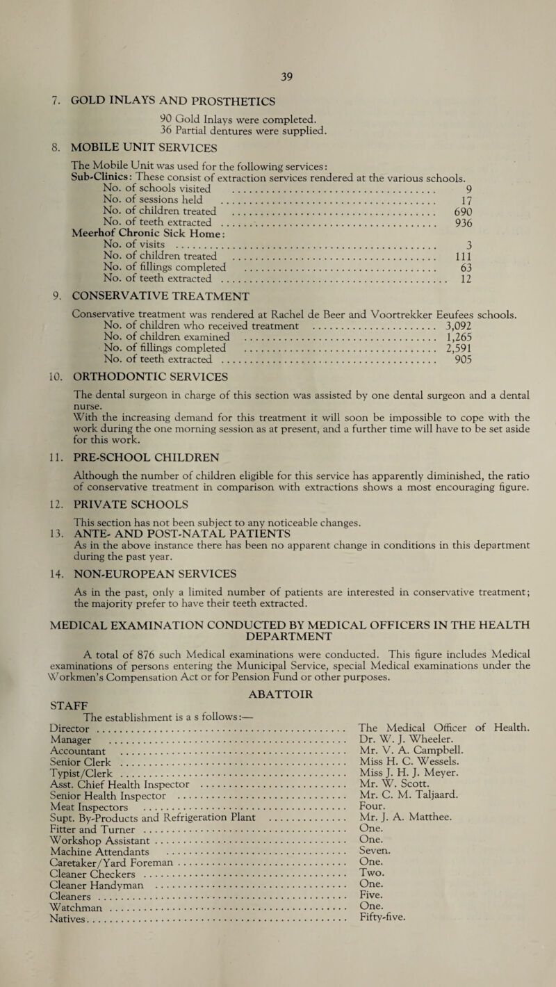 7. GOLD INLAYS AND PROSTHETICS 90 Gold Inlays were completed. 36 Partial dentures were supplied. 8. MOBILE UNIT SERVICES The Mobile Unit was used for the following services: Sub-Clinics: These consist of extraction services rendered at the various schools. No. of schools visited . 9 No. of sessions held . 17 No. of children treated . 690 No. of teeth extracted . 936 Meerhof Chronic Sick Home: No. of visits . 3 No. of children treated . Ill No. of fillings completed . 63 No. of teeth extracted . 12 9. CONSERVATIVE TREATMENT Conservative treatment was rendered at Rachel de Beer and Voortrekker Eeufees schools. No. of children who received treatment . 3,092 No. of children examined . 1,265 No. of fillings completed . 2,591 No. of teeth extracted . 905 10. ORTHODONTIC SERVICES The dental surgeon in charge of this section was assisted by one dental surgeon and a dental nurse. With the increasing demand for this treatment it will soon be impossible to cope with the work during the one morning session as at present, and a further time will have to be set aside for this work. 11. PRE-SCHOOLCHILDREN Although the number of children eligible for this service has apparently diminished, the ratio of conservative treatment in comparison with extractions shows a most encouraging figure. 12. PRIVATE SCHOOLS This section has not been subject to any noticeable changes. 13. ANTE- AND POST-NATAL PATIENTS As in the above instance there has been no apparent change in conditions in this department during the past year. 14. NON-EUROPEAN SERVICES As in the past, only a limited number of patients are interested in conservative treatment; the majority prefer to have their teeth extracted. MEDICAL EXAMINATION CONDUCTED BY MEDICAL OFFICERS IN THE HEALTH DEPARTMENT A total of 876 such Medical examinations were conducted. This figure includes Medical examinations of persons entering the Municipal Service, special Medical examinations under the Workmen’s Compensation Act or for Pension Fund or other purposes. ABATTOIR STAFF The establishment is a s follows:— Director . Manager . Accountant . Senior Clerk . Typist/Clerk . Asst. Chief Health Inspector . Senior Health Inspector . Meat Inspectors . Supt. By-Products and Refrigeration Plant . Fitter and Turner . Workshop Assistant. Machine Attendants . Caretaker/Yard Foreman. Cleaner Checkers . Cleaner Handyman . Cleaners . Watchman . Natives... The Medical Officer Dr. W. J. Wheeler. Mr. V. A. Campbell. Miss H. C. Wessels. Miss J. H. J. Meyer. Mr. W. Scott. Mr. C. M. Taljaard. Four. Mr. J. A. Matthee. One. One. Seven. One. Two. One. Five. One. Fifty-five. of Health.