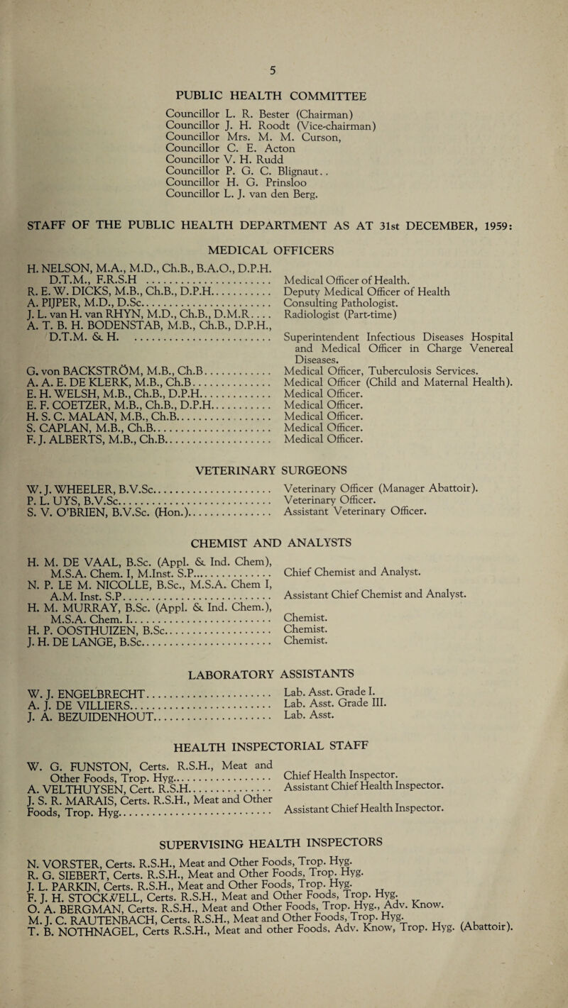PUBLIC HEALTH COMMITTEE Councillor L. R. Bester (Chairman) Councillor J. H. Roodt (Vice-chairman) Councillor Mrs. M. M. Curson, Councillor C. E. Acton Councillor V. H. Rudd Councillor P. G. C. Blignaut.. Councillor H. G. Prinsloo Councillor L. J. van den Berg. STAFF OF THE PUBLIC HEALTH DEPARTMENT AS AT 31st DECEMBER, 1959: MEDICAL OFFICERS H. NELSON, M.A., M.D., Ch.B., B.A.O., D.P.H. D.T.M., F.R.S.H . R. E. W. DICKS, M.B., Ch.B., D.P.H. A. PIJPER, M.D., D.Sc. J. L. van H. van RHYN, M.D., Ch.B., D.M.R.... A. T. B. H. BODENSTAB, M.B., Ch.B., D.P.H., D.T.M. &. H. G. von BACKSTROM, M.B., Ch.B. A. A. E. DE KLERK, M.B., Ch.B. E. H. WELSH, M.B., Ch.B., D.P.H. E. F. COETZER, M.B., Ch.B., D.P.H. H. S. C. MALAN, M.B., Ch.B.. S. CAPLAN, M.B., Ch.B. F. J. ALBERTS, M.B., Ch.B. Medical Officer of Health. Deputy Medical Officer of Health Consulting Pathologist. Radiologist (Part-time) Superintendent Infectious Diseases Hospital and Medical Officer in Charge Venereal Diseases. Medical Officer, Tuberculosis Services. Medical Officer (Child and Maternal Health). Medical Officer. Medical Officer. Medical Officer. Medical Officer. Medical Officer. VETERINARY SURGEONS W. J. WHEELER, B.V.Sc. Veterinary Officer (Manager Abattoir). P. L. UYS, B.V.Sc. Veterinary Officer. S. V. O’BRIEN, B.V.Sc. (Hon.). Assistant Veterinary Officer. CHEMIST AND ANALYSTS H. M. DE VAAL, B.Sc. (Appl. & Ind. Chem), M.S.A. Chem. I, M.Inst. S.P. N. P. LE M. NICOLLE, B.Sc., M.S.A. Chem I, A.M. Inst. S.P. H. M. MURRAY, B.Sc. (Appl. & Ind. Chem.), M.S.A. Chem. I. H. P. OOSTHUIZEN, B.Sc. J. H. DE LANGE, B.Sc. Chief Chemist and Analyst. Assistant Chief Chemist and Analyst. Chemist. Chemist. Chemist. LABORATORY ASSISTANTS W. J. ENGELBRECHT. Lab. Asst. Grade I. A. J. DE VILLIERS. Lab. Asst. Grade III. J. A. BEZUIDENHOUT. Lab. Asst. HEALTH INSPECTORIAL STAFF W. G. FUNSTON, Certs. R.S.H., Meat and Other Foods, Trop. Hyg. A. VELTHUYSEN, Cert. R.S.H. J. S. R. MARAIS, Certs. R.S.H., Meat and Other Foods, Trop. Hyg. Chief Health Inspector. Assistant Chief Health Inspector. Assistant Chief Health Inspector. SUPERVISING HEALTH INSPECTORS N. VORSTER, Certs. R.S.H., Meat and Other Foods, Trop. Hyg. R. G. SIEBERT, Certs. R.S.H., Meat and Other Foods, Trop. Hyg. J. L. PARKIN, Certs. R.S.H., Meat and Other Foods, Trop. Hyg. F. J. H. STOCKVELL, Certs. R.S.H., Meat and Other Foods, Trop. Hyg. O. A. BERGMAN, Certs. R.S.H., Meat and Other Foods, Trop. Hyg., Adv. Know. M. J. C. RAUTENBACH, Certs. R.S.H., Meat and Other Foods Trop. Hyg. T. B. NOTHNAGEL, Certs R.S.H., Meat and other Foods, Adv. Know, Trop. Hyg. (Abattoir).