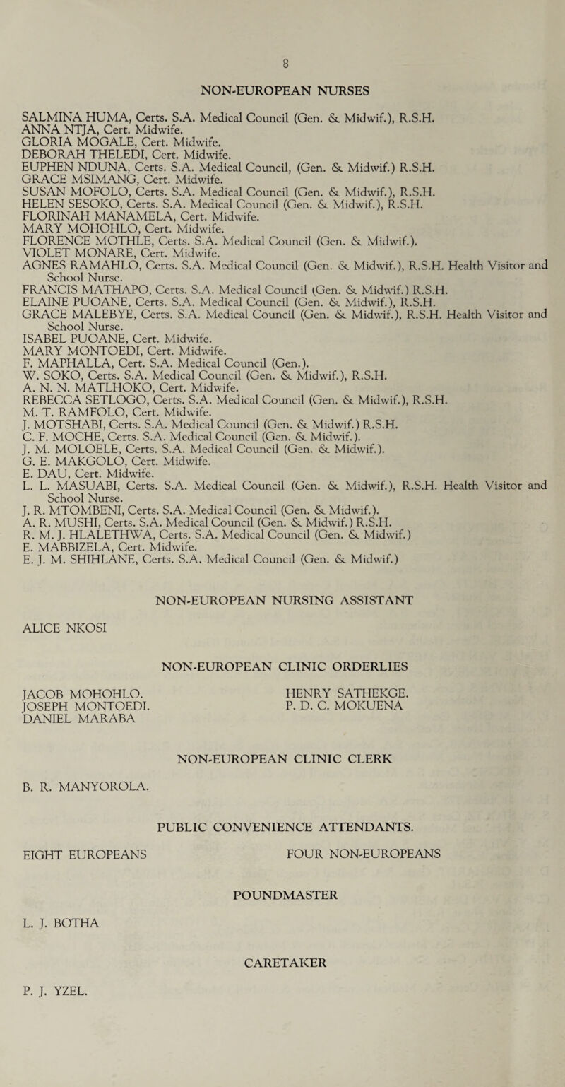 NON-EUROPEAN NURSES SALMINA HUMA, Certs. S.A. Medical Council (Gen. & Midwif.), R.S.H. ANNA NTJA, Cert. Midwife. GLORIA MOGALE, Cert. Midwife. DEBORAH THELEDI, Cert. Midwife. EUPHEN NDUNA, Certs. S.A. Medical Council, (Gen. &. Midwif.) R.S.H. GRACE MSIMANG, Cert. Midwife. SUSAN MOFOLO, Certs. S.A. Medical Council (Gen. & Midwif.), R.S.H. HELEN SESOKO, Certs. S.A. Medical Council (Gen. <St Midwif.), R.S.H. FLORINAH MANAMELA, Cert. Midwife. MARY MOHOHLO, Cert. Midwife. FLORENCE MOTHLE, Certs. S.A. Medical Council (Gen. &. Midwif.). VIOLET MONARE, Cert. Midwife. AGNES RAMAHLO, Certs. S.A. Medical Council (Gen. Sc Midwif.), R.S.H. Health Visitor and School Nurse. FRANCIS MATHAPO, Certs. S.A. Medical Council ^Gen. <Se Midwif.) R.S.H. ELAINE PUOANE, Certs. S.A. Medical Council (Gen. & Midwif.), R.S.H. GRACE MALEBYE, Certs. S.A. Medical Council (Gen. & Midwif.), R.S.H. Health Visitor and School Nurse. ISABEL PUOANE, Cert. Midwife. MARY MONTOEDI, Cert. Midwife. F. MAPHALLA, Cert. S.A. Medical Council (Gen.). W. SOKO, Certs. S.A. Medical Council (Gen. & Midwif.), R.S.H. A. N. N. MATLHOKO, Cert. Midwife. REBECCA SETLOGO, Certs. S.A. Medical Council (Gen. & Midwif.), R.S.H. M. T. RAMFOLO, Cert. Midwife. J. MOTSHABI, Certs. S.A. Medical Council (Gen. & Midwif.) R.S.H. C. F. MOCHE, Certs. S.A. Medical Council (Gen. & Midwif.). J. M. MOLOELE, Certs. S.A. Medical Council (Gen. & Midwif.). G. E. MAKGOLO, Cert. Midwife. E. DAU, Cert. Midwife. L. L. MASUABI, Certs. S.A. Medical Council (Gen. & Midwif.), R.S.H. Health Visitor and School Nurse. J. R. MTOMBENI, Certs. S.A. Medical Council (Gen. <Sc Midwif.). A. R. MUSHI, Certs. S.A. Medical Council (Gen. & Midwif.) R.S.H. R. M. J. HLALETHWA, Certs. S.A. Medical Council (Gen. <Se Midwif.) E. MABBIZELA, Cert. Midwife. E. J. M. SHIHLANE, Certs. S.A. Medical Council (Gen. & Midwif.) NON-EUROPEAN NURSING ASSISTANT ALICE NKOSI NON-EUROPEAN CLINIC ORDERLIES JACOB MOHOHLO. HENRY SATHEKGE. JOSEPH MONTOEDI. P. D. C. MOKUENA DANIEL MARABA NON-EUROPEAN CLINIC CLERK B. R. MANYOROLA. PUBLIC CONVENIENCE ATTENDANTS. EIGHT EUROPEANS FOUR NON-EUROPEANS POUNDMASTER L. J. BOTHA CARETAKER P. J. YZEL.