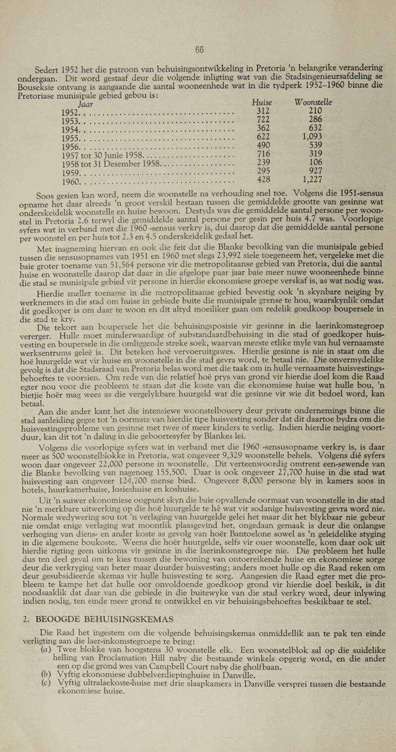 Sedert 1952 het die patroon van behuisingsontwikkeling in Pretoria ’n belangrike verandering ondergaan. Dit word gestaaf deur die volgende inligting wat van die Stadsingenieursafdeling se Bouseksie ontvang is aangaande die aantal wooneenhede wat in die tydperk 1952-1960 binne die Pretoriase munisipale gebied gebou is: jaar Huise Woonstelle 1952 . 312 210 1953 . 722 286 1954 ' 362 632 1955;.;;;;;;. 622 1,093 1956 . 490 539 1957 tot 30 Junie 1958. 716 319 1958 tot 31 Desember 1958. 239 106 .. 295 927 1960. 428 1,227 Soos gesien kan word, neem die woonstelle na verhouding snel toe. Volgens die 1951-sensus opname het daar alreeds ’n groot verskil bestaan tussen die gemiddelde grootte van gesinne wat onderskeidelik woonstelle en huise bewoon. Destyds was die gemiddelde aantal persone per woon- stel in Pretoria 2.6 terwyl die gemiddelde aantal persone per gesin per huis 4.7 was. Voorlopige syfers wat in verband met die 1960 -sensus verkry is, dui daarop dat die gemiddelde aantal persone per woonstel en per huis tot 2.3 en 4.5 onderskeidelik gedaal het. Met inagneming hiervan en 00k die feit dat die Blanke bevolking van die munisipale gebied tussen die seiisusopnames van 1951 en 1960 met slegs 23,992 siele toegeneem het, vergeleke met die baie aroter toename van 51,564 persone vir die metropolitaanse gebied van Pretoria, dui die aantal huise^en woonstelle daarop dat daar in die afgelope paar jaar baie meer nuwe wooneenhede binne die stad se munisipale gebied vir persone in hierdie ekonomiese groepe verskaf is, as wat nodig was. Hierdie sneller toename in die metropolitaanse gebied bevestig 00k ’n skynbare neiging by werknemers in die stad om huise in gebiede buite die munisipale grense te hou, waarskynlik omdat dit goedkoper is om daar te woon en dit altyd moeiliker gaan om redelik goedkoop boupersele in die stad te kry. Die tekort aan boupersele het die behuisingsposisie vir gesinne in die laerinkomstegroep vererger. Hulle moet minderwaardige of substandaardbehuising in die stad of goedkoper huis^ vesting en boupersele in die omliggende streke soelc, waarvan meeste etlike myle van hul vernaamste werksentrums gelee is. Dit beteken hoe vervoeruitgawes. Hierdie gesinne is nie in staat om die hoe huurgelde wat vir huise en woonstelle in die stad gevra word, te betaal nie. Die onvermydelike gevolg is dat die Stadsraad van Pretoria belas word met die taak om in hulle vernaamste huisvestings- behoeftes te voorsien. Om rede van die relatief hoe prys van grond vir hierdie doel kom die Raad egter nou voor die probleem te staan dat die koste van die ekonomiese huise wat hulle bou, ’n bietjie hoer mag wees as die vergelykbare huurgeld wat die gesinne vir wie dit bedoel word, kan betaal. Aan die ander kant het die intensiewe woonstelbouery deur private ondernemings binne die stad aanleiding gegee tot ’n oormate van hierdie tipe huisvesting sonder dat dit daartoe bydra om die huisvestingsprobleme van gesinne met twee of meer kinders te verlig. Indien hierdie neiging voort- duur, kan dit tot ’n daling in die geboortesyfer by Blankes lei. Volgens die voorlopige syfers wat in verband met die 1960 -sensusopname verkry is, is daar meer as 500 woonstelblokke in Pretoria, wat ongeveer 9,329 woonstelle behels. Volgens die syfers woon daar ongeveer 22,000 persone in woonstelle. Dit verteenwoordig omtrent een-sewende van die Blanke bevolking van nagenoeg 155,500. Daar is 00k ongeveer 27,700 huise in die stad wat huisvesting aan ongeveer 124,700 mense bied. Ongeveer 8,000 persone bly in kamers soos in hotels, huurkamerhuise, losieshuise en koshuise. Uit ’n suiwer ekonomiese oogpunt skyn die baie opvallende oormaat van woonstelle in die stad nie ’n merkbare uitwerlcing op die hoe huurgelde te he wat vir sodanige huisvesting gevra word nie. Normale wedywering sou tot ’n verlaging van huurgelde gelei het maar dit het blykbaar nie gebeur nie omdat enige verlaging wat moontlik plaasgevind het, ongedaan gemaak is deur die onlangse verhoging van diens- en ander koste as gevolg van hoer Bantoelone sowel as ’n geleidelike styging in die algemene boukoste. Weens die hoer huurgelde, seifs vir ouer woonstelle, kom daar 00k uit hierdie rigting geen uitkoms vir gesinne in die laerinkomstegroepe nie. Die probleem het hulle dus ten deel geval om te kies tussen die bewoning van ontoereikende huise en ekonomiese sorge deur die verkryging van beter maar duurder huisvesting; anders moet hulle op die Raad reken om deur gesubsidieerde skemas vir hulle huisvesting te sorg. Aangesien die Raad egter met die pro- bleem te kampe het dat hulle oor onvoldoende goedkoop grond vir hierdie doel beskik, is dit noodsaaklik dat daar van die gebiede in die buitewyke van die stad verkry word, deur inlywing indien nodig, ten einde meer grond te ontwikkel en vir behuisingsbehoeftes beskikbaar te stel. 2. BEOOGDE BEHUIS1NGSKEMAS Die Raad het ingestem om die volgende behuisingskemas onmiddellik aan te pak ten einde verligting aan die laer-inkomstegroepe te bring: (a) Twee blokke van hoogstens 30 woonstelle elk. Een woonstelblok sal op die suidelike helling van Proclamation Hill naby die bestaande winkels opgerig word, en die ander een op die grond wes van Campbell Court naby die gholfbaan. (b) Vyftig ekonomiese dubbelverdiepinghuise in Danville. (c) Vyftig ultralaekoste-huise met drie slaapkamers in Danville versprei tussen die bestaande ekonomiese huise.