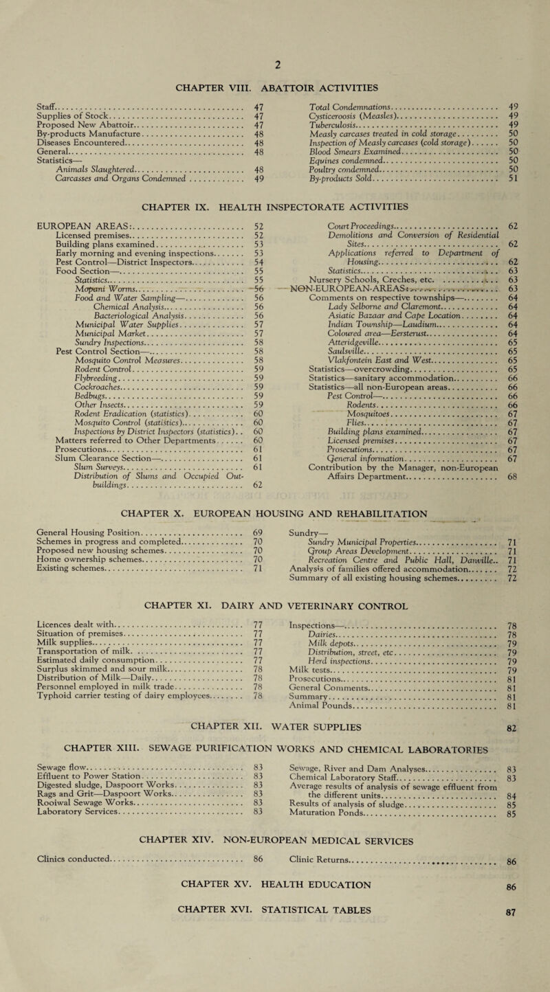 CHAPTER VIII. Staff... Supplies of Stock. Proposed New Abattoir. By-products Manufacture. Diseases Encountered. General. Statistics— Animals Slaughtered. Carcasses and Organs Condemned. ABATTOIR ACTIVITIES 47 Total Condemnations... 49 47 Cysticeroosis (Measles). 49 47 Tuberculosis. 49 48 Measly carcases treated in cold storage. 50 48 Inspection of Measly carcases (cold storage). 50 48 Blood Smears Examined. 50 Equines condemned. 50 48 Poultry condemned. 50 49 By-products Sold. 51 CHAPTER IX. HEALTH INSPECTORATE ACTIVITIES EUROPEAN AREAS:. 52 Licensed premises.. 52 Building plans examined. 53 Early morning and evening inspections. 53 Pest Control—District Inspectors. 54 Food Section—. 55 Statistics. 55 Mopani Worms. 56 Food and Water Sampling—. 56 Chemical Analysis. 56 Bacteriological Analysis. 56 Municipal Water Supplies. 57 Municipal Market. 57 Sundry Inspections. 58 Pest Control Section—. 58 Mosquito Control Measures. 58 Rodent Control. 59 Flybreeding. 59 Cockroaches. 59 Bedbugs. 59 Other Insects. 59 Rodent Eradication (statistics). 60 Mosquito Control (statistics). 60 Inspections by District Inspectors (statistics).. 60 Matters referred to Other Departments. 60 Prosecutions. 61 Slum Clearance Section—. 61 Slum Surveys. 61 Distribution of Slums and Occupied Out¬ buildings. 62 Court Proceedings. 62 Demolitions and Conversion of Residential Sites. 62 Applications referred to Department of Housing. 62 Statistics.*.. 63 Nursery Schools, Creches, etc.;... 63 — NON-EUROPE AN-ARE AS .. 63 Comments on respective townships—. 64 Lady Selborne and Claremont. 64 Asiatic Bazaar and Cape Location. 64 Indian Township—Laudium. 64 Coloured area—Eersterust. 64 Atteridgeville. 65 Saulsville. 65 Vlakfontein East and West. 65 Statistics—overcrowding. 65 Statistics—sanitary accommodation. 66 Statistics—all non-European areas. 66 Pest Control—. 66 Rodents. 66 Mosquitoes. 67 Flies. 67 Building plans examined. 67 Licensed premises. 67 Prosecutions. 67 Qeneral information. 67 Contribution by the Manager, non-European Affairs Department. 68 CHAPTER X. EUROPEAN HOUSING AND REHABILITATION General Housing Position. 69 Schemes in progress and completed. 70 Proposed new housing schemes. 70 Home ownership schemes. 70 Existing schemes. 71 Sundry— Sundry Municipal Properties. 71 Qroup Areas Development. 71 Recreation Centre and Public Hall, Danville.. 71 Analysis of families offered accommodation. 72 Summary of all existing housing schemes. 72 CHAPTER XI. DAIRY AND VETERINARY CONTROL Licences dealt with. 77 Situation of premises.*. 77 Milk supplies.. 77 Transportation of milk. 77 Estimated daily consumption. 77 Surplus skimmed and sour milk. 78 Distribution of Milk—Daily. 78 Personnel employed in milk trade. 78 Typhoid carrier testing of dairy employees. 78 Inspections—. 78 Dairies. 78 Milk depots. 79 Distribution, street, etc. 79 Herd inspections. 79 Milk tests. 79 Prosecutions. 81 General Comments....*. 81 Summary. 81 Animal Pounds. 81 CHAPTER XII. WATER SUPPLIES 82 CHAPTER XIII. SEWAGE PURIFICATION WORKS AND CHEMICAL LABORATORIES Sewage flow. 83 Effluent to Power Station. 83 Digested sludge, Daspoort Works. 83 Rags and Grit—Daspoort Works. 83 Rooiwal Sewage Works. 83 Laboratory Services. 83 Sewage, River and Dam Analyses. 83 Chemical Laboratory Staff.. 83 Average results of analysis of sewage effluent from the different units. 84 Results of analysis of sludge. 85 Maturation Ponds. 85 CHAPTER XIV. NON-EUROPEAN MEDICAL SERVICES Clinics conducted. 86 Clinic Returns. 86 CHAPTER XV. HEALTH EDUCATION 86 CHAPTER XVI. STATISTICAL TABLES 87