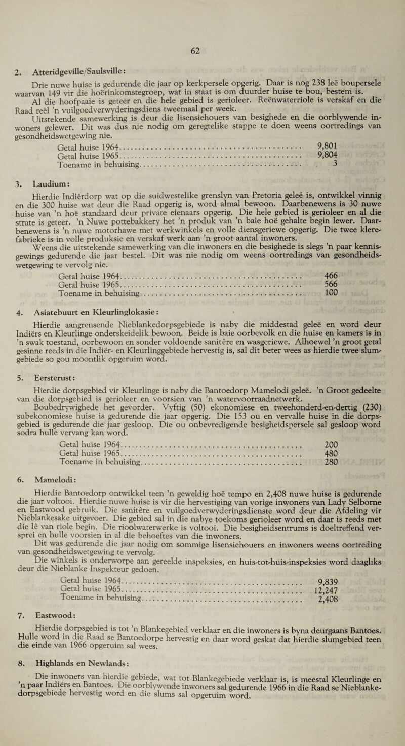 2. Atteridgeville/Saulsville: Drie nuwe huise is gedurende die jaar op kerkpersele opgerig. Daar is nog 238 lee boupersele waarvan 149 vir die hoerinkomstegroep, wat in staat is om duurder huise te bou, bestem is. A1 die hoofpaaie is geteer en die hele gebied is gerioleer. Reenwaterriole is verskaf en die Raad reel ’n vuilgoedverwyderingsdiens tweemaal per week. Uitstekende samewerking is deur die lisensiehouers van besighede en die oorblywende in- woners gelewer. Dit was dus nie nodig om geregtelike stappe te doen weens oortredings van gesondheidswetgewing nie. Getal huise 1964. 9,801 Getal huise 1965. 9,804 Toename in behuising. 3 3. Laudium: Hierdie Indierdorp wat op die suidwestelike grenslyn van Pretoria gelee is, ontwikkel vinnig en die 300 huise wat deur die Raad opgerig is, word almal bewoon. Daarbenewens is 30 nuwe huise van ’n hoe standaard deur private eienaars opgerig. Die hele gebied is gerioleer en al die strate is geteer. ’n Nuwe pottebakkery het ’n produk van ’n baie hoe gehalte begin lewer. Daar- benewens is ’n nuwe motorhawe met werkwinkels en voile diensgeriewe opgerig. Die twee klere- fabrieke is in voile produksie en verskaf werk aan ’n groot aantal inwoners. Weens die uitstekende samewerking van die inwoners en die besighede is slegs ’n paar kennis- gewings gedurende die jaar bestel. Dit was nie nodig om weens oortredings van gesondheids¬ wetgewing te vervolg nie. Getal huise 1964. 466 Getal huise 1965. 566 Toename in behuising. 100 4- Asiatebuurt en Kleurlinglokasie: Hierdie aangrensende Nieblankedorpsgebiede is naby die middestad gelee en word deur Indiers en Kleurlinge onderskeidelik bewoon. Beide is baie oorbevolk en die huise en kamers is in ’n swak toestand, oorbewoon en sonder voldoende sanitere en wasgeriewe. Alhoewel ’n groot getal gesinne reeds in die Indier- en Kleurlinggebiede hervestig is, sal dit beter wees as hierdie twee slum- gebiede so gou moontlik opgeruim word. 5. Eersterust: Hierdie dorpsgebied vir Kleurlinge is naby die Bantoedorp Mamelodi gelee. ’n Groot gedeelte van die dorpsgebied is gerioleer en voorsien van ’n watervoorraadnetwerk. Boubedrywighede het gevorder. Vyftig (50) ekonomiese en tweehonderd-en-dertig (230) subekonomiese huise is gedurende die jaar opgerig. Die 153 ou en vervalle huise in die dorps¬ gebied is gedurende die jaar gesloop. Die ou onbevredigende besigheidspersele sal gesloop word sodra hulle vervang kan word. Getal huise 1964. 200 Getal huise 1965. 480 Toename in behuising. 280 6. Mamelodi: Hierdie Bantoedorp ontwikkel teen ’n geweldig hoe tempo en 2,408 nuwe huise is gedurende die jaar voltooi. Hierdie nuwe huise is vir die hervestiging van vorige inwoners van Lady Selborne en Eastwood gebruik. Die sanitere en vuilgoedverwyderingsdienste word deur die Afdeling vir Nieblankesake uitgevoer. Die gebied sal in die nabye toekoms gerioleer word en daar is reeds met die le van riole begin. Die rioolwaterwerke is voltooi. Die besigheidsentrums is doeltreffend ver- sprei en hulle voorsien in al die behoeftes van die inwoners. Dit was gedurende die jaar nodig om sommige lisensiehouers en inwoners weens oortreding van gesondheidswetgewing te vervolg. Die winkels is onderworpe aan gereelde inspeksies, en huis-tot-huis-inspeksies word daagliks deur die Nieblanke Inspekteur gedoen. Getal huise 1964. 9 839 Getal huise 1965. 12 247 Toename in behuising. 2,408 7. Eastwood: Hierdie dorpsgebied is tot n Blankegebied verklaar en die inwoners is byna deurgaans Bantoes. Hulle word in die Raad se Bantoedorpe hervestig en daar word geskat dat hierdie slumgebied teen die einde van 1966 opgeruim sal wees. 8. Highlands en Newlands: Die inwoners van hierdie gebiede, wat tot Blankegebiede verklaar is, is meestal Kleurlinge en n paar indiers en Bantoes. Die oorblywende inwoners sal gedurende 1966 in die Raad se Nieblanke- dorpsgebiede hervestig word en die slums sal opgeruim word.
