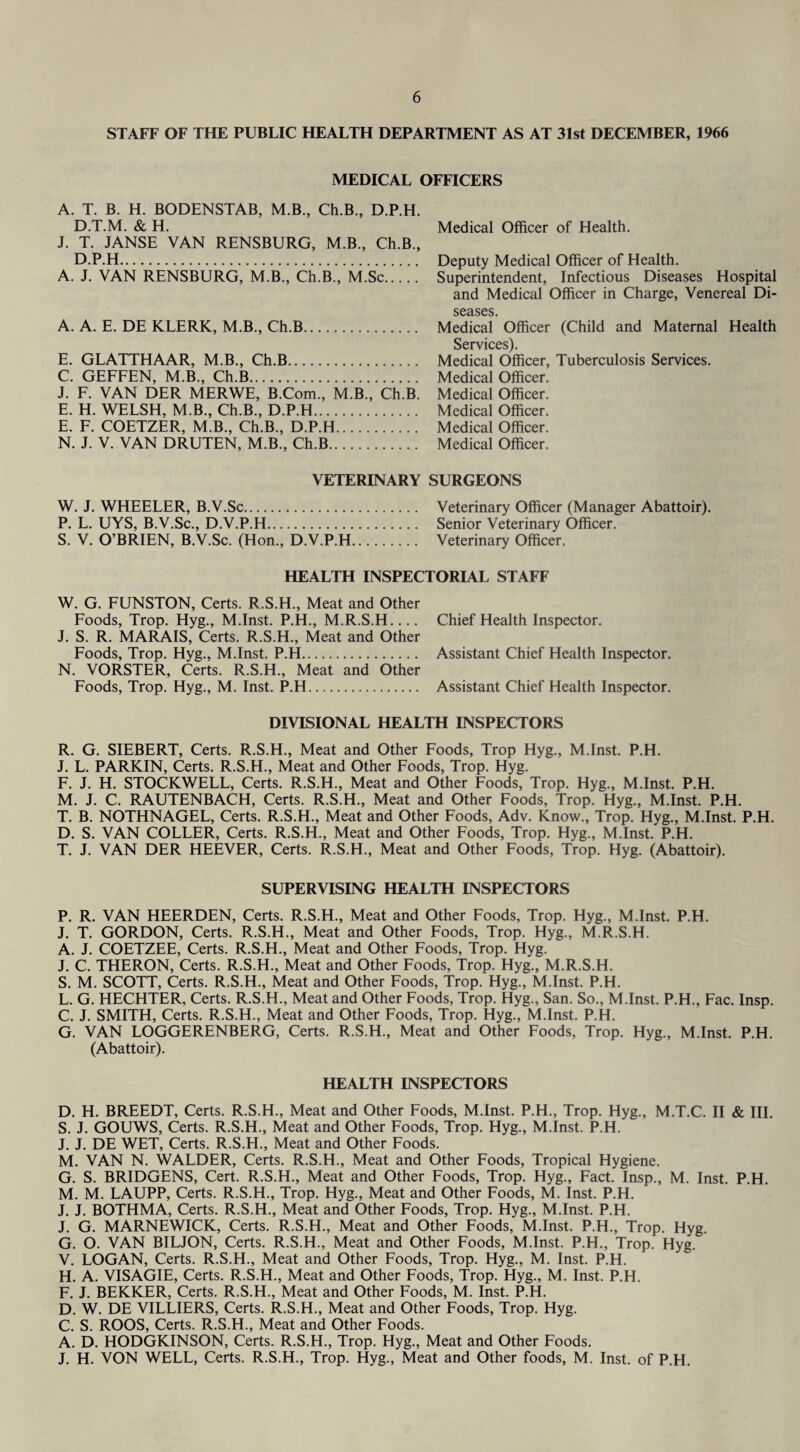 STAFF OF THE PUBLIC HEALTH DEPARTMENT AS AT 31st DECEMBER, 1966 MEDICAL OFFICERS A. T. B. H. BODENSTAB, M.B., Ch.B., D.P.H. D.T.M. & H. J. T. JANSE VAN RENSBURG, M.B., Ch.B., D.P.H. A. J. VAN RENSBURG, M.B., Ch.B., M.Sc. A. A. E. DE KLERK, M.B., Ch.B. E. GLATTHAAR, M.B., Ch.B. C. GEFFEN, M.B., Ch.B. J. F. VAN DER MERWE, B.Com., M.B., Ch.B. E. H. WELSH, M.B., Ch.B., D.P.H. E. F. COETZER, M.B., Ch.B., D.P.H. N. J. V. VAN DRUTEN, M.B., Ch.B. Medical Officer of Health. Deputy Medical Officer of Health. Superintendent, Infectious Diseases Hospital and Medical Officer in Charge, Venereal Di¬ seases. Medical Officer (Child and Maternal Health Services). Medical Officer, Tuberculosis Services. Medical Officer. Medical Officer. Medical Officer. Medical Officer. Medical Officer. VETERINARY SURGEONS W. J. WHEELER, B.V.Sc. Veterinary Officer (Manager Abattoir). P. L. UYS, B.V.Sc., D.V.P.H. Senior Veterinary Officer. S. V. O’BRIEN, B.V.Sc. (Hon., D.V.P.H. Veterinary Officer. HEALTH INSPECTORIAL STAFF W. G. FUNSTON, Certs. R.S.H., Meat and Other Foods, Trop. Hyg., M.Inst. P.H., M.R.S.H_ Chief Health Inspector. J. S. R. MARAIS, Certs. R.S.H., Meat and Other Foods, Trop. Hyg., M.Inst. P.H. Assistant Chief Health Inspector. N. VORSTER, Certs. R.S.H., Meat and Other Foods, Trop. Hyg., M. Inst. P.H. Assistant Chief Health Inspector. DIVISIONAL HEALTH INSPECTORS R. G. SIEBERT, Certs. R.S.H., Meat and Other Foods, Trop Hyg., M.Inst. P.H. J. L. PARKIN, Certs. R.S.H., Meat and Other Foods, Trop. Hyg. F. J. H. STOCKWELL, Certs. R.S.H., Meat and Other Foods, Trop. Hyg., M.Inst. P.H. M. J. C. RAUTENBACH, Certs. R.S.H., Meat and Other Foods, Trop. Hyg., M.Inst. P.H. T. B. NOTHNAGEL, Certs. R.S.H., Meat and Other Foods, Adv. Know., Trop. Hyg., M.Inst. P.H. D. S. VAN COLLER, Certs. R.S.H., Meat and Other Foods, Trop. Hyg., M.Inst. P.H. T. J. VAN DER HEEVER, Certs. R.S.H., Meat and Other Foods, Trop. Hyg. (Abattoir). SUPERVISING HEALTH INSPECTORS P. R. VAN HEERDEN, Certs. R.S.H., Meat and Other Foods, Trop. Hyg., M.Inst. P.H. J. T. GORDON, Certs. R.S.H., Meat and Other Foods, Trop. Hyg., M.R.S.H. A. J. COETZEE, Certs. R.S.H., Meat and Other Foods, Trop. Hyg. J. C. THERON, Certs. R.S.H., Meat and Other Foods, Trop. Hyg., M.R.S.H. S. M. SCOTT, Certs. R.S.H., Meat and Other Foods, Trop. Hyg., M.Inst. P.H. L. G. HECHTER, Certs. R.S.H., Meat and Other Foods, Trop. Hyg., San. So., M.Inst. P.H., Fac. Insp. C. J. SMITH, Certs. R.S.H., Meat and Other Foods, Trop. Hyg., M.Inst. P.H. G. VAN LOGGERENBERG, Certs. R.S.H., Meat and Other Foods, Trop. Hyg., M.Inst. P.H. (Abattoir). HEALTH INSPECTORS D. H. BREEDT, Certs. R.S.H., Meat and Other Foods, M.Inst. P.H., Trop. Hyg., M.T.C. II & III. S. J. GOUWS, Certs. R.S.H., Meat and Other Foods, Trop. Hyg., M.Inst. P.H. J. J. DE WET, Certs. R.S.H., Meat and Other Foods. M. VAN N. WALDER, Certs. R.S.H., Meat and Other Foods, Tropical Hygiene. G. S. BRIDGENS, Cert. R.S.H., Meat and Other Foods, Trop. Hyg., Fact. Insp., M. Inst. P.H. M. M. LAUPP, Certs. R.S.H., Trop. Hyg., Meat and Other Foods, M. Inst. P.H. J. J. BOTHMA, Certs. R.S.H., Meat and Other Foods, Trop. Hyg., M.Inst. P.H. J. G. MARNEWICK, Certs. R.S.H., Meat and Other Foods, M.Inst. P.H., Trop. Hyg. G. O. VAN BILJON, Certs. R.S.H., Meat and Other Foods, M.Inst. P.H., Trop. Hyg. V. LOGAN, Certs. R.S.H., Meat and Other Foods, Trop. Hyg., M. Inst. P.H. H. A. VISAGIE, Certs. R.S.H., Meat and Other Foods, Trop. Hyg., M. Inst. P.H. F. J. BEKKER, Certs. R.S.H., Meat and Other Foods, M. Inst. P.H. D. W. DE VILLIERS, Certs. R.S.H., Meat and Other Foods, Trop. Hyg. C. S. ROOS, Certs. R.S.H., Meat and Other Foods. A. D. HODGKINSON, Certs. R.S.H., Trop. Hyg., Meat and Other Foods. J. H. VON WELL, Certs. R.S.H., Trop. Hyg., Meat and Other foods, M. Inst, of P.H.