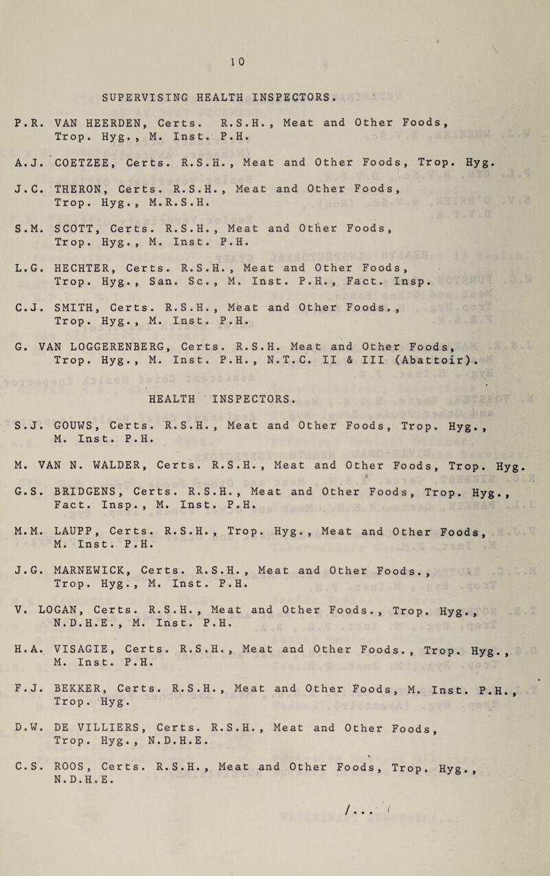 t 1 0 SUPERVISING HEALTH INSPECTORS. P.R. VAN HEERDEN, Certs. R.S.H., Meat and Other Foods, Trop. Hyg., M. Inst. P.H. A.J. COETZEE, Certs. R.S.H., Meat and Other Foods, Trop. Hyg. J.C. THERON, Certs. R.S.H., Meat and Other Foods, Trop. Hyg., M.R.S.H. S.M. SCOTT, Certs. R.S.H., Meat and Other Foods, Trop. Hyg., M. Inst. P.H. L.G. HECHTER, Certs. R.S.H., Meat and Other Foods, Trop. Hyg., San. Sc., M. Inst. P.H., Fact. Insp. C.J. SMITH, Certs. R.S.H., Meat and Other Foods., Trop. Hyg., M. Inst. P.H. G. VAN LOGGERENBERG, Certs. R.S.H. Meat and Other Foods, Trop. Hyg., M. Inst. P.H., N.T.C. II & III (Abattoir). HEALTH INSPECTORS. S.J. GOUWS, Certs. R.S.H., Meat and Other Foods, Trop. Hyg., M. Ins t. P.H. M. VAN N. WALDER, Certs. R.S.H., Meat and Other Foods, Trop. Hyg. it G. S. BRIDGENS, Certs. R.S.H., Meat and Other Foods, Trop. Hyg., Fact. Insp., M. Inst. P.H. M.M. LAUPP, Certs. R.S.H., Trop. Hyg., Meat and Other Foods, M. Inst. P.H. J.G. MARNEWICK, Certs. R.S.H., Meat and Other Foods., Trop. Hyg., M. Inst. P.H. V. LOGAN, Certs. R.S.H., Meat and Other Foods., Trop. Hyg., N. D.H.E., M. Inst. P.H. H. A. VISAGIE, Certs. R.S.H., Meat and Other Foods., Trop. Hyg., M. Inst. P.H. F.J. BEKKER, Certs. R.S.H., Meat and Other Foods, M. Inst. P.H., Trop. Hyg. D.W. DE VILLIERS, Certs. R.S.H., Meat and Other Foods, Trop. Hyg., N.D.H.E. \ C.S. ROOS, Certs. R.S.H., Meat and Other Foods, Trop. Hyg., N. D.H.E.