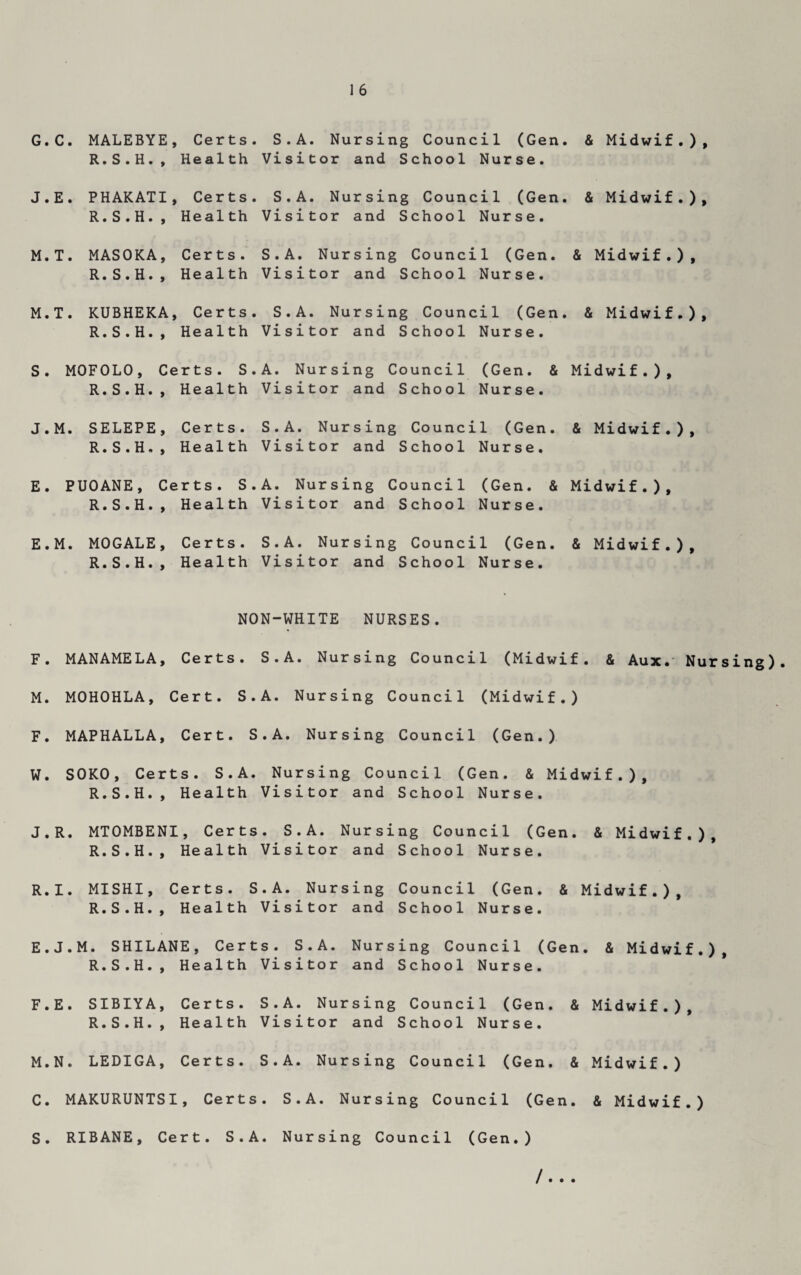 G.C. MALEBYE, Certs. S.A. Nursing Council (Gen. & Midwif.), R.S.H., Health Visitor and School Nurse. J.E. PHAKATI, Certs. S.A. Nursing Council (Gen. & Midwif.), R.S.H., Health Visitor and School Nurse. M.T. MASOKA, Certs. S.A. Nursing Council (Gen. & Midwif.), R.S.H., Health Visitor and School Nurse. M.T. KUBHEKA, Certs. S.A. Nursing Council (Gen. & Midwif.), R.S.H., Health Visitor and School Nurse. S. MOFOLO, Certs. S.A. Nursing Council (Gen. & Midwif.), R.S.H., Health Visitor and School Nurse. J.M. SELEPE, Certs. S.A. Nursing Council (Gen. & Midwif.), R.S.H., Health Visitor and School Nurse. E. PUOANE, Certs. S.A. Nursing Council (Gen. & Midwif.), R.S.H., Health Visitor and School Nurse. E.M. MOGALE R.S.H. Certs. S.A. Nursing Council (Gen. & Midwif.), Health Visitor and School Nurse. NON-WHITE NURSES. F. MANAMELA, Certs. S.A. Nursing Council (Midwif. & Aux. Nursing). M. MOHOHLA, Cert. S.A. Nursing Council (Midwif.) F. MAPHALLA, Cert. S.A. Nursing Council (Gen.) W. SOKO, Certs. S.A. Nursing Council (Gen. & Midwif.), R.S.H., Health Visitor and School Nurse. J.R. MTOMBENI, Certs. S.A. Nursing Council (Gen. & Midwif.), R.S.H., Health Visitor and School Nurse. R. I. MISHI, Certs. S.A. Nursing Council (Gen. & Midwif.), R.S.H., Health Visitor and School Nurse. E. J.M. SHILANE, Certs. S.A. Nursing Council (Gen. & Midwif.), R.S.H., Health Visitor and School Nurse. F. E. SIBIYA, Certs. S.A. Nursing Council (Gen. & Midwif.), R.S.H., Health Visitor and School Nurse. M.N. LEDIGA, Certs. S.A. Nursing Council (Gen. & Midwif.) C. MAKURUNTSI, Certs. S.A. Nursing Council (Gen. & Midwif.) S. RIBANE, Cert. S.A. Nursing Council (Gen.) / • • •