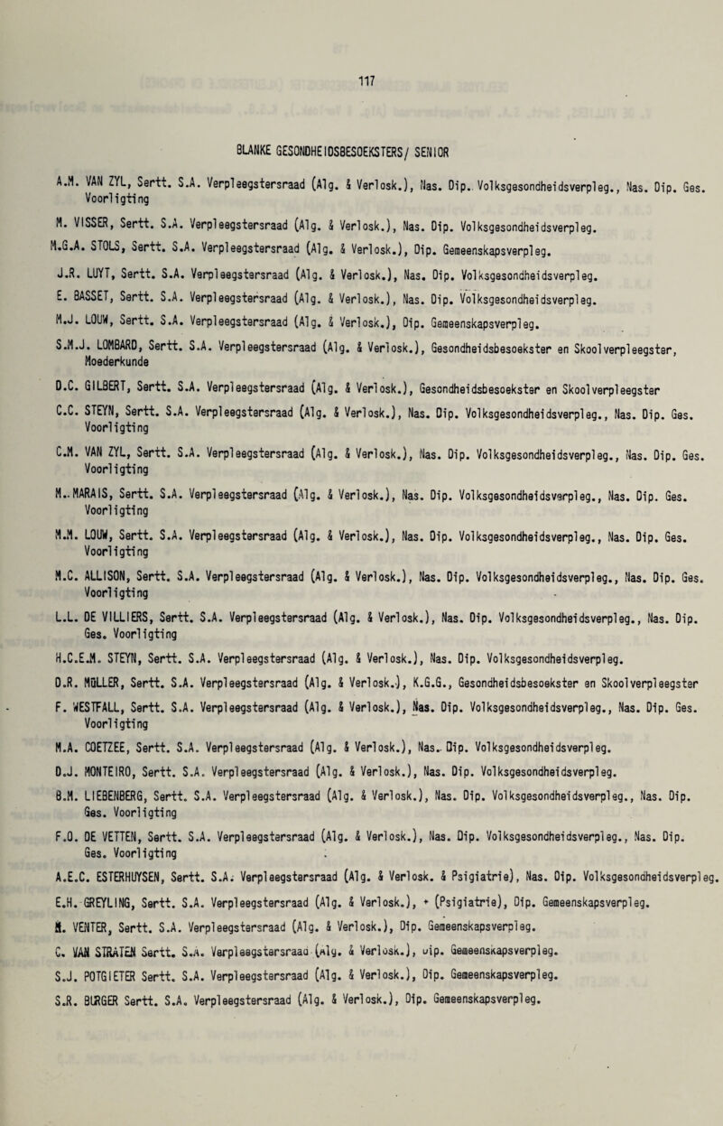 8LANKE GESONDHEIDSBESOEKSTERS/ SENIOR A.M. VAN ZYL, Sertt.. S.A. Verpleegstersraad (Alg. 4 Verlosk.), Nas. Dip.. Volksgesondheidsverpleg., Nas. Oip. Ges. Voorligting M. VISSER, Sertt. S.A. Verpleegstersraad (Alg. 4 Verlosk.), Nas. Oip. Volksgesondheidsverpleg. rt.G.A. STQLS, Sertt. S.A. Verpleegstersraad (Alg. 4 Verlosk.), Dip. Gemeenskapsverpleg. J.R. LUYT, Sertt. S.A. Verpleegstersraad (Alg. 4 Verlosk.), Nas. Dip. Volksgesondheidsverpleg. E. BASSET, Sertt. S.A. Verpleegstersraad (Alg. & Verlosk.), Nas. Dip. Volksgesondheidsverpleg. M.J. LOU id, Sertt. S.A. Verpleegstersraad (Alg. 4 Verlosk.), Oip. Gemeenskapsverpleg. 5. M.J. LOMBARD, Sertt. S.A. Verpleegstersraad (Alg. 4 Verlosk.), Gesondheidsbesoekster en Skoolverpleegster, Moederkunde D.C. GILBERT, Sertt. S.A. Verpleegstersraad (Alg. 4 Verlosk.), Gesondheidsbesoekster en Skool verpl eegster C.C. STEYN, Sertt. S.A. Verpleegstersraad (Alg. 4 Verlosk.), Nas. Dip. Volksgesondheidsverpleg., Nas. Dip. Ges. Voorligting C. M. VAN ZYL, Sertt. S.A. Verpleegstersraad (Alg. 4 Verlosk.), Nas. Dip. Volksgesondheidsverpleg., Nas. Dip. Ges. Voorligting M..MARAIS, Sertt. S.A. Verpleegstersraad (Alg. 4 Verlosk.), Nas. Dip. Volksgesondheidsverpleg., Nas. Dip. Ges. Voorligting M.M. LQUW, Sertt. S.A. Verpleegstersraad (Alg. 4 Verlosk.), Nas. Oip. Volksgesondheidsverpleg., Nas. Dip. Ges. Voorligting M.C. ALLISON, Sertt. S.A. Verpleegstersraad (Alg. 4 Verlosk.), Nas. Dip. Volksgesondheidsverpleg., Nas. Dip. Ges. Voorligting L. L. OE VILLIERS, Sertt. S.A. Verpleegstersraad (Alg. 4 Verlosk.), Nas. Dip. Volksgesondheidsverpleg., Nas. Dip. Ges. Voorligting H.C.E.M. STEYN, Sertt. S.A. Verpleegstersraad (Alg. 4 Verlosk.), Nas. Dip. Volksgesondheidsverpleg. D. R. MuLLER, Sertt. S.A. Verpleegstersraad (Alg. 4 Verlosk.-), K.G.G., Gesondheidsbesoekster en Skool verpl eegster F. WESTFALL, Sertt. S.A. Verpleegstersraad (Alg. 4 Verlosk.), Nas. Dip. Volksgesondheidsverpleg., Nas. Dip. Ges. Voorligting M. A. COETZEE, Sertt. S.A. Verpleegstersraad (Alg. 4 Verlosk.), Nas.. Dip. Volksgesondheidsverpleg. D. J. MONTEIRO, Sertt. S.A. Verpleegstersraad (Alg. 4 Verlosk.), Nas. Dip. Volksgesondheidsverpleg. 8.M. LIEBENBERG, Sertt. S.A. Verpleegstersraad (Alg. 4 Verlosk.), Nas. Dip. Volksgesondheidsverpleg., Nas. Dip. Ges. Voorligting F.O. DE VETTEN, Sertt. S.A. Verpleegstersraad (Alg. 4 Verlosk.), Nas. Oip. Volksgesondheidsverpleg., Nas. Dip. Ges. Voorligting ; A.E.C. ESTERHUYSEN, Sertt. S.A. Verpleegstersraad (Alg. 4 Verlosk. 4 Psigiatrie), Nas. Oip. Volksgesondheidsverpleg. E. H. GREYLING, Sertt. S.A. Verpleegstersraad (Alg. 4 Verlosk.), + (Psigiatrie), Oip. Gemeenskapsverpleg. 6. VENTER, Sertt. S.A. Verpleegstersraad (Alg. 4 Verlosk.), Dip. Gemeenskapsverpleg. C, VAN STRATEN Sertt. S.A. Verpleegstersraad-(nig. 4 Verlosk.), uip. GemeensKapsverpleg. S.J. POTGIETER Sertt. S.A. Verpleegstersraad (Alg. 4 Verlosk.), Dip. Gemeenskapsverpleg. S.R. BURGER Sertt. S.A. Verpleegstersraad (Alg. 4 Verlosk.), Oip. Gemeenskapsverpleg.
