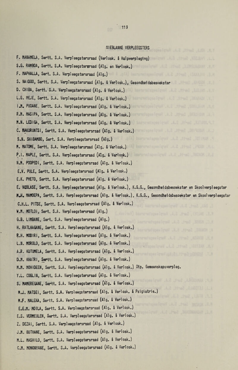 NIEBLANKE VERPLEEGSTERS F. MANAMELA, Sertt. S.A. Verpleegstersraad (Verlosk. 4 Hulpverpleging) S.G. RAM8QA, Sertt. S.A. Verpleegstersraad (Alg. en Verlosk.) F. MAPHALLA, Sert. S.A. Verpl eegstersraad (Alg.) S. NAIDQO, Sertt. S.A. Verpleegstersraad (Alg. 4 Verlosk.), Gesondheidsbesoekster O. CHIBA, Sertt. S.A. Verpleegstersraad (Alg. & Verlosk.) L. G. MEJE, Sertt. S.A. Verpleegstersraad (Alg. 4 Verlosk.) IJL PUOANE, Sertt. S.A. Verpleegstersraad (Alg. 4 Verlosk.) R. M. MAS I PA, Sertt. S.A. Verpleegstersraad (Alg. 4 Verlosk.) M. N. LED IGA, Sertt. S.A. Verpleegstersraad (Alg. 4 Verlosk.) C. MAKURUNTSI, Sertt. S.A. Verpleegstersraad (Alg. 4 Verlosk.) S. N. SHIBAMBO, Sert. S.A. Verpleegstersraad (Alg.) M. MATOME, Sertt. S.A. Verpleegstersraad (Alg. 4 Verlosk.) P. l. MAPLE, Sertt. S.A. Verpleegstersraad (Alg. 4 Verlosk.) N. M. POOPED I, Sertt. S.A. Verpleegstersraad (Alg. 4 Verlosk.) E.V. PULE, Sertt. S.A. Verpleegstersraad (Alg. 4 Verlosk.) E.K. PHETO, Sertt. S.A. Verpleegstersraad (Alg. 4 Verlosk.) E. MQOLASE, Sertt. S.A. Verpleegstersraad (Alg. 4 Verlosk.), K.G.G., Gesondheidsbesoekster en Skoolverpleegster MJL MAMOEPA, Sertt. S.A. Verpleegstersraad (Alg. 4 Verlosk.), K.G.G., Gesondheidsbesoekster en Skool verpleegster C. H.L. PITSE, Sertt. S.A. Verpleegstersraad (Alg. & Verlosk.) W.M. M0TL0I, Sert. S.A. Verpleegstersraad (Alg.) G. B. LIM8ANE, Sert. S.A. Verpleegstersraad (Alg.) H. RATLHAGANE, Sertt. S.A. Verpleegstersraad (Alg. & Verlosk.) R. H. MODIRI, Sertt. S.A. Verpleegstersraad (Alg. $ Verlosk.) L. N. M0R0L0, Sertt. S.A. Verpleegstersraad (Alg. & Verlosk.) A.R. KUTUMELA, Sertt. S.A. Verpleegstersraad (Alg. & Verlosk.) D. M. KHATRI, Sertt. S.A. Verpleegstersraad (Alg. & Verlosk.) M. M. MOHIDEEN, Sertt. S.A. Verpleegstersraad (Alg. & Verlosk.) Dip. Geiaeenskapsverpleg. Y. L. C0GL1N, Sertt. S.A. Verpleegstersraad (Alg. & Verlosk.) S. MAMEREGANE, Sertt. S.A. Verpleegstersraad (Alg. & Verlosk.) M.J. MATSEl, Sertt. S.A. Verpleegstersraad (Alg. 4 Verlosk. 4 Psigiatrie.) M.F. MALEKA, Sertt. S.A. Verpleegstersraad (Alg. 4 Verlosk.) E.E.M. MOILA, Sertt. S.A. Verpleegstersraad (Alg. 4 Verlosk.) E. S. VERMEULEN, Sertt. S.A. Verpleegstersraad (Alg. 4 Verlosk.) Z. DEZAl, Sertt. S.A. Verpleegstersraad (Alg. 4 Verlosk.) JoM. BUTHANE, Sertt. S.A. Verpleegstersraad (Alg. 4 Verlosk.) M.L. MASHILO, Sertt. S.A. Verpleegstersraad (Alg. 4 Verlosk.) C.M. MONONYANE, Sertt. S.A. Verpleegstersraad (Alg. 4 Verlosk.)