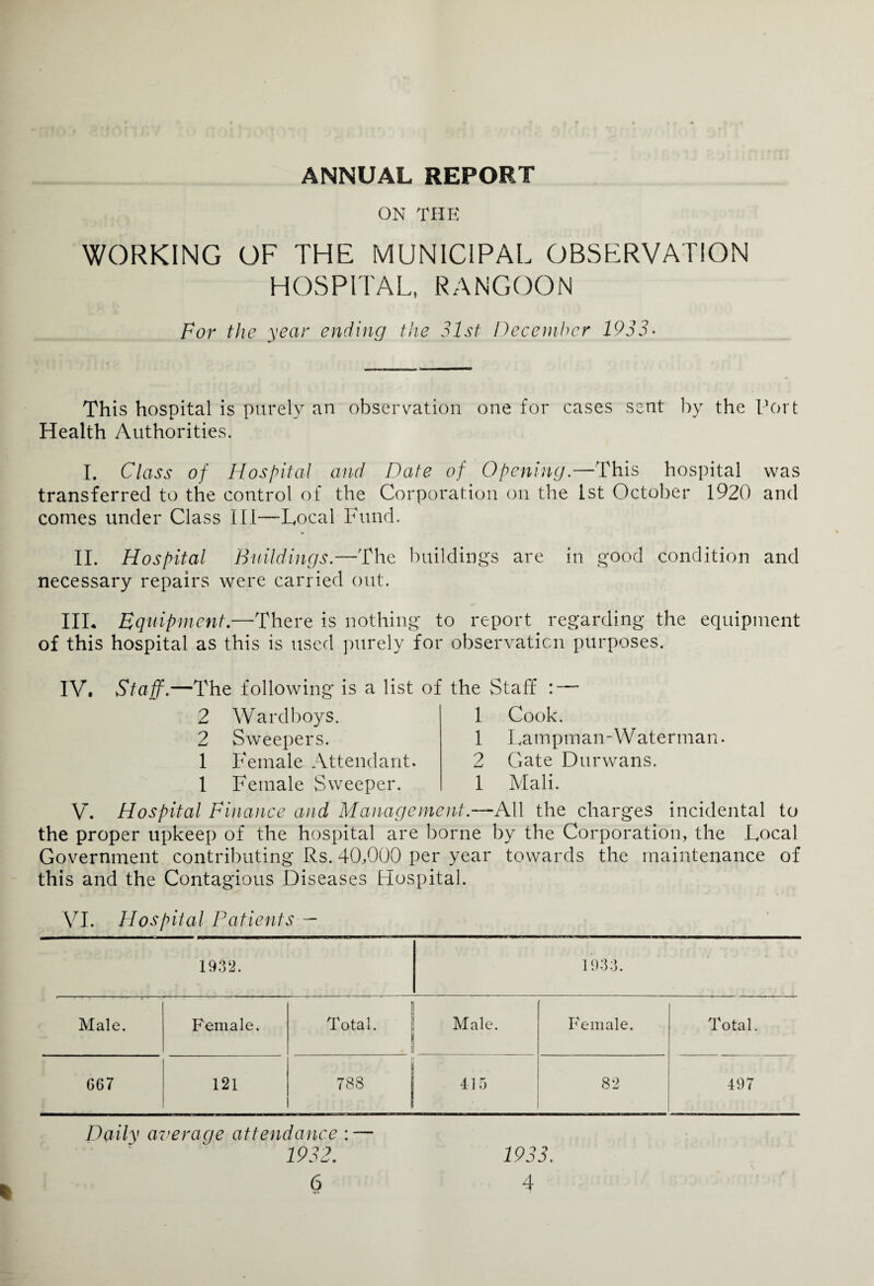 ANNUAL REPORT ON THE WORKING OF THE MUNICIPAL OBSERVATION HOSPITAL, RANGOON For the year ending the 31st December 1933• This hospital is purely an observation one for cases sent by the Port Health Authorities. I. Class of Hospital and Date of Opening.—This hospital was transferred to the control of the Corporation on the 1st October 1920 and conies under Class III—Local Fund. II. Hospital Buildings.—The buildings are in good condition and necessary repairs were carried out. IIL Equipment.—There is nothing to report regarding the equipment of this hospital as this is used purely for observation purposes. IV. Staff.—The following is a list of the Staff 2 Wardboys. 2 Sweepers. 1 Female Attendant. 1 Female Sweeper. 1 Cook. 1 Lampman-Waterman. 2 Gate Durwans. 1 Mali. V. Hospital Finance and Management.—All the charges incidental to the proper upkeep of the hospital are borne by the Corporation, the Local Government contributing Rs. 40,000 per year towards the maintenance of this and the Contagious Diseases Hospital. % VI. Hospital Patients 1932. 1933. Male. Female. Total. ' Male. Female. Total. G67 121 783 415 82 497 Daily average attendance : — 1932. 1933. 6 4