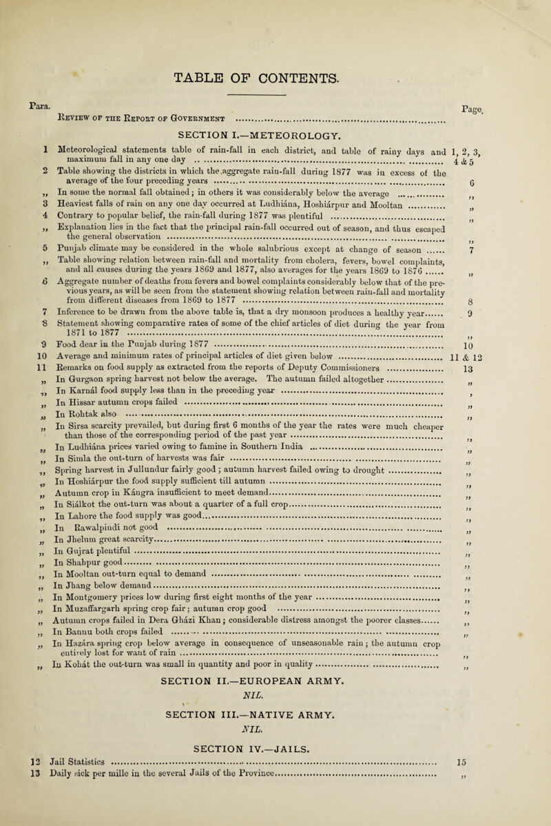 TABLE OF CONTENTS. Para. 1 2 3 4 99 5 D 6 7 S 9 10 11 99 w *> >> 99 99 v 99 V 99 Review of the Repost of Government . SECTION I.—METEOROLOGY. Page, Meteorological statements table of rain-fall in each district, and table of rainy days and 1, 2, 3 maximum fall in any one day ... 4 & 5 ’ Table showing the districts in which the aggregate rain-fall during 1877 was in excess of the average of the four preceding years . q In some the normal fall obtained; in others it was considerably below the average . Heaviest falls of rain on any one day occurred at Ludhiana, Hoshiarpur and Mooltan . Contrary to popular belief, the rain-fall during 1877 was plentiful . Explanation lies in the fact that the principal rain-fall occurred out of season, and thus escaped the general observation . ° .. 99 Punjab climate may be considered in the whole salubrious except at change of season . 7 Table showing relation between rain-fall and mortality from cholera, fevers, bowel complaints, and all .causes during the years 186-9 and 1877, also averages for the years 1869 to 1876 . Aggregate number of deaths from fever-s and bowel complaints considerably below that of the pre¬ vious years, as will be seen from the statement showing relation between rain-fall and mortality from different diseases from 1869 to 1877 . g Inference to be drawn from the above table is, that a dry monsoon produces a healthy year. 9 Statement showing comparative rates of some of the chief articles of diet during the year from 1871 to 1877 ..!... Food dear in the Punjab during 1877 . Average and minimum rates of principal articles of diet given below . Remarks on food supply as extracted from the reports of Deputy Commissioners . In Gurgaon spring harvest not below the average. The autumn faded altogether. In Karual food supply less than in the preceding year .. In Hissar autumn crops failed ... In Rohtak also .-. In Sirsa scarcity prevailed, but during first 6 months of the year the rates were much cheaper than those of the corresponding period of the past year . In Ludhiana prices varied owing to famine in Southern India . In Simla the out-turn of harvests was fair . Spring harvest in Jullundur fairly good; autumn harvest failed owing to drought . In Hoshiarpur the food supply sufficient till autumn . Autumn crop in Kangra insufficient to meet demand. In Sialkot the out-turn was about a quarter of a full crop. In Lahore the food supply was good. In Rawalpindi not good ...«. In Jhelum great scarcity... In Gujrat plentiful . In Shahpur good. In Mooltan out-turn equal to demand ..... In Jhang below demand. In Montgomery prices low during first eight months of the year . In Muzaffargarh spring crop fair; autumn crop good . Autumn crops failed in Dera Ghazi Khan; considerable distress amongst the poorer classes. In Banuu both crops failed . In Hazara spring crop below average in consequence of unseasonable rain ; the autumn crop entirely lost for waut of rain . Tii Kohat the out-turn was small in quantity and poor in quality. 10 11 & 12 13 99 9 99 99 99 99 99 99 99 99 99 99 99 99 99 99 99 9 9 99 99 99 99 99 99 SECTION II.—EUROPEAN ARMY. NIL. \ SECTION III.—NATIVE ARMY. NIL. SECTION IV.—JAILS. 12 Jail Statistics . 15 13 Daily sick per millc in the several Jails of the Province... „