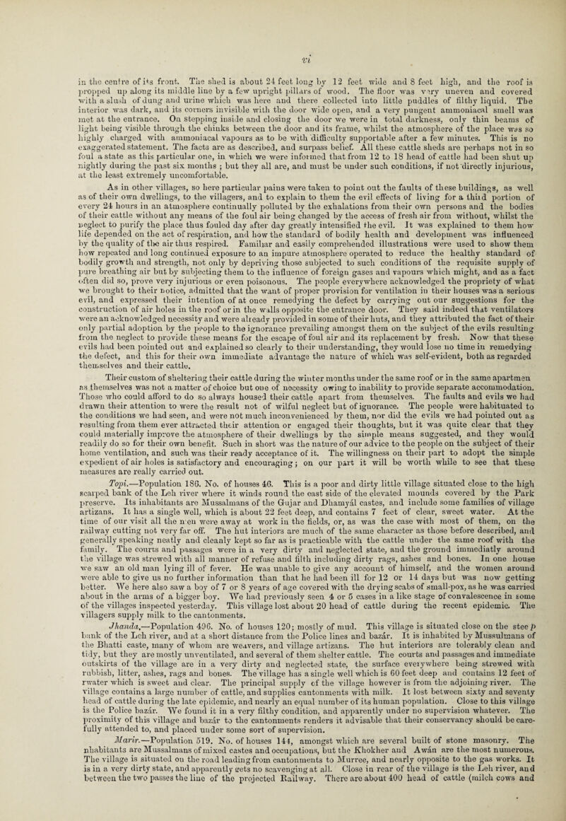 propped up along its middle line by a few upright pillars of wood. The floor was very uneven and covered with a slush of dung and urine which was here and there collected into little puddles of filthy liquid. The interior was dark, and its corners invisible with the door wide open, and a very pungent ammoniacal smell was met at the entrance. On stepping inside and closing the door we were in total darkness, only thin beams of light being visible through the chinks between the door and its frame, whilst the atmosphere of the place was so highly charged with ammoniacal vapours as to be with difficulty supportable after a few minutes. This is no exaggerated statement. The facts are as described, and surpass belief. All these cattle sheds are perhaps not in so foul a state as this particular one, in which we were informed that from 12 to 18 head of cattle had been shut up nightly during the past six months ; but they all are, and must be under such conditions, if not directly injurious, at the least extremely uncomfortable. As in other villages, so here particular pains were taken to point out the faults of these buildings, as well as of their own dwellings, to the villager’s, and to explain to them the evil effects of living for a tlmd portion of every 24 hours in an atmosphere continually polluted by the exhalations from their own persons and the bodies of their cattle without any means of the foul air being changed by the access of fresh air from without, whilst the neglect to purify the place thus fouled day after day greatly intensified the evil. It was explained to them how life depended on the act of respiration, and how the standard of bodily health and development was influenced by the quality of the air thus respired. Familiar and easily comprehended illustrations were used to show them how repeated and long continued exposure to an impure atmosphere operated to reduce the healthy standard of bodily growth and strength, not only by depriving tdiose subjected to such conditions of the requisite supply of pure breathing air but by subjecting them to the influence of foreign gases and vapours which might, and as a fact often did so, prove very injurious or even poisonous. The people everywhere acknowledged the propriety of what we brought to their notice, admitted that the want of proper provision for ventilation in their houses wras a serious evil, and expressed their intention of at once remedying the defect by carrying out our suggestions for the construction of air holes in the roof or in the walls opposite the entrance door. They said indeed that ventilators were an acknowledged necessity and were already provided in some of their huts, and they attributed the fact of their only partial adoption by the people to the ignorance prevailing amongst them on the subject of the evils resulting from the neglect to provide these means for the escape of foul air and its replacement by fresh. Now that these evils had been pointed out and explained so clearly to their understanding, they would lose no time in remedying the defect, and this for their own immediate advantage the nature of which was self-evident, both as regarded themselves and their cattle. Their custom of sheltering their cattle during the winter months under the same roof or in the same apart men as themselves was not a matter of choice but one of necessity owing to inability to provide separate accommodation. Those who could afford to do so always housed their cattle apart from themselves. The faults and evils we had drawn their attention to were the result not of wilful neglect but of ignorance. The people were habituated to the conditions we had seen, and were not much inconvenienced by them, nor did the evils we had pointed out as resulting from them ever attracted their attention or engaged their thoughts, but it was quite clear that they could materially improve the atmosphere of their dwellings by the simple means suggested, and they would readily do so for their own benefit. Such in short was the nature of our advice to the people on the subject of their home ventilation, and such was their ready acceptance of it. The willingness on their part to adopt the simple expedient of air holes is satisfactory and encouraging; on our part it will be worth while to see that these measures are really carried out. Topi.—Population 18G. No. of houses 46. This is a poor and dirty little village situated close to the high scarped bank of the Leh r-iver where it winds round the east side of the elevated mounds covered by the Park preserve. Its inhabitants are Mussalmans of the G-ujar and Dhamyal castes, and include some families of village artizans. It has a single well, which is about 22 feet deep, and contains 7 feet of clear, sweet water. At the time of our visit all the men were away at work in the fields, or, as was the case with most of them, on the railway cutting not very far off. The hut interiors are much of the same character as those before described, and generally speaking neatly and cleanly kept so far as is practicable with the cattle under the same roof with the family. The comas and passages were in a very dirty and neglected state, and the ground immediatly around the village was strewed with all manner of refuse and filth including dirty rags, ashes and bones. In one house we saw an old man lying ill of fever. He was unable to give any account of himself, and the women around were able to give us no further information than that he had been ill for 12 or 14 days but was now getting better. We here also saw a boy of 7 or 8 years of age covered with the drying scabs of small-pox, as he was carried about in the arms of a bigger boy. We had previously seen 4 or 5 cases in a like stage of convalescence in some of the villages inspected yesterday. This village lost about 20 head of cattle during the recent epidemic. The villagers supply milk to the cantonments. Jhanda,—Population 496. No. of houses 120; mostly of mud. This village is situated close on the steep bank of the Leh river, and at a short distance from the Police lines and bazar. It is inhabited by Mussulmans of the Bhatti caste, many of whom are weavers, and village artizans. The hut interiors are tolerably clean and tidy, but they are mostly unventilated, and several of them shelter cattle. The courts and passages and immediate outskirts of the village are in a very dirty and neglected state, the surface everywhere being strewed with rubbish, litter, ashes, rags and bones. The village has a single well which is 60 feet deep and contains 12 feet of rwater which is sweet and clear. The principal supply of the village however is from the adjoining river. The village contains a large number of cattle, and supplies cantonments with milk. It lost between sixty and seventy head of cattle during the late epidemic, and nearly an equal number of its human population. Close to this village is the Police bazar. We found it in a very filthy condition, and apparently under no supervision whatever. The proximity of this village and bazar to the cantonments renders it advisable that their conservancy should be care¬ fully attended to, and placed under some sort of supervision. Marir.—Population 519. No. of houses 141, amongst which are several built of stone masonry. The nhabitants are Mussalmans of mixed castes and occupations, but the Khokher and A wan are the most numerous. The village is situated on the road leading from cantonments to Murree, and nearly opposite to the gas works. It is in a very dirty state, and apparently gets no scavenging at all. Close in rear of the village is the Leh river, and between the two passes the line of the projected Railway. There are about 400 head of cattle (milch cows and