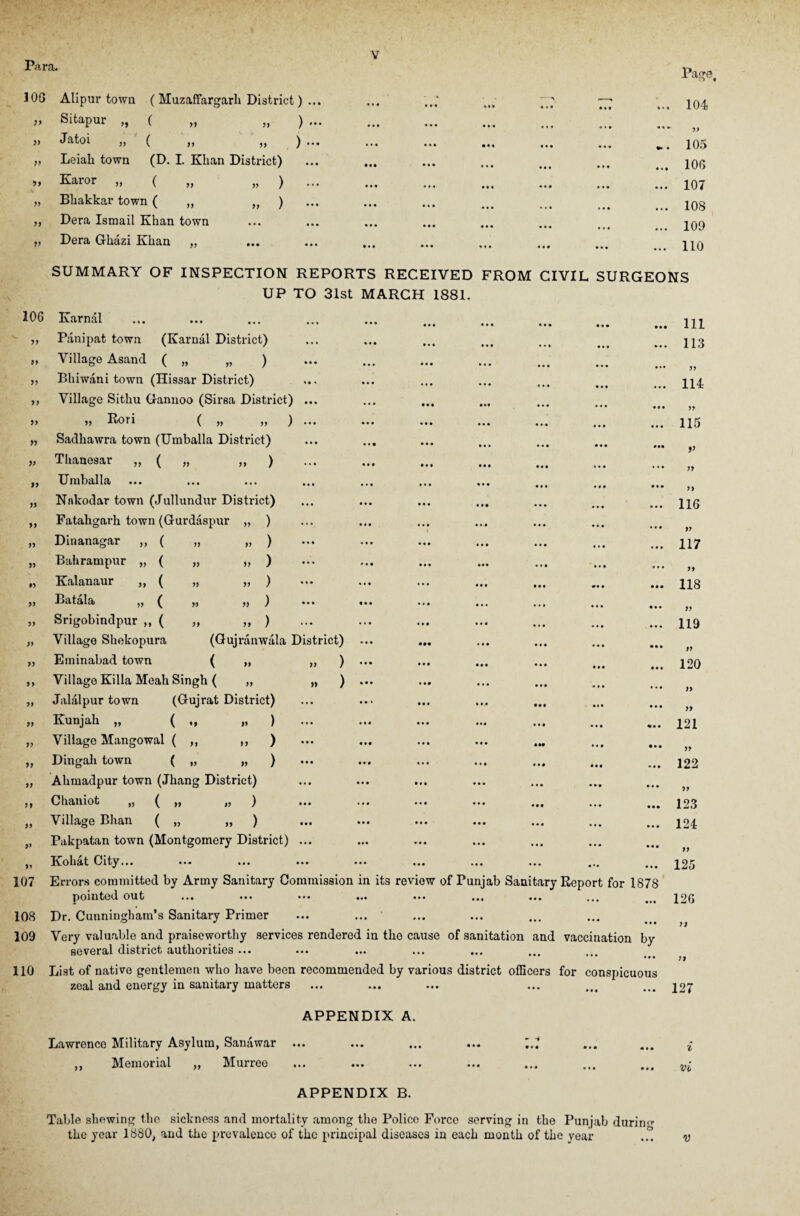 Para. 106 Alipur town ( Muzaffargarh District) » Sitapur „ ( „ „ ) >> ( j> i> ) Jatoi » „ Leiah town (D. I. Khan District) „ Earor „ ( „ ) „ ) 77 77 77 Bhakkar town ( ,, Dera Ismail Khan town Dera Ghazi Khan Page, 104 If 105 106 107 108 109 110 SUMMARY OF INSPECTION REPORTS RECEIVED FROM CIVIL SURGEONS UP TO 31st MARCH 1881. 106 Karnal 77 97 77 77 77 77 77 77 77 77 77 77 *7 77 77 77 77 77 77 77 77 77 77 77 77 77 77 Panipat town (Karnal District) Village Asand ( „ „ ) Bhiwani town (Hissar District) Village Sithu Gannoo (Sirsa District) ,, Pori ( » 5> ) Sadhawra town (Umballa District) Thanesar „ ( „ „ ) Umballa Nnkodar town (Jullundur District) Fatahgarh town (Gurdaspur „ ) Dinanagar „ ( „ „ ) 77 77 77 77 „ ) » ) „ ) „ ) (Gujranwala District) Bahrampur „ ( Kalanaur „ ( Batala „ ( Srigobindpur ,, ( Village Shekopura Eminabad town ( „ „ ) Village Killa Meah Singh ( „ » ) Jalalpur town (Gujrat District) Kunjah „ ( „ „ ) Village Mangowal ( ,, ,, ) Dingah town ( „ „ ) Ahmadpur town (Jhang District) Chaniot „ ( „ „ ) Village Blian ( „ „ ) Pakpatan town (Montgomery District) ... Kohat City... ... ... ... 107 Errors committed by Army Sanitary Commission in its review of Pun pointed out 108 Dr. Cunningham’s Sanitary Primer 109 Very valuable and praiseworthy services rendered in the cause of sanitation several district authorities ... 110 List of native gentlemen who have been recommended by various district officers for conspicuous zeal and energy in sanitary matters ab Sanitary Report for 1878 d vaccination by 111 113 77 114 77 115 >> 77 77 116 77 117 77 118 77 119 77 120 77 121 77 122 77 123 124 77 125 126 77 77 APPENDIX A. Lawrence Military Asylum, Sanawar „ Memorial ,, Murree - -i • • • 127 % vi APPENDIX B. Table shewing the sickness and mortality among the Police Force serving in the Punjab during the year 1880, and the prevalence of the principal diseases in each month of the year