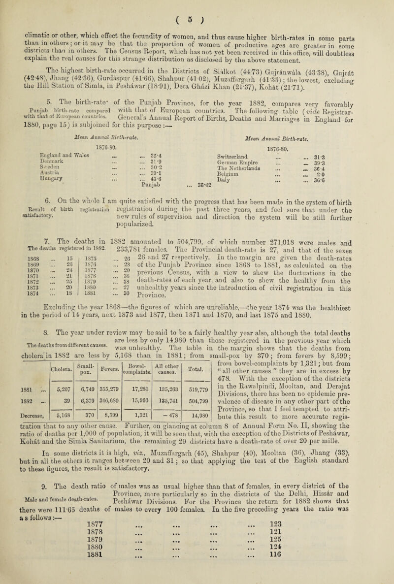 climatic or other, which effect the fecundity of women, and thus cause higher birth-rates in some parts than in others; or it may be that the proportion of women of productive ages are greater in some districts than in others. The Census Report, which has not yet been received in this office, will doubtless explain the real causes for this strange distribution as disclosed by the above statement. The highest birth-rate occurred in the Districts of Sialkot (44 73) Gujranwala (43 38), Gui'rdt (42-48), Jhang (42’36), Gurdaspur (4P66), Shahpur (4102), Muzaffargarh (41-33); the lowest, excluding the Hill Station of Simla, in Peshawar (18-91), Dera Ghazi Khan (2T37), Kohat (2171). 5. The birth-rate* Punjab birth-rate compared with that of European countries. 1880, page 15) is subjoined for this Mean Annual Birth-rate. 1S76-S0. England and Wales .... 35-4 Denmark • • • ... 31-9 Sweden — ... 30-2 Austria • • • ... 39-1 Hungary ... ... 43-6 Punjab 1882, compares very favorably countries. The following table (vide Registrar- Report of Births, Deaths and Marriages in England for Mean Annual Birth-rate. 1876-80. Switzerland • • • ... 31-3 German Empire • • • _ 39-3 The Netherlands 36-4 Belgium ... 2-0 Italy • • t ... 36-6 ... 36-42 of the Punjab Province, for the year with that of European General’s Annual purpose :— 6. On the whole I am quite satisfied with the progress that has been made in the system of birth Result of birth registration registration during the past three years, and feel sure that under the satisfactory. new rules of supervision and direction the system will be still further popularized. 7. The deaths in 18S2 amounted to 504,799, of which number 271,018 were males and M females. The Provincial death-rate is 27, and that of the sexes 26 and 27 respectively. In the margin are given the death-rates of the Punjab Province since 1868 to 1881, as calculated on the previous Census, with a view to shew the fluctuations in the death-rates of each year, and also to shew the healthy from the unhealthy years since the introduction of civil registration in this Province. Excluding the year 1868—the figures of which are unreliable,—the year 1874 was the healthiest in the period of 14 years, next 1S73 and 1S77, then 1871 and 1870, and last 1875 and 1880. The deaths registered in 1882. 233,7 1868 15 1875 ... 26 1869 26 1876 ... 2S 1870 . „ 24 1877 ... 20 1871 tl, 21 1878 ... 36 1S72 25 1S79 ... 38 1873 • « • 20 1880 ... 27 1874 18 1881 ... 30 8. The year under review may be said to be a fairly healthy year also, although the total deaths are less by only 14,980 than those registered in the previous year which was unhealthy. The table from The deaths from different causes, cholera in 18S2 are less by 5,168 than in 1881 in the margin shows that the deaths from small-pox by 370; from fevers by 8,599; from bowel-complaints by 1,321; but from “ all other causes ” they are in excess by 478. With the exception of the districts in the Rawalpindi, Mooltan, and Derajat Divisions, there has been no epidemic pre¬ valence of disease in any other part of the Province, so that I feel tempted to attri¬ bute this result to more accurate regis¬ tration that to any other cause. Further, on glancing at column 8 of Annual Form No. II, showing the ratio of deaths per 1,000 of population, it will be seen that, with the exception of the Districts of Peshawar, Kohat and the Simla Sanitarium, the remaining 29 districts have a death-rate of over 20 per mille. Cholera. Small¬ pox. Fevers. Bowel- complaints. All other causes. Total. 1881 ~ 5,207 6,749 355,279 17,281 135,263 519,779 1882 _. 39 6,379 346,6S0 15,960 135,741 504,799 Decrease, 5,168 370 8,599 1,321 - 478 14,9S0 In some districts it is high, viz., Muzaffargarh (45), Shahpur (40), Mooltan (36), Jhang (33), but in all the others it ranges between 20 and 31 ; so that applying the test of the English standard to these figures, the result is satisfactory. 9. The death ratio of males was as usual higher than that of females, in every district of the Province, more particularly so in the districts of the Delhi, Hissar and Male and female death-rates. peshdwar Divisions. For the Province the return for 1882 shows that there were 11165 deaths of males to every 100 females. In the five preceding years the ratio was a s follows:— 1877 1878 1879 1880 1881 123 121 125 124 116 • •