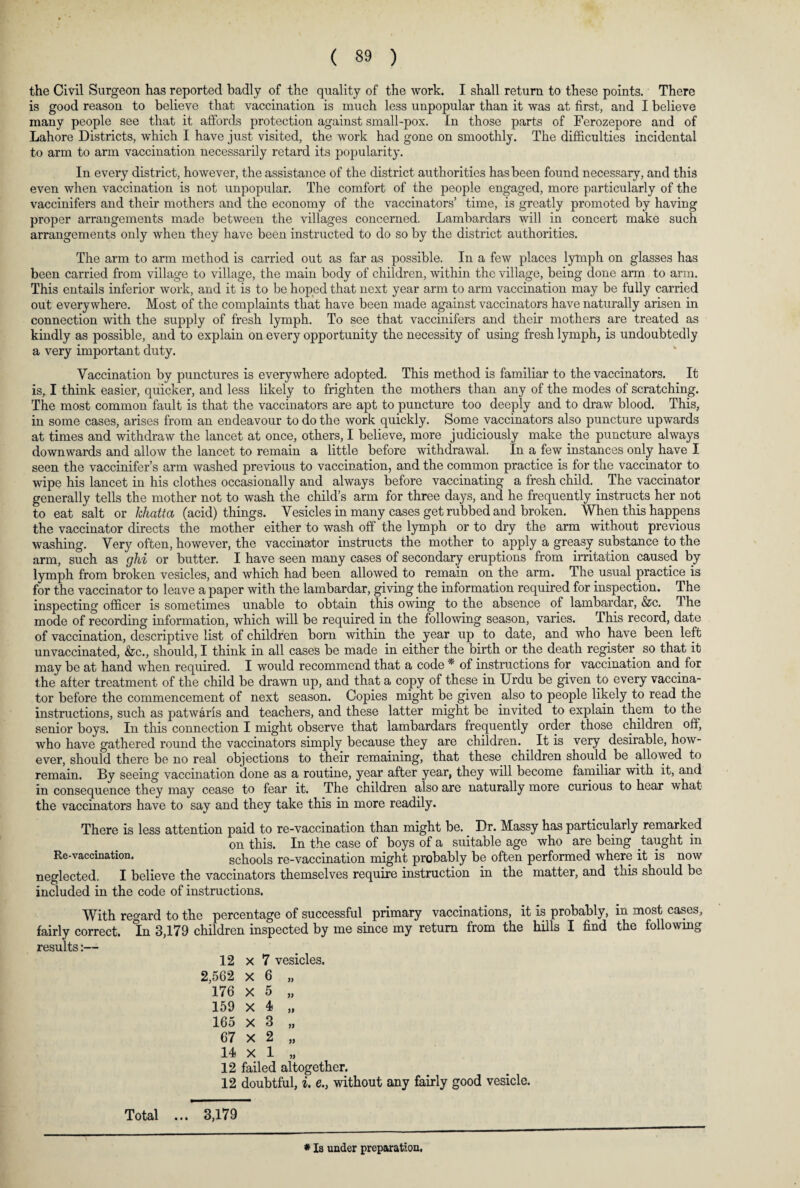 the Civil Surgeon has reported badly of the quality of the work. I shall return to these points. There is good reason to believe that vaccination is much less unpopular than it was at first, and I believe many people see that it affords protection against small-pox. In those parts of Ferozepore and of Lahore Districts, which I have just visited, the work had gone on smoothly. The difficulties incidental to arm to arm vaccination necessarily retard its popularity. In every district, however, the assistance of the district authorities has been found necessary, and this even when vaccination is not unpopular. The comfort of the people engaged, more particularly of the vaccinifers and their mothers and the economy of the vaccinators’ time, is greatly promoted by having proper arrangements made between the villages concerned. Lambardars will in concert make such arrangements only when they have been instructed to do so by the district authorities. The arm to arm method is carried out as far as possible. In a few places lymph on glasses has been carried from village to village, the main body of children, within the village, being done arm to arm. This entails inferior work, and it is to be hoped that next year arm to arm vaccination may be fully carried out everywhere. Most of the complaints that have been made against vaccinators have naturally arisen in connection with the supply of fresh lymph. To see that vaccinifers and their mothers are treated as kindly as possible, and to explain on every opportunity the necessity of using fresh lymph, is undoubtedly a very important duty. Vaccination by punctures is everywhere adopted. This method is familiar to the vaccinators. It is, I think easier, quicker, and less likely to frighten the mothers than any of the modes of scratching. The most common fault is that the vaccinators are apt to puncture too deeply and to draw blood. This, in some cases, arises from an endeavour to do the work quickly. Some vaccinators also puncture upwards at times and withdraw the lancet at once, others, I believe, more judiciously make the puncture always downwards and allow the lancet to remain a little before withdrawal. In a few instances only have I seen the vaccinifers arm washed previous to vaccination, and the common practice is for the vaccinator to wipe his lancet in his clothes occasionally and always before vaccinating a fresh child. The vaccinator generally tells the mother not to wash the child’s arm for three days, and he frequently instructs her not to eat salt or lchatta (acid) things. Vesicles in many cases get rubbed and broken. When this happens the vaccinator directs the mother either to wash off the lymph or to dry the arm without previous washing. Very often, however, the vaccinator instructs the mother to apply a greasy substance to the arm, such as ghi or butter. I have seen many cases of secondary eruptions from irritation caused by lymph from broken vesicles, and which had been allowed to remain on the arm. The usual practice is for the vaccinator to leave a paper with the lambardar, giving the information required for inspection. The inspecting officer is sometimes unable to obtain this owing to the absence of lambardar, &c. The mode of recording information, which will be required in the following season, varies. This record, date of vaccination, descriptive list of children bom within the year up to date, and who have been left unvaccinated, &c., should, I think in all cases be made in either the birth or the death register so that it may be at hand when required. I would recommend that a code * of instructions for vaccination and for the after treatment of the child be drawn up, and that a copy of these in Urdu be given to every vaccina¬ tor before the commencement of next season. Copies might be given also to people likely to read the instructions, such as patwaris and teachers, and these latter might be invited to explain them to the senior boys. In this connection I might observe that lambardars frequently order those children off, who have gathered round the vaccinators simply because they are children. . It is very desirable, how¬ ever, should there be no real objections to their remaining, that these children should be allowed to remain. By seeing vaccination done as a routine, year after year, they will become familiar with it, and in consequence they may cease to fear it. The children also are naturally more curious to hear what the vaccinators have to say and they take this in more readily. There is less attention paid to re-vaccination than might be. Dr. Massy has particularly remarked on this. In the case of boys of a suitable age who are being taught in Re-vaccination. schools re-vaccination might probably be often performed where it is now neglected. I believe the vaccinators themselves require instruction in the matter, and this should be included in the code of instructions. With regard to the percentage of successful primary vaccinations, it is probably, fairly correct. In 3,179 children inspected by me since my return from the hills I find results:— 12 x 7 vesicles. 2,562 X 6 „ 176 X 5 „ 159 X 4 „ 165 x 3 „ 67 X 2 „ 14 X 1 „ 12 failed altogether. 12 doubtful, i. e.y without any fairly good vesicle. in most cases, the following Total ... 3,179 # Is under preparation,