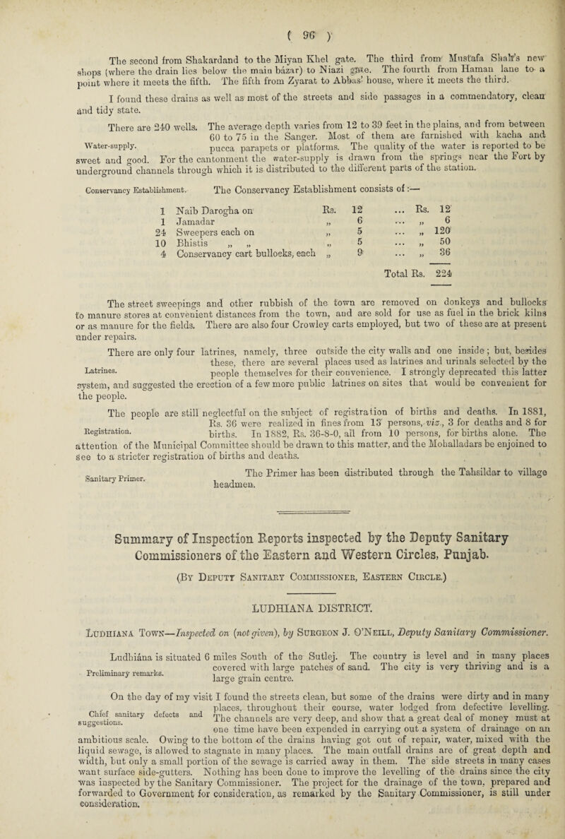 ( SR )• The second from Shakardand to the Miyan Khel gate. The third from’ Mustafa Shah’s new sliops (where the drain lies below the main bazar) to Niazi gjatte. The fourth from Haman lane to- a point where it meets the fifth. The fifth from Zyarat to Abbas’ house, where it meets the third. I found these drains as well as most of the streets and side passages in a commendatory, clean and tidy state. There are 240 wells. The average depth varies from 12 to 39 feet in the plains, and from between GO to 75 in the Sanger. Most of them are furnished with kacha and Water-supply. pucca parapets or platforms. The quality of the water is reported to be sweet aud good. For the cantonment the water-supply is drawn from the springs near the Fort by underground channels through which it is distributed to the difierent parts of the station. Conservancy Establishment. The Conservancy Establishment consists of:— 1 Naib Darogha on Rs. 12 ... Rs. 12 1 Jamadar )> 6 * )) 6 24 Sweepers each on )> 5 ... jy 120 10 Bhistis „ „ ») 5 ... „ 50 4 Conservancy cart bullocks, each ?> 9 ... )f 36 Total Rs. 224 The street sweepings and other rubbish of the town are removed on donkeys and bullocks to manure stores at convenient distances from the town, aud are sold for use as fuel in the brick kilns or as manure for the fields. There are also four Crowley carts employed, but two of these are at present under repairs. There are only four latrines, namely, three outside the city walls and one inside; but, besides these, there are several places used as latrines and urinals selected by the Latrines. people themselves for their convenience. I strongly deprecated this latter system, and suggested the erection of a few more public latrines on sites that would be convenient for the people. The people are still neglectful on the subject of registration of births and deaths. In 1881, Rs. 36 were realized in fines from 13' persons,, viz., 3 for deaths and 8 for Registration. births. In 1882, Its. 36-8-0, ail from 10 persons, for births alone. The attention of the Municipal Committee should be drawn to this matter, and the Mohalladars be enjoined to See to a stricter registration of births and deaths. Sanitary Primer. The Primer has been distributed through the Tahsildar to village headmen. Summary of Inspection Eeports inspected by the Deputy Sanitary Commissioners of the Eastern and Western Circles, Punjab. (By Deputt Sanitary Commissioner, Eastern Circle.) LUDHIANA DISTRICT. Ludhiana Town—Inspected on [not given), by Surgeon J. O’Neill, Deputy Sanitary Commissioner. Ludhiana is situated 6 miles South of the Sutlej. The country is level and in many places . , covered with large patches of sand. The city is very thriving and is a Preliminary remarks. . . large gram centre. On the day of my visit I found the streets clean, but some of the drains were dirty arid in many places, throughout their course, water lodged from defective levelling. 8ug^estionsIlltary defeCtS and The channels are very deep, and show that a great deal of money must at one time have been expended in carrying out a system of drainage on an ambitious scale. Owing to the bottom -of the drains having got out of repair, water, mixed with the liquid sewage, is allowed to stagnate in many places. The main outfall drains are of great depth and width, but only a small portion of the sewage is carried away in them. The side streets in many cases want surface side-gutters. Nothing has been done to improve the levelling of the drains since the city Was inspected by the Sanitary Commissioner. The project for the drainage of the town, prepared and forwarded to Government for consideration, as remarked by the Sanitary Commissioner, is still under consideration.
