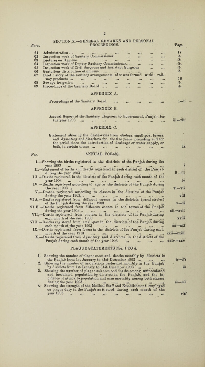 2 SECTION X.—GENERAL REMARKS AND PERSONAL Para. PROCEEDINGS. 61 Administration ... ... ... ... ... 62 Inspection work of Sanitary Commissioner 63 Lectures on Hygiene ... .. ... ... 64 Inspection work of Deputy Sanitary Commissioner... ,,, ... 65 Inspection work of Civil Surgeons and Assistant Surgeons 66 Gratuitous distribution of quinine ... ... ... ... 67 Brief history of the sanitary arrangements of towns formed within rai way precincts ... ... ... ... i«. ... 68 Sewage irrigation ... ... ... ... ... 69 Proceedings of the Sanitary Board ... HI • •• APPENDIX A. Proceedings of the Sanitary Board ... APPENDIX B. Annual Report of the Sanitary Engineer to Government, Punjab, for the year 1903 ... ... •• ... ... ... ... ... APPENDIX C. Statement showing the death-rates from cholera, small-pox, fevers, and dysentery and diarrhoea for the five years preceding and for the period since the introduction of drainage or water supply, or both, in certain towns ... ... ... ... ... Nos, ANNUAL FORMS. I. —Showing the births registered in the districts of the Punjab during the year 1903 ... ... ... ... ... ... ... ... ... II. —Statement of births and deaths registered in each district of the Punjab during the year 1903... ... ... ... ... ... ... ... III. —Deaths registered in the districts of the Punjab during each month of the year 1903 ... ... ... ... ... ... ... ... ... IV. — Deaths registered according to age in the districts of the Punjab daring the year 1903... ... ... ... ... ... ... ... ... V.-—Deaths registered according to classes in the districts of the Punjab during the year 1903... ... ... ... ... ... ... ... VI A.—Deaths registered from different causes in the districts (rural circles) of the Punjab during the year 1903 ... ... ... ... ... VI B.—Deaths registered from different causes in the towns of the Punjab during the year 1903... ... ... ... ... ... ... ... VH.—Deaths registered from cholera in the districts of the Punjab during each month of the year 1903 ... ... ... ... ... ... VIII.—'Deaths registered from small-pox in the districts of the Punjab during each month of the year 1903 ... ... ... ... ... ... IX.—-Deaths registered from fevers in the districts of the Punjab during each month of the year 1903 ... ... ... ... ... X.—-Deaths registered from dysentery and diarrhoea in the districts of the Punjab during each month of the year 1903 ... .. ... ... PLAGUE STATEMENTS Nos. 1 TO 4. I. Showing the number of plague cases and deaths monthly by districts in the Punjab from 1st January to 3lst December ).903 ... ... ... 2; Showing the number of inoculations performed monthly in the Punjab by districts from 1st January to 31st December 1903 ... ... ... 3. Showing the number of plague seizures and deaths among uninoculated and inoculated population by districts in the Punjab, and the in¬ cidence of attack to population and ease mortality among both classes daring the year 1903 . ... . 4. Showing the strength of the Medical Staff and Establishment employed on plague duty iu the Puujab as it stood daring each month of the year 1903 ... ... ... ... ... ... ... ... ... Fags. 17 ib. ib. ib. ib. ib. 18 ib. ib. l—ii in—via IX li—ui iv vi —vii viii x—xi xii—xvii A * at. xvm xx—xii xxii—xxiii xxiv— xxv « • • ix—III IV VI—VI l Vl\t