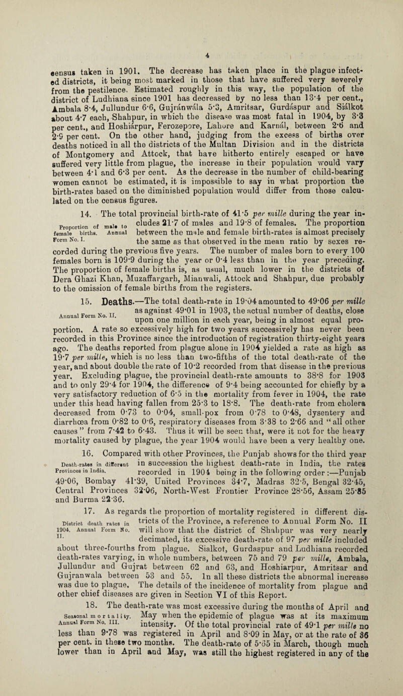 eensus taken in 1901. The decrease has taken place in the plague infect¬ ed districts, it being most marked in those that have suffered very severely from the pestilence. Estimated rouglily in this way, the population of the district of Ludhiaua since 1901 has decreased by no less than 13’4 percent., Ambala 8*4, Jullundur 6-6, Gujranwala 5*3, Amritsar, Gurdaspur and Sialkot about 4*7 each, Shahpur, in which the disease was most fatal in 1904, by 3*3 per cent., and Hoshiarpur, Ferozepore, Lahore and Karnal, between 2*0 and 2*9 per cent. On the other hand, judging from the excess of births over deaths noticed in all the districts of the Multan Division and in the districts of Montgomery and Attock, that have hitherto entirely escaped or have suffered very little from plague, the increase in their population would vary between 4*1 and 6*3 per cent. As the decrease in the number of child-bearing women cannot be estimated, it is impossible to say in what proportion the birth-rates based on the diminished population would differ from those calcu¬ lated on the census figures. 14. The total provincial birth-rate of 41*5 per mille during the year in- Proportion of mai« to cludes 21*7 of males and 19*8 of females. The proportion female births. Annual between the m-ile and female birth-rates is almost precisely Form No. I. the Same as that obseived in the mean ratio by sexes re¬ corded during the previous five years. The number of males born to every 100 females born is 109*9 during the year or 0*4 less than in the year preceding. The proportion of female births is, as usual, much lower in the districts of Dera Ghazi Khan, Muzaffargarh, Mianwali, Attock and Shahpur, due probably to the omission of female births from the registers. 15. Dearths*—The total death-rate in 19*04 amounted to 49*06 jjer mille as against 49*01 in 1903, the actual number of deaths, close Annual Form.. o. . upou One million in each year, being in almost equal pro¬ portion. A rate so excessively high for two years successively has never been recorded in this Province since the introduction of registration thirty-eight years ago. The deaths reported from plague alone in 1904 yielded a rate as high as 19*7 per miller which is no less than two-fifths of the total death-rate of the year, and about double the rate of 10*2 recorded from that disease in the previous year. Excluding plague, the provincial death-rate amounts to 38*8 for 1903 and to only 29*4 for 1904, the difference of 9*4 being accounted for chiefly by a very satisfactory reduction of 6*5 in the mortality from fever in 1904, the rate under this head having fallen from 25*3 to 18*8. The death-rate from cholera decreased from 0*73 to 0*04, small-pox from 0'78 to 0*48, dysentery and diarrhoea from 0*82 to 0*6, respiratory diseases from 3*38 to 2*66 and “all other causes ” from 7*42 to 6*43. I'hus it will be seen that, were it not for the heavy mortality caused by plague, the year 1904 would have been a very healthy one. 16. Compared with other Provinces, the Punjab shows for the third year Death-rates in different iu succession the highest death-rate in India, the rates Provinces in India. recorded in 1904 being in the following order :—Punjab 49*06, Bombay 41*39, United Provinces 34*7, Madras 32*5, Bengal 32*45, Central Provinces 32*06, North-West Frontier Province 28*56, Assam 25*85 and Burma 22’36. 17. As regards the proportion of mortality registered in different dis- Diatriot death rates in f-^’icts of the Province, a reference to Annual Form No. II 1904. Annual Foim No. will show that the district of Shahpur was very nearly decimated, its excessive death-rate of 97 per mille included about three-fourths from plague. Sialkot, Gurdaspur and Ludhiana recorded death-rates varying, in whole numbers, between 75 and 79 per 7nille, Ambala, Jullundur and Gujrat between 62 and 63, and Hoshiarpur, Amritsar and Gujranwala between 53 and 55. In all these districts the abnormal increase was due to plague. The details of the incidence of mortality from plague and other chief diseases are given in Section VI of this Report. 18. The death-rate was most excessive during the months of April and Seaionai m o r t a 1 i ty. May when the epidemic of plague was at its maximum Annual Form No. III. intensity. Of the total provincial rate of 49*1 per mille no less than^ 9*78 was registered in April and 8*09 in May, or at the rate of 86 per cent, in theBo two months. The death-rate of 5*65 in March, though much lower than in April and May, was still the highest registered in any of the