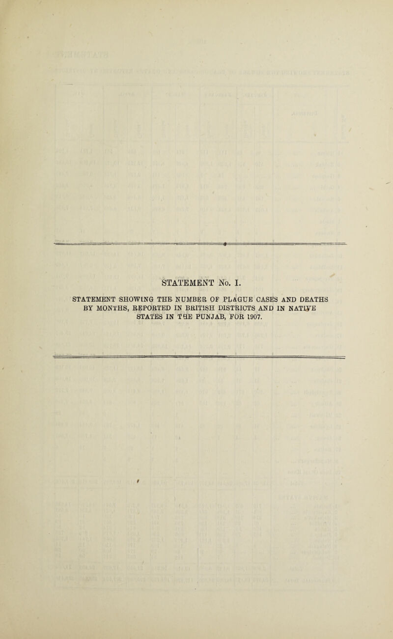 STATEMENT No. I STATEMENT SHOWING THE NUMBER OF PLAGUE CASES AND DEATHS BY MONTHS, REPORTED IN BRITISH DISTRICTS AND IN NATIVE STATES IN TEE PUNJAB, FOR 1907.