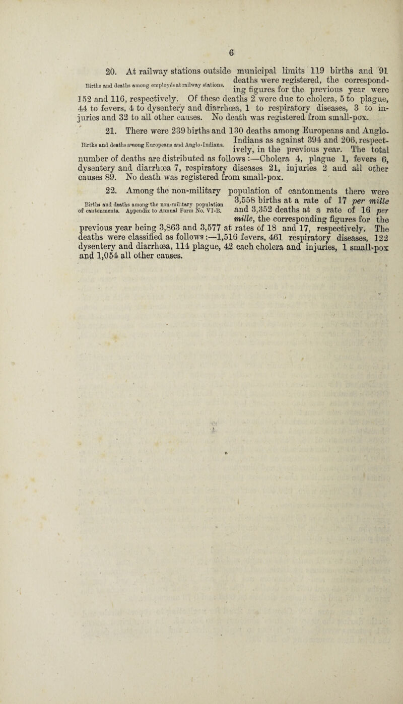 20. At railway stations outside municipal limits 119 births and 91 , , , .. . deaths were registered, the correspond- Births and deaths among employes at railway stations. . £ i, • mg figures tor the previous year were 152 and 116, respectively. Of these deaths 2 were due to cholera, 5 to plague, 44 to fevers, 4 to dysentery and diarrhoea, 1 to respiratory diseases, 3 to in¬ juries and 32 to all other causes. No death was registered from soiall-pox. 21. There were 239 births and 130 deaths among Europeans and Anglo- „ ,, . T Indians as against 394 and 206, respect- Births and deathsamong Europeans and Anglo-Indians. • , , ,i u • , , _ ively, m the previous year. The total number of deaths are distributed as follows :—Cholera 4, plague 1, fevers 6, dysentery and diarrhoea 7, respiratory diseases 21, injuries 2 and all other causes 89. No death was registered from small-pox. 22. Among the non-military population of cantonments there were «... . , ... , 3,558 births at a rate of 17 per mills Births and deatns among the non-military population j o i n x j p of cantonments. Appendix to Annual Form No. VI-B. &HU. 0^352i (IGcltilS Sit Si TcltG 01 16 p6T mille, the corresponding figures for the previous year being 3,863 and 3,577 at rates of 18 and 17, respectively. The deaths were classified as follows :—1,516 fevers, 461 respiratory diseases, 122 dysentery and diarrhoea, 114 plague, 42 each cholera and injuries, 1 small-pox and 1,054 all other causes. *