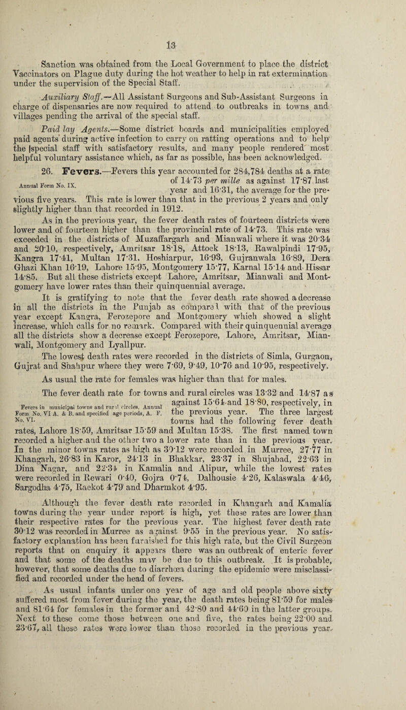 N Sanction was obtained from the Local Government to place the district Vaccinators on Plague duty during the hot weather to help in rat extermination under the supervision of the Special Staff. Auxiliary Staff.—All Assistant Surgeons and Sub-Assistant Surgeons in charge of dispensaries are now required to attend to outbreaks in towns and; villages pending the arrival of the special staff. Paid lay Agents.—Some district boards and municipalities employed paid agents during active infection to carry on ratting operations and to help the |special staff with satisfactory results, and many people rendered most helpful voluntary assistance which, as far as possible, has been acknowledged. 26. Fevers.—Pevers this year accounted for 284,781 deaths at a rate: , „ XT of 14*73 per mille as against 17*87 last Annual Form No. IX. i -i /» r»-i j_i <? j, year and 16*31, the average lor the pre¬ vious five years. This rate is lower than that in the previous 2 years and only slightly higher than that recorded in 1912. As in the previous year, the fever death rates of fourteen districts Were lower and of fourteen higher than the provincial rate of 14*73. This rate was exceeded in the districts of Muzaffargarh and Mianwali where it was 20*34 and 2010, respectively, Amritsar 1818, Attock 1813, Rawalpindi 17‘95, Kangra 17*41, Multan 17*31, Hoshiarpur, 16*93, Gujranwala 16 89, Dera Ghazi Khan 1619, Lahore 15*95, Montgomery 15*77, Karnal 15*14 and Hissar 14*85. But all these districts except Lahore, Amritsar, Mianwali and Mont¬ gomery have lower rates than their quinquennial average. It is gratifying to note that the fever death rate showed a decrease in all the districts in the Punjab as compare l with that of the previous year except Kangra, Perozepore and Montgomery which showed a slight increase, which calls for no remark. Compared with their quinquennial average all the districts show a decrease except Perozepore, Lahore, Amritsar, Mian¬ wali, Montgomery and Lyallpur. The lowest death rates were recorded in the districts of Simla, Gurgaon, Gujrat and Shahpur where they were 7*69, 9*49, 10*76 and 10*95, respectively. As usual the rate for females was higher than that for males. Fevers in municipal towns and ruril circles. Annual Form No. VI A. & B. and specified age periods, A. F. No. VI. The fever death rate for towns and rural circles was 13*32 and 14*87 as against 15*64.and 18*80, respectively, in the previous year. The three largest towns had the following fever death rates, Lahore 18*59, Amritsar 15*59 and Multan 15*38. The first named town recorded a higher and the other two a lower rate than in the previous year. In the minor towns rates as high as 30*12 were recorded in Murree, 27*77 in Khangarh, 26*83 in Karor, 24*13 in Bhakkar, 23*37 in Shujabad, 22*63 in Dina Nagar, and 22*34 in Kamalia and Alipur, while the lowest rates' were recorded in Bewari 0*40, Gojra 0*74, Dalhousie 4*26, Kalaswala 4*46y Bargodha 4*75, Itaekot 4*79 and Dharmkot 4*95. Although the fever death rate recorded in Khangarh and Kamalia towns during the year under report is high, yet these rates are lower than their respective rates for the previous year. The highest fever death rate 30*12 was recorded in Murree as against 9*55 in the previous year. No satis-- factory explanation has been furnished for this high rate, but the Civil Surgeon reports that on enquiry it appears there was an outbreak of enteric fever* and that some of the deaths mav be due to this outbreak. It is probable, however, that some deaths due to diarrhoea during the epidemic were misclassi- fied and recorded under the head of fevers. As usual infants under one year of age and old people above sixty suffered most from fever during the year, the death rates being 81*59 for males' and 81*64 for females in the former and 42*80 and 44*60 in the latter groups. Next to these come those between one and five, the rates being 22*00 and 23*07, all these rates Were lower than those recorded in the previous year.-