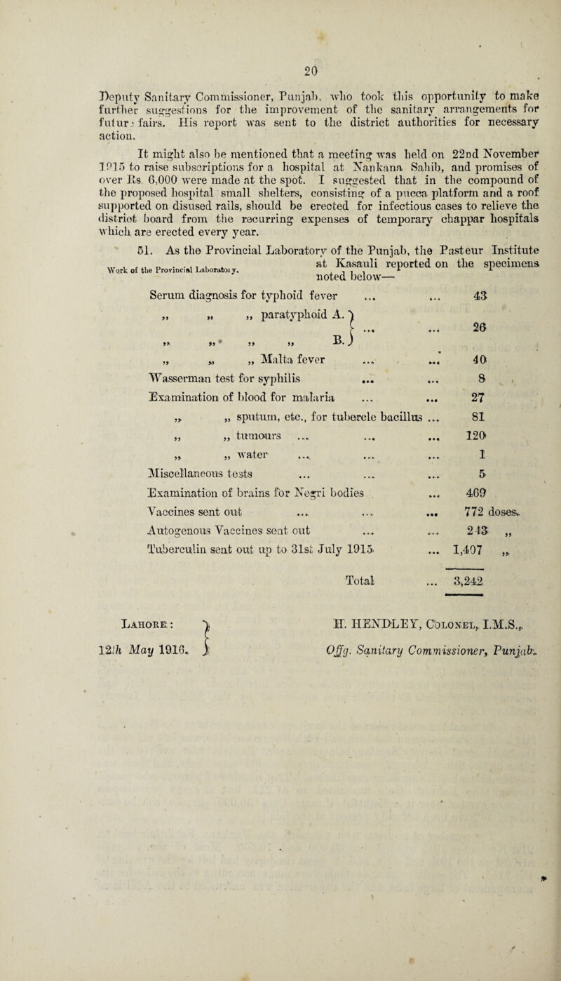 Deputy Sanitary Commissioner, Punjab, who took 'this opportunity to make further suggestions for the improvement of the sanitary arrangements for futurj fairs. His report was sent to the district authorities for necessary action. It might also be mentioned that a meeting was held on 22nd November 1915 to raise subscriptions for a hospital at Nankana Sahib, and promises of over Its. 6,000 were made at the spot. I suggested that in the compound of the proposed hospital small shelters, consisting of a pucca platform and a roof supported on disused rails, should be erected for infectious cases to relieve the district board from the recurring expenses of temporary chappar hospitals which are erected every year. As the Provincial Laboratory of the Punjab, the Pasteur Institute at Kasauli reported on the specimens noted below— 51. Work of the Provincial Laboratoi y. Serum diagnosis for typhoid fever „ paratyphoid A. »» »> >» B. « „ „ ,, Malta fever Wasserman test for syphilis ... Examination of blood for malaria „ sputum, etc., for tubercle bacillus ... „ tumours „ water Miscellaneous tests Examination of brains for Negri bodies Vaccines sent out Autogenous Vaccines sent out Tuberculin sent out up to 31st July 1915< 43 26 40 \ 8 27 SI 120 1 5 460 772 doses*. 2 f3 „ 1,407 Total ... 3>242 Lahore: H. IIENDLEY, Colonel, I.M.S.r 12Ih May 1916. O/Jg. Sanitary Commissioner, Punjab•*
