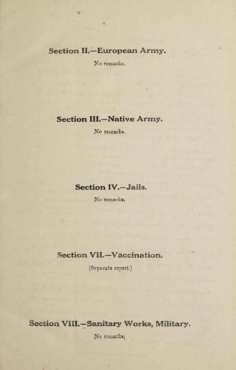 Section II.—European Army. No remarks. Section III.—Native Army. No remarks. Section IV.—-Jails. No remarks. Section VII.—Vaccination. (Separate report.) Section V1SI.—Sanitary Works, Military. No remarks.