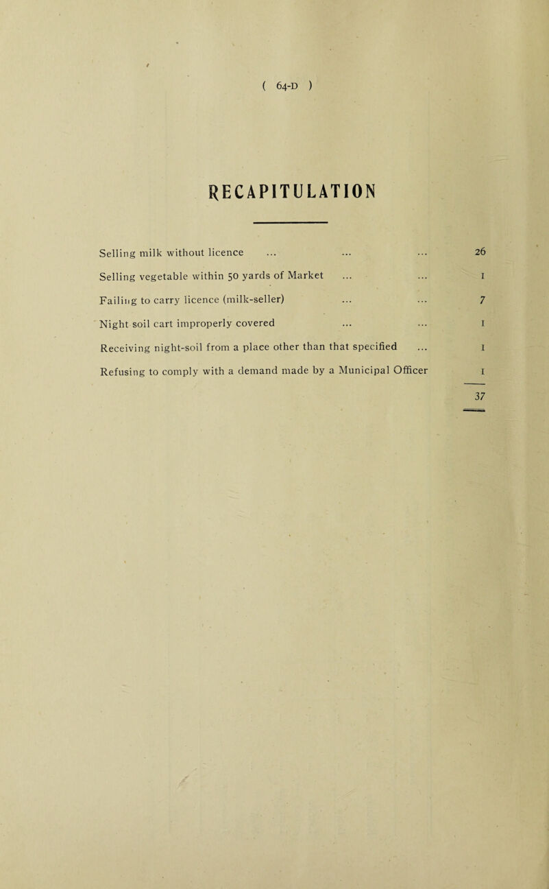 RECAPITULATION Selling milk without licence Selling vegetable within 50 yards of Market Failing to carry licence (milk-seller) Night soil cart improperly covered Receiving night-soil from a place other than that specified Refusing to comply with a demand made by a Municipal Officer