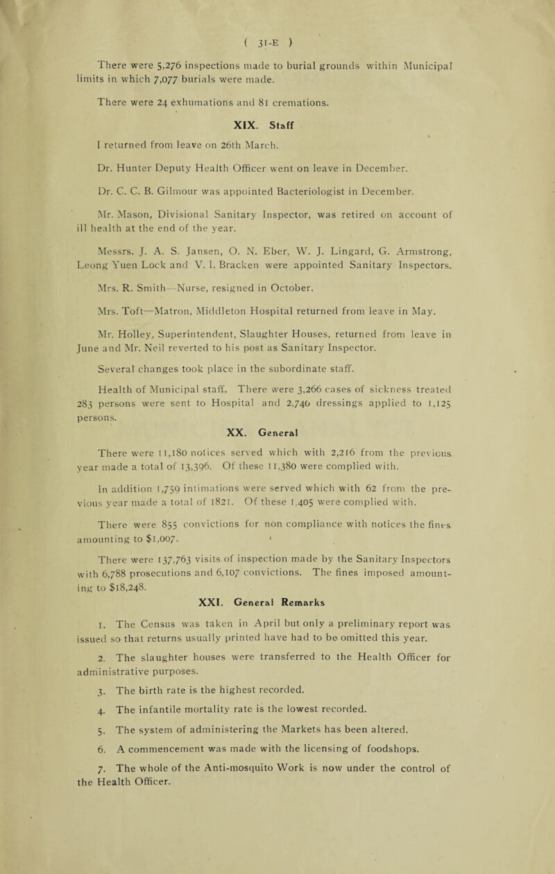 There were 5,276 inspections made to burial grounds within Municipal limits in which 7,077 burials were made. There were 24 exhumations and 81 cremations. XIX. Staff I returned from leave on 26th March. Dr. Hunter Deputy Health Officer went on leave in December. Dr. C. C. B. Gilmour was appointed Bacteriologist in December. Mr. Mason, Divisional Sanitary Inspector, was retired on account of ill health at the end of the year. Messrs. J. A. S. Jansen, O. N. Eber, W. J. Lingard, G. Armstrong, Leong Yuen Lock and V. I. Bracken were appointed Sanitary Inspectors. Mrs. R. Smith—Nurse, resigned in October. Mrs. Toft—Matron, Middleton Hospital returned from leave in May. Mr. Holley, Superintendent, Slaughter Houses, returned from leave in June and Mr. Neil reverted to his post as Sanitary Inspector. Several changes took place in the subordinate staff. Health of Municipal staff. There were 3,266 cases of sickness treated 283 persons were sent to Hospital and 2,740 dressings applied to 1,125 persons. XX. General There were Il,l8o notices served which with 2,2l6 from the previous year made a total of 13,396. Of these 11,380 were complied with. In addition 1,759 intimations were served which with 62 from the pre¬ vious year made a total of 1821. Of these 1,405 were complied with. There were 855 convictions for non compliance with notices the fines amounting to $1,007. ' There were 137,763 visits of inspection made by the Sanitary Inspectors with 6,788 prosecutions and 6,107 convictions. The fines imposed amount¬ ing to $18,248. XXI, Genera! Remarks 1. The Census was taken in April but only a preliminary report was issued so that returns usually printed have had to be omitted this year. 2. The slaughter houses were transferred to the Health Officer for administrative purposes. 3. The birth rate is the highest recorded. 4. The infantile mortality rate is the lowest recorded. 5. The system of administering the Markets has been altered. 6. A commencement was made with the licensing of foodshops. 7. The whole of the Anti-mosquito Work is now under the control of the Health Officer.