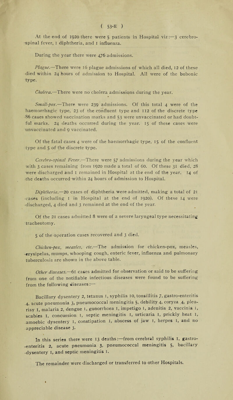 At the end of 1920 there were 5 patients in Hospital viz:—3 cerebro¬ spinal fever, I diphtheria, and I influenza. During the year there were 476 admissions. Plague.—There were 16 plague admissions of which all died, 12 of these died within 24 hours of admission to Hospital. All were of the bubonic type. Cholera.—There were no cholera admissions during the year. Small-pox.—There were 239 admissions. Of this total 4 were of the haemorrhagic type, 23 of the confluent type and 112 of the discrete type 86 cases showed vaccination marks and 53 were unvaccinated or had doubt¬ ful marks. 24 deaths occurred during the year. 15 of these cases were unvaccinated and 9 vaccinated. Of the fatal cases 4 were of the haemorrhagic type, 15 of the confluent type and 5 of the discrete type. Cerebrospinal Fever.—There were 57 admissions during the year which with 3 cases remaining from 1920 made a total of 60. Of these 31 died, 28 were discharged and I remained in Hospital at the end of the year. 14 of the deaths occurred within 24 hours of admission to Hospital. Diphtheria— 20 cases of diphtheria were admitted, making a total of 21 cases (including l in Hospital at the end of 1920). Of these 14 were discharged, 4 died and 3 remained at the end of the year. Of the 21 cases admitted 8 were of a severe laryngeal type necessitating tracheotomy. 5 of the operation cases recovered and 3 died. Chicken-pox, measles, etc.—The admission for chicken-pox, measles, • erysipelas, mumps, whooping cough, enteric fever, influenza and pulmonary tuberculosis are shown in the above table. Other diseases.—61 cases admitted for observation or said to be suffering from one of the notifiable infectious diseases were found to be suffering from the following diseases:— Bacillary dysentery 2, tetanus I, syphilis 10, tonsillitis 7, gastro-enteritis 4, acute pneumonia 3, pneumococcal meningitis 5, debility 4, coryza 4, pleu¬ risy 1, malaria 2, dengue 1, gonorrhoea I, impetigo I, adenitis 2, vaccinia 1, scabies I, concussion I, septic meningitis 1, urticaria I, prickly heat I, amoebic dysentery I, constipation I, abscess of jaw 1, herpes I, and no appreciable disease 3. In this series there were 13 deaths:—from cerebral syphilis I, gastro¬ enteritis 2, acute pneumonia 3, pneumococcal meningitis 5, bacillary -dysentery 1, and septic meningitis I. The remainder were discharged or transferred to other Hospitals. t