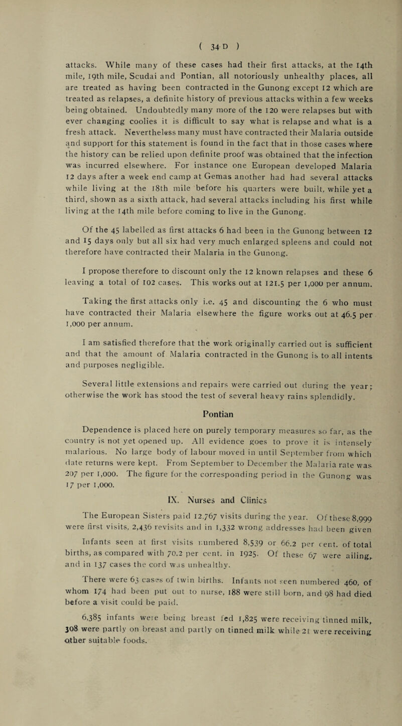 attacks. While many of these cases had their first attacks, at the 14th mile, 19th mile, Scudai and Pontian, all notoriously unhealthy places, all are treated as having been contracted in the Gunong except 12 which are treated as relapses, a definite history of previous attacks within a few weeks being obtained. Undoubtedly many more of the 120 were relapses but with ever changing coolies it is difficult to say what is relapse and what is a fresh attack. Nevertheless many must have contracted their Malaria outside and support for this statement is found in the fact that in those cases where the history can be relied upon definite proof was obtained that the infection was incurred elsewhere. For instance one European developed Malaria 12 days after a week end camp at Gemas another had had several attacks while living at the 18th mile before his quarters were built, while yet a third, shown as a sixth attack, had several attacks including his first while living at the 14th mile before coming to live in the Gunong. Of the 45 labelled as tirst attacks 6 had been in the Gunong between 12 and 15 days only but all six had very much enlarged spleens and could not therefore have contracted their Malaria in the Gunong. I propose therefore to discount only the 12 known relapses and these 6 leaving a total of 102 cases. This works out at 121.5 per 1,000 per annum. Taking the first attacks only i.e. 45 and discounting the 6 who must have contracted their Malaria elsewhere the figure works out at 46.5 per 1,000 per annum. I am satisfied therefore that the work originally carried out is sufficient and that the amount of Malaria contracted in the Gunong is to all intents and purposes negligible. Several little extensions and repairs were carried out during the year; otherwise the work has stood the test of several heavy rains splendidly. Pontian Dependence is placed here on purely temporary measures so far, as the country is not yet opened up. All evidence goes to prove it is intensely malarious. No large body of labour moved in until September from which date returns were kept. From September to December the Malaria rate was 207 per 1,000. The figure for the corresponding period in the Gunong was 17 per 1,000. IX. Nurses and Clinics The European Sisters paid 12,767 visits during the year. Of these 8,999 were first visits. 2,436 revisits and in 1,332 wrong addresses had been given Infants seen at first visits r,umbered 8,539 or 66.2 per cent, of total births, as compared with 70.2 per cent, in 1925. Of these 67 were ailing,, and in 137 cases the cord was unhealthy. I here were 63 cases of twin births. Infants not seen numbered 460, of whom 174 had been put out to nurse, 188 were still born, and 98 had died before a visit could be paid. 6,385 infants were being breast fed 1,825 were receiving tinned milk, 308 were partly on breast and partly on tinned milk while 21 were receiving other suitable foods.