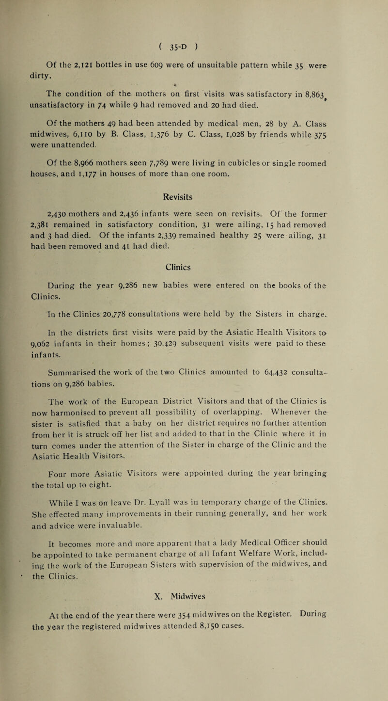 Of the 2,121 bottles in use 609 were of unsuitable pattern while 35 were dirty. « . •« The condition of the mothers on first visits was satisfactory in 8,863 unsatisfactory in 74 while 9 had removed and 20 had died. Of the mothers 49 had been attended by medical men, 28 by A. Class midwives, 6,110 by B. Class, 1,376 by C. Class, 1,028 by friends while 375 were unattended. Of the 8,966 mothers seen 7,789 were living in cubicles or single roomed houses, and 1,177 in houses of more than one room. Revisits 2,430 mothers and 2,436 infants were seen on revisits. Of the former 2,381 remained in satisfactory condition, 31 were ailing, 15 had removed and 3 had died. Of the infants 2,339 remained healthy 25 were ailing, 31 had been removed and 41 had died. Clinics During the year 9,286 new babies were entered on the books of the Clinics. In the Clinics 20,778 consultations were held by the Sisters in charge. In the districts first visits were paid by the Asiatic Health Visitors to 9,062 infants in their homes; 30,429 subsequent visits were paid to these infants. Summarised the work of the two Clinics amounted to 64,432 consulta¬ tions on 9,286 babies. The work of the European District Visitors and that of the Clinics is now harmonised to prevent all possibility of overlapping. Whenever the sister is satisfied that a baby on her district requires no further attention from her it is struck off her list and added to that in the Clinic where it in turn comes under the attention of the Sister in charge of the Clinic and the Asiatic Health Visitors. Four more Asiatic Visitors were appointed during the year bringing the total up to eight. While I was on leave Dr. Lyall was in temporary charge of the Clinics. She effected many improvements in their running generally, and her work and advice were invaluable. It becomes more and more apparent that a lady Medical Officer should be appointed to take permanent charge of all Infant Welfare Work, includ¬ ing the work of the European Sisters with supervision of the midwives, and the Clinics. X. Midwives At the end of the year there were 354 midwives on the Register. During the year the registered midwives attended 8,150 cases.
