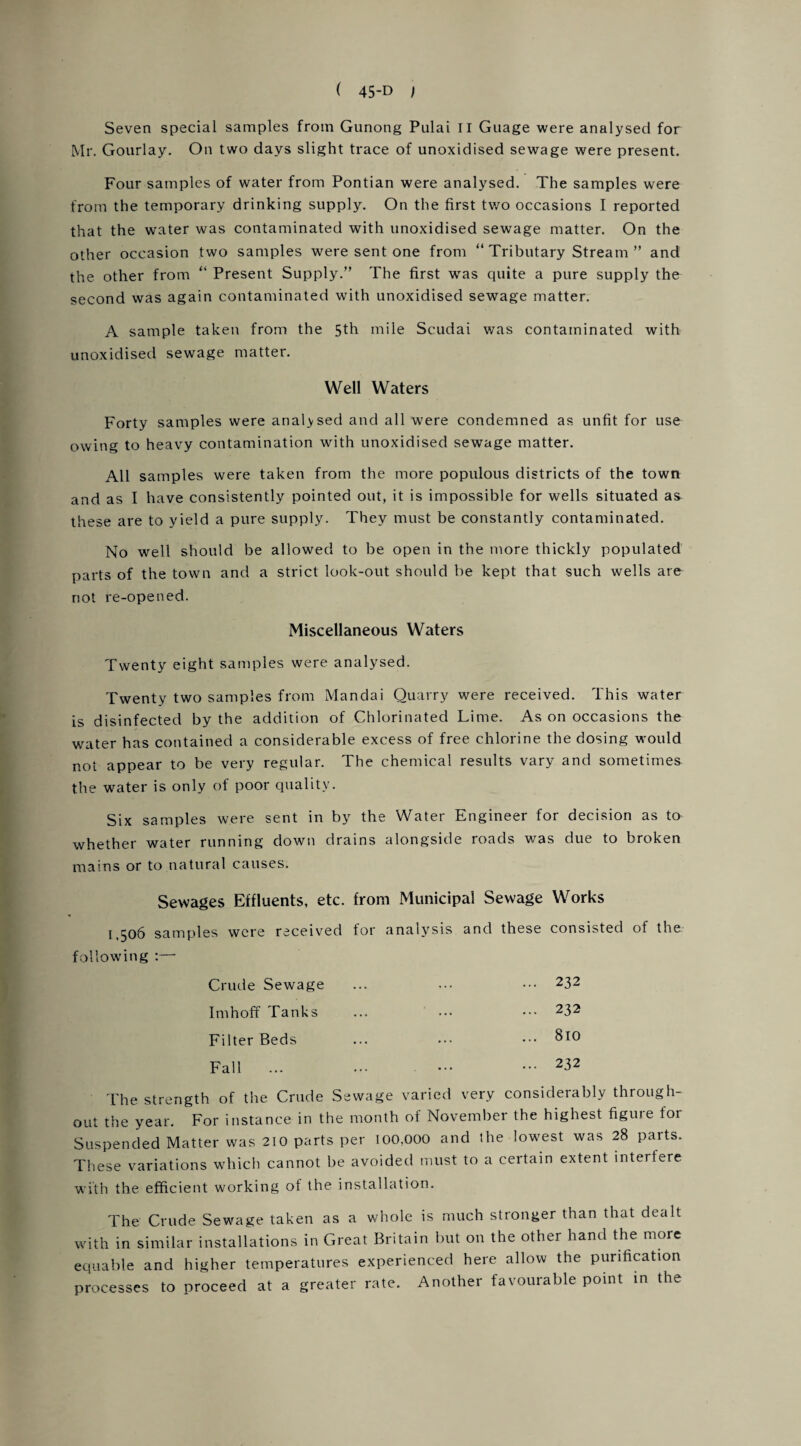 Seven special samples from Gunong Pulai II Guage were analysed for Mr. Gourlay. On two days slight trace of unoxidised sewage were present. Four samples of water from Pontian were analysed. The samples were from the temporary drinking supply. On the first two occasions I reported that the water was contaminated with unoxidised sewage matter. On the other occasion two samples were sent one from “Tributary Stream” and the other from “ Present Supply.” The first was quite a pure supply the second was again contaminated with unoxidised sewage matter. A sample taken from the 5th mile Scudai was contaminated with unoxidised sewage matter. Well Waters Forty samples were analysed and all were condemned as unfit for use owing to heavy contamination with unoxidised sewage matter. All samples were taken from the more populous districts of the town and as I have consistently pointed out, it is impossible for wells situated as these are to yield a pure supply. They must be constantly contaminated. No well should be allowed to be open in the more thickly populated parts of the town and a strict look-out should be kept that such wells are not re-opened. Miscellaneous Waters Twenty eight samples were analysed. Twenty two samples from Mandai Quarry were received. This water is disinfected by the addition of Chlorinated Lime. As on occasions the water has contained a considerable excess of free chlorine the dosing would not appear to be very regular. The chemical results vary and sometimes the water is only of poor quality. Six samples were sent in by the Water Engineer for decision as to whether water running down drains alongside roads was due to broken mains or to natural causes. Sewages Effluents, etc. from Municipal Sewage Works I 506 samples were received for analysis and these consisted of the following :—• Crude Sewage ... ... ••• 232 Imhoff Tanks ... ••• ••• 232 Filter Beds ... .•• ••• Fall ... ... ••• ••• 232 The strength of the Crude Sewage varied very considerably through¬ out the year. For instance in the month of November the highest figure for Suspended Matter was 210 parts per 100,000 and the lowest was 28 parts. These variations which cannot be avoided must to a certain extent interfere with the efficient working of the installation. The Crude Sewage taken as a whole is much stronger than that dealt with in similar installations in Great Britain but on the other hand the more equable and higher temperatures experienced here allow the purification processes to proceed at a greater rate. Another favourable point in the