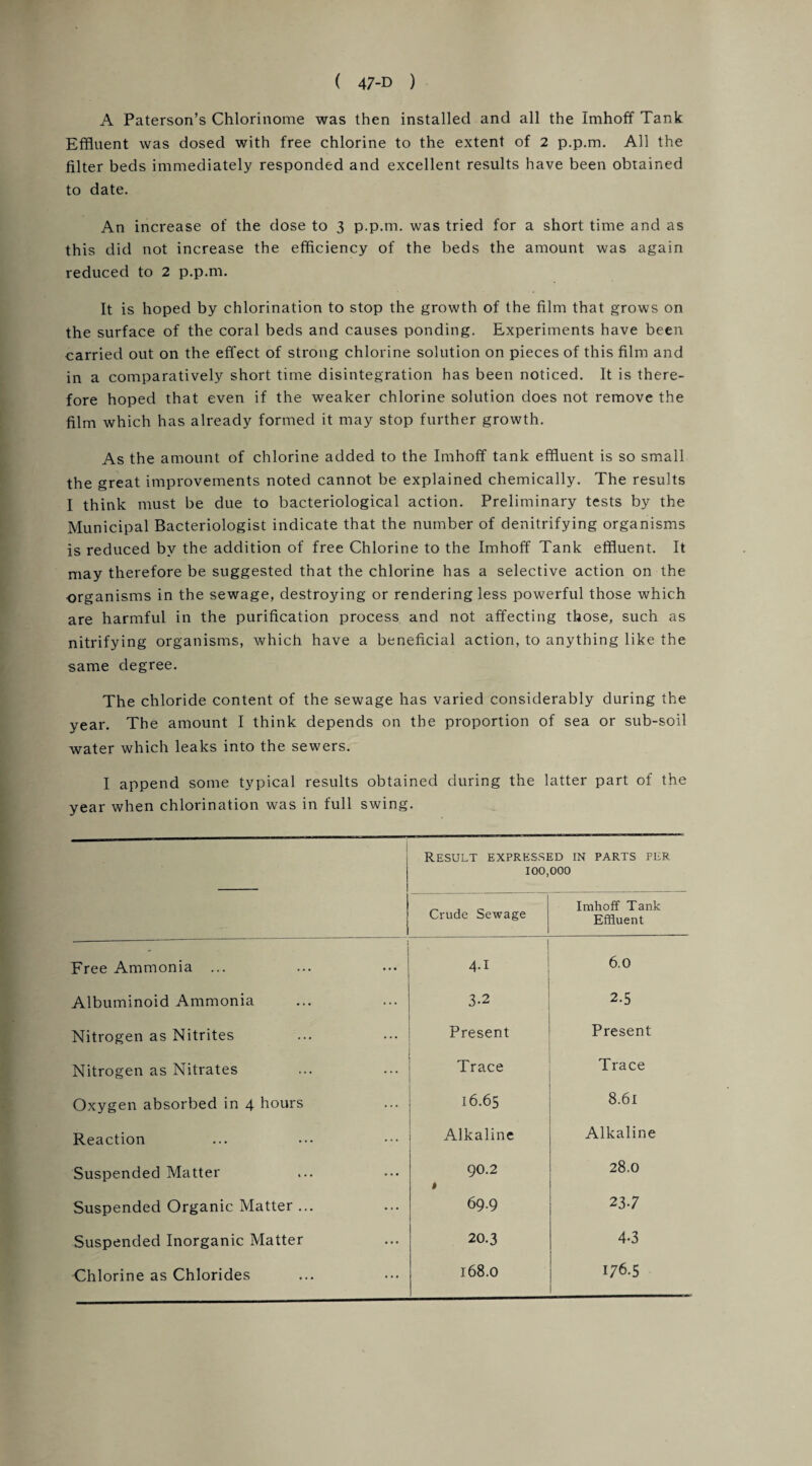 A Paterson’s Chlorinome was then installed and all the Imhoff Tank Effluent was dosed with free chlorine to the extent of 2 p.p.m. All the filter beds immediately responded and excellent results have been obtained to date. An increase of the dose to 3 p.p.m. was tried for a short time and as this did not increase the efficiency of the beds the amount was again reduced to 2 p.p.m. It is hoped by chlorination to stop the growth of the film that grows on the surface of the coral beds and causes ponding. Experiments have been carried out on the effect of strong chlorine solution on pieces of this film and in a comparatively short time disintegration has been noticed. It is there¬ fore hoped that even if the weaker chlorine solution does not remove the film which has already formed it may stop further growth. As the amount of chlorine added to the Imhoff tank effluent is so small the great improvements noted cannot be explained chemically. The results I think must be due to bacteriological action. Preliminary tests by the Municipal Bacteriologist indicate that the number of denitrifying organisms is reduced by the addition of free Chlorine to the Imhoff Tank effluent. It may therefore be suggested that the chlorine has a selective action on the organisms in the sewage, destroying or rendering less powerful those which are harmful in the purification process and not affecting those, such as nitrifying organisms, which have a beneficial action, to anything like the same degree. The chloride content of the sewage has varied considerably during the year. The amount I think depends on the proportion of sea or sub-soil water which leaks into the sewers. I append some typical results obtained during the latter part of the year when chlorination was in full swing. Result expressed in parts per 100,000 Crude Sewage Imhoff Tank Effluent Free Ammonia ... 1 4.1 6.0 Albuminoid Ammonia 3-2 2-5 Nitrogen as Nitrites Present Present Nitrogen as Nitrates Trace Trace Oxygen absorbed in 4 hours 16.65 8.61 Reaction Alkaline Alkaline Suspended Matter 90.2 » 28.0 Suspended Organic Matter ... 69.9 237 Suspended Inorganic Matter 20.3 4-3 Chlorine as Chlorides 168.O 176.5