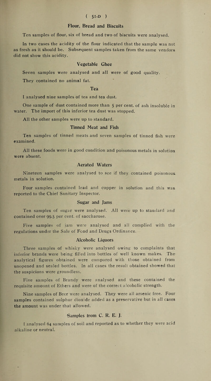 Flour, Bread and Biscuits Ten samples of flour, six of bread and two of biscuits were analysed. In two cases the acidity of the flour indicated that the sample was not as fresh as it should be. Subsequent samples taken from the same vendors, did not show this acidity. Vegetable Ghee Seven samples were analysed and all were of good quality. They contained no animal fat. Tea I analysed nine samples of tea and tea dust. One sample of dust contained more than 5 per cent, of ash insoluble in water. The import of this inferior tea dust Was stopped. All the other samples were up to standard. Tinned Meat and Fish Ten samples of tinned meats and seven samples of tinned fish were examined. All these foods were in good condition and poisonous metals in solution were absent. Aerated Waters Nineteen samples were analysed to see if they contained poisonous, metals in solution. Four samples contained lead and copper in solution and this was reported to the Chief Sanitary Inspector. Sugar and Jams Ten samples of sugar were analysed. All were up to standard and contained over 99.5 per cent, of saccharose. Five samples of jam were analysed and all complied with the regulations under the Sale of Food and Drugs Ordinance. Alcoholic Liquors Three samples of whisky were analysed owing to complaints that inferior brands were being filled into bottles of well known makes. The analytical figures obtained were compared with those obtained from unopened and sealed bottles. In all cases the result obtained showed that the suspicions were groundless. Five samples of Brandy were analysed and these contained the requisite amount of Ethers and were of the correct alcoholic strength. Nine samples of Beer were analysed. They were all arsenic free. Four samples contained sulphur dioxide added as a preservative but in all cases the amount was under that allowed. Samples from C. R. E. J. I analysed 64 samples of soil and reported as to whether they were acid alkaline or neutral.