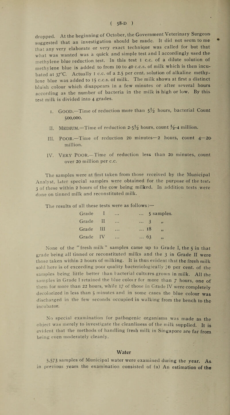 dropped. At the beginning of October, the Government Veterinary Surgeon suggested that an investigation should be made. It did not seem to me that any very elaborate or very exact technique was called for but that what was wanted was a quick and simple test and I accordingly used the methylene blue reduction test. In this test I c.c. of a dilute solution of methylene blue is added to from 10 to 40 c.c.s. of milk which is then incu¬ bated at 37°C. Actually I c.c. of a 2.5 per cent, solution of alkaline methy¬ lene blue was added to 15 c.c.s. of milk. The milk shows at first a distinct bluish colour which disappears in a few minutes or after several hours according as the number of bacteria in the milk is high or low. By this test milk is divided into 4 grades. I. GOOD.—Time of reduction more than 5% hours, bacterial Count 500,000. II. MEDIUM.—Time of reduction 2-5% hours, count V2-\ million. III. POOR.—Time of reduction 20 minutes—2 hours, count 4— 20' million. IV. VERY Poor.—Time of reduction less than 20 minutes, count over 20 million per c.c. The samples were at first taken from those received by the Municipal Analyst, later special samples were obtained for the purpose of the test, 3 of these within 2 hours of the gow being milked. In addition tests were done on tinned milk and reconstituted milk. The results of all these tests were as follows Grade I 5 samples. Grade II ... 3 Grade III ... 18 yy Grade IV ... 63 yy fresh m ilk” samples came up to Grade grade being all tinned or reconstituted milks and the 3 in Grade II were those taken within 2 hours of milking. It is thus evident lhat the fresh milk sold here is of exceeding poor quality bacteriologicallv ;o per cent, of the samples being little better than bacterial cultures grown in milk. All the samples in Grade 1 retained the blue colot r for more than 7 hours, one of them for more than 22 hours, while 17 of those in Grade IV were completely decolorized in less than 5 minutes and in some cases the blue colour was discharged in the few seconds occupied in walking from the bench to the incubator. No special examination for pathogenic organisms was made as the object was merely to investigate the cleanliness of the milk supplied. It is evident that the methods of handling fresh milk in Singapore are far from being even moderately cleanly. Water 5,573 samples of Municipal water were examined during the year. As. in previous years the examination consisted of (a) An estimation of the