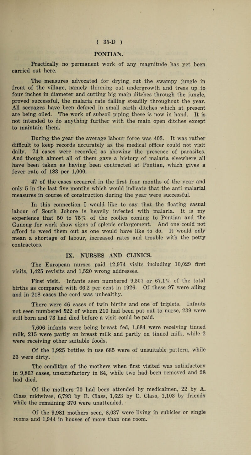 PONTIAN. Practically no permanent work of any magnitude has yet been carried out here. The measures advocated for drying out the swampy jungle in front of the village, namely thinning out undergrowth and trees up to four inches in diameter and cutting big main ditches through the jungle, proved successful, the malaria rate falling steadily throughout the year. All seepages have been defined in small earth ditches which at present are being oiled. The work of subsoil piping these is now in hand. It is not intended to do anything further with the main open ditches except to maintain them. During the year the average labour force was 403. It was rather difficult to keep records accurately as the medical officer could not visit daily. 74 cases were recorded as showing the presence of parasites. And though almost all of them gave a history of malaria elsewhere all have been taken as having been contracted at Pontian, which gives a fever rate of 183 per 1,000. 47 of the cases occurred in the first four months of the year and only 5 in the last five months which would indicate that the anti malarial measures in course of construction during the year were successful. In this connection I would like to say that the floating casual labour of South Johore is heavily infected with malaria. It is my experience that 50 to 75% of the coolies coming to Pontian and the Gunong for work show signs of splenic enlargement. And one could not afford to weed them out as one would have like to do. It would only mean a shortage of labour, increased rates and trouble with the petty contractors. IX. NURSES AND CLINICS. The European nurses paid 12,974 visits including 10,029 first visits, 1,425 revisits and 1,520 wrong addresses. First visit. Infants seen numbered 9,507 or 67.1% of the total births as compared with 66.2 per cent in 1926. Of these 97 were ailing and in 218 cases the cord was unhealthy. There were 46 cases of twin births and one of triplets. Infants not seen numbered 522 of whom 210 had been put out to nurse, 239 were still born and 73 had died before a visit could be paid. 7,606 infants were being breast fed, 1,684 were receiving tinned milk, 215 were partly on breast milk and partly on tinned milk, while 2 were receiving other suitable foods. Of the 1,925 bottles in use 685 were of unsuitable pattern, while 23 were dirty. The condition of the mothers when first visited was satisfactory in 9,867 cases, unsatisfactory in 84, while two had been removed and 28 had died. Of the mothers 70 had been attended by medicalmen, 22 by A. Class midwives, 6,793 by B. Class, 1,623 by C. Class, 1,103 by friends while the remaining 370 were unattended. Of the 9,981 mothers seen, 8,037 were living in cubicles or single rooms and 1,944 in houses of more than one room.