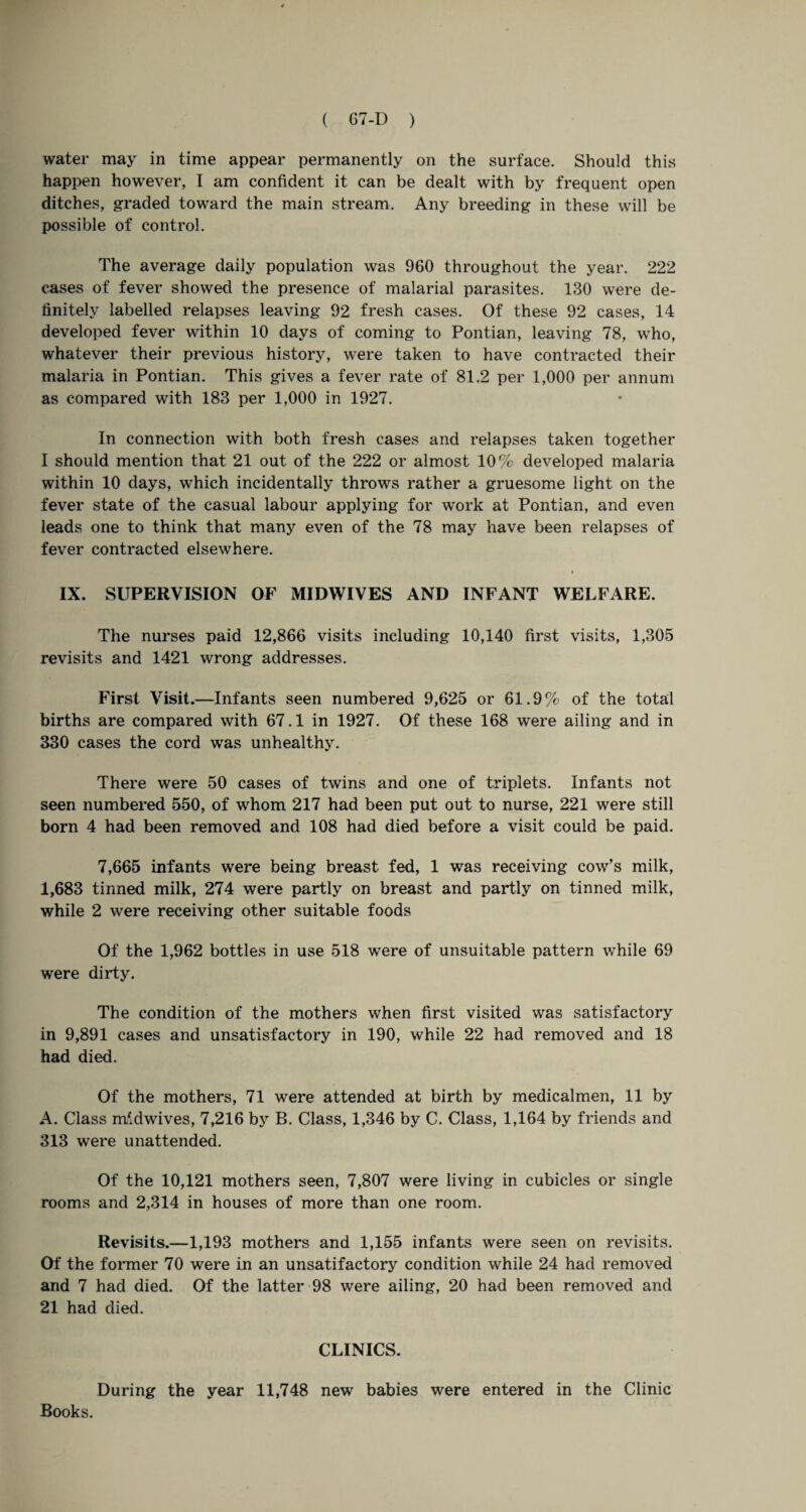 water may in time appear permanently on the surface. Should this happen however, I am confident it can be dealt with by frequent open ditches, graded toward the main stream. Any breeding in these will be possible of control. The average daily population was 960 throughout the year. 222 cases of fever showed the presence of malarial parasites. 130 were de¬ finitely labelled relapses leaving 92 fresh cases. Of these 92 cases, 14 developed fever within 10 days of coming to Pontian, leaving 78, who, whatever their previous history, were taken to have contracted their malaria in Pontian. This gives a fever rate of 81.2 per 1,000 per annum as compared with 183 per 1,000 in 1927. In connection with both fresh cases and relapses taken together I should mention that 21 out of the 222 or almost 10% developed malaria within 10 days, which incidentally throws rather a gruesome light on the fever state of the casual labour applying for work at Pontian, and even leads one to think that many even of the 78 may have been relapses of fever contracted elsewhere. IX. SUPERVISION OF MIDWIVES AND INFANT WELFARE. The nurses paid 12,866 visits including 10,140 first visits, 1,305 revisits and 1421 wrong addresses. First Visit.—Infants seen numbered 9,625 or 61.9% of the total births are compared with 67.1 in 1927. Of these 168 were ailing and in 330 cases the cord was unhealthy. There were 50 cases of twins and one of triplets. Infants not seen numbered 550, of whom 217 had been put out to nurse, 221 were still born 4 had been removed and 108 had died before a visit could be paid. 7,665 infants were being breast fed, 1 was receiving cow’s milk, 1,683 tinned milk, 274 were partly on breast and partly on tinned milk, while 2 were receiving other suitable foods Of the 1,962 bottles in use 518 were of unsuitable pattern while 69 were dirty. The condition of the mothers when first visited was satisfactory in 9,891 cases and unsatisfactory in 190, while 22 had removed and 18 had died. Of the mothers, 71 were attended at birth by medicalmen, 11 by A. Class mAdwives, 7,216 by B. Class, 1,346 by C. Class, 1,164 by friends and 313 were unattended. Of the 10,121 mothers seen, 7,807 were living in cubicles or single rooms and 2,314 in houses of more than one room. Revisits.—1,193 mothers and 1,155 infants were seen on revisits. Of the former 70 were in an unsatifactory condition while 24 had removed and 7 had died. Of the latter 98 were ailing, 20 had been removed and 21 had died. CLINICS. During the year 11,748 new babies were entered in the Clinic Books.