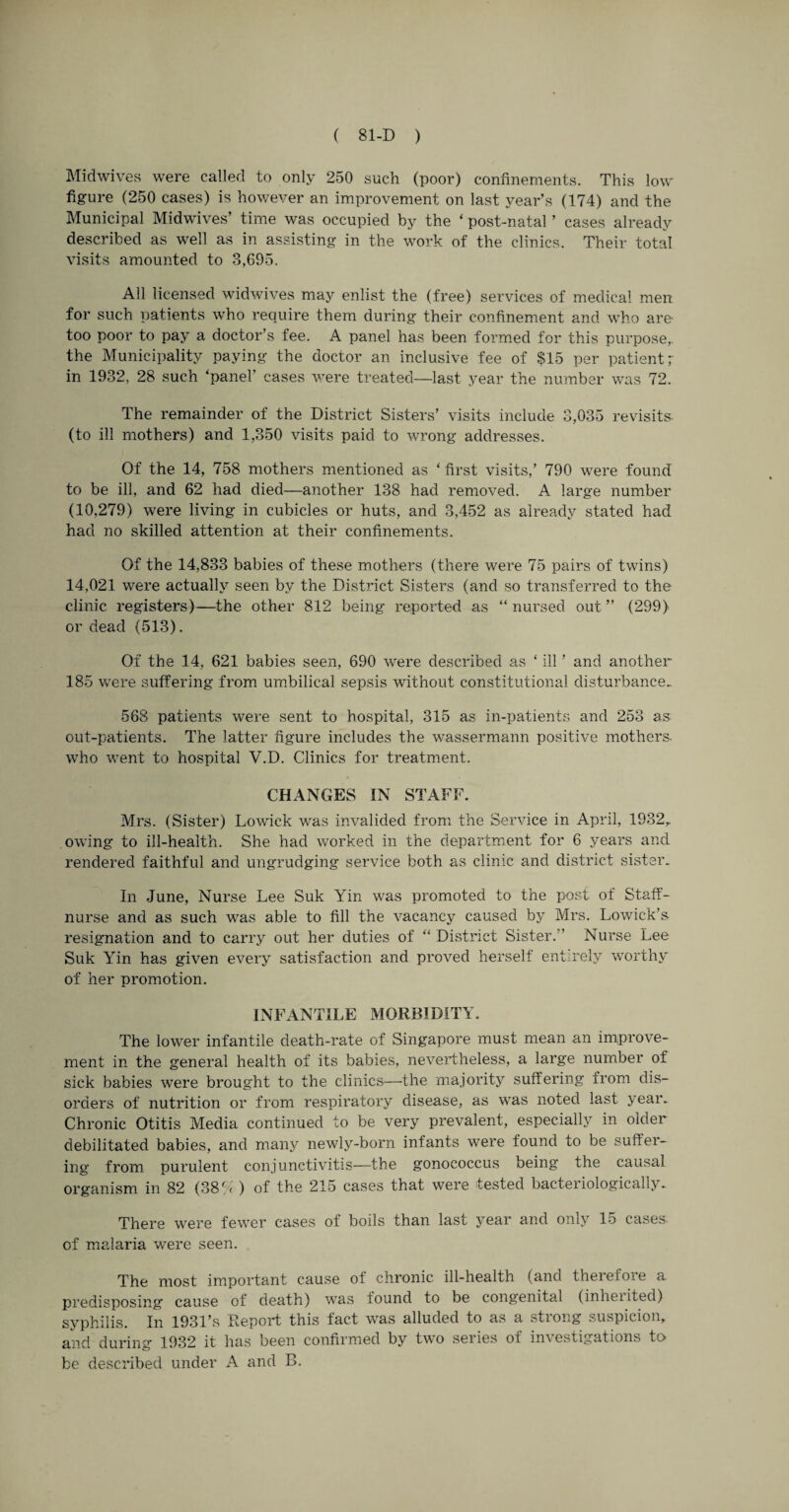 Midwives were called to only 250 such (poor) confinements. This low figure (250 cases) is however an improvement on last year’s (174) and the Municipal Midwives’ time was occupied by the ‘ post-natal ’ cases already described as well as in assisting in the work of the clinics. Their total visits amounted to 3,695. All licensed widwives may enlist the (free) services of medical men for such patients who require them during their confinement and who are- too poor to pay a doctor’s fee. A panel has been formed for this purpose,, the Municipality paying the doctor an inclusive fee of $15 per patient ; in 1932, 28 such ‘panel’ cases were treated—last year the number was 72. The remainder of the District Sisters’ visits include 3,035 revisits, (to ill mothers) and 1,350 visits paid to wrong addresses. Of the 14, 758 mothers mentioned as ‘ first visits,’ 790 were found to be ill, and 62 had died—another 138 had removed. A large number (10,279) were living in cubicles or huts, and 3,452 as already stated had had no skilled attention at their confinements. Of the 14,833 babies of these mothers (there were 75 pairs of twins) 14,021 were actually seen by the District Sisters (and so transferred to the clinic registers)—the other 812 being reported as “nursed out” (299) or dead (513). Of the 14, 621 babies seen, 690 were described as ‘ ill ’ and another 185 were suffering from umbilical sepsis without constitutional disturbance. 568 patients were sent to hospital, 315 as in-patients and 253 as out-patients. The latter figure includes the wassermann positive mothers, who went to hospital V.D. Clinics for treatment. CHANGES IN STAFF. Mrs. (Sister) Lowick was invalided from the Service in April, 1932,. owing to ill-health. She had worked in the department for 6 years and rendered faithful and ungrudging service both as clinic and district sister. In June, Nurse Lee Suk Yin was promoted to the post of Staff- nurse and as such was able to fill the vacancy caused by Mrs. Lowick’s resignation and to carry out her duties of “ District Sister.” Nurse Lee Suk Yin has given every satisfaction and proved herself entirely worthy of her promotion. INFANTILE MORBIDITY. The lower infantile death-rate of Singapore must mean an improve¬ ment in the general health of its babies, nevertheless, a large number of sick babies were brought to the clinics—the majority suffering from dis¬ orders of nutrition or from respiratory disease, as was noted last year. Chronic Otitis Media continued to be very prevalent, especially in older debilitated babies, and many newly-born infants were found to be suffer¬ ing from purulent conjunctivitis—the gonococcus being the causal organism in 82 (38 % ) of the 215 cases that were tested bacteriologically. There were fewer cases of boils than last year and only 15 cases, of malaria were seen. The most important cause of chronic ill-health (and therefore a predisposing cause of death) was found to be congenital (inherited) syphilis. In 1931’s Report this fact w^as alluded to as a strong suspicion, and during 1932 it has been confirmed by two series of investigations to be described under A and B.