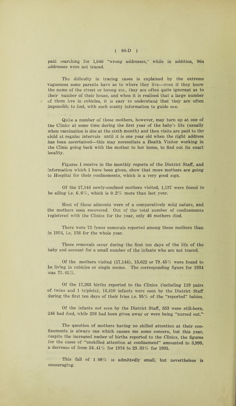 paid searching for 1,646 “wrong addresses/’ while in addition, 964 addresses were not traced. The difficulty in tracing cases is explained by the extreme vagueness some parents have as to where they live—even if they know the name of the street or iorong ecc.; they are often quite ignorant as to their number of their house, and when it is realised that a large number > of them live in cubicles, it is easy to understand that they are often impossible to fmd, with such scanty information to guide one. • v * .1. ■ ... Quite a number of these mothers, however, may turn up at one of the Clinics at some time during the hrst year of the baby’s life (usually when vaccination is due at the sixth month) and then visits are paid to the child at regulai intervals until it is one year old when the right address has been ascertained—this may necessitate a Health Visitor working in the Clinic going back with the mother to her home, to find out its exact locality. Figures I receive in the monthly reports of the District Staff, and information which I have been given, show that more mothers are going to Hospital for their confinements, which is a very good sign. Of the 17,144 newly-confined mothers visited, 1,137 were found to be ailing i.e. 6.6%, which is 0.2% more than last year. Most of these ailments were of a comparatively mild nature, and the mothers soon recovered. Out of the total number of confinements registered with the Clinics for the year, only 46 mothers died. There were 73 fewer removals reported among these mothers than in 1934, i.e. 136 for the whole year. These removals occur during the first ten days of the life of the baby and account for a small number of the infants who are not traced. Of the mothers visited (17,144), 13,622 or 79.45% were found to be living in cubicles or single rooms. The corresponding figure for 1934 was 73.02%. Of the 17,265 births reported to the Clinics (including 119 pairs of twins and 1 triplets), 16,410 infants were seen by the District Staff during the first ten days of their Ivies i.e. 95% of the “reported” babies. Of the infants not seen by the District Staff, 353 were still-born, 246 had died, while 256 had been given away or were being “nursed out.” The question of mothers having no skilled attention at their con¬ finements is always one which causes me some concern, but this year, despite the increased nmber of births reported to the Clinics, the figures ior the cases of “unskilled attention at confinement” amounted to 3,999, a decrease of from 24.41% for 1934 to 23.33% for 1935. This fall of 1 08% is admittedly small, but nevertheless is encouraging.