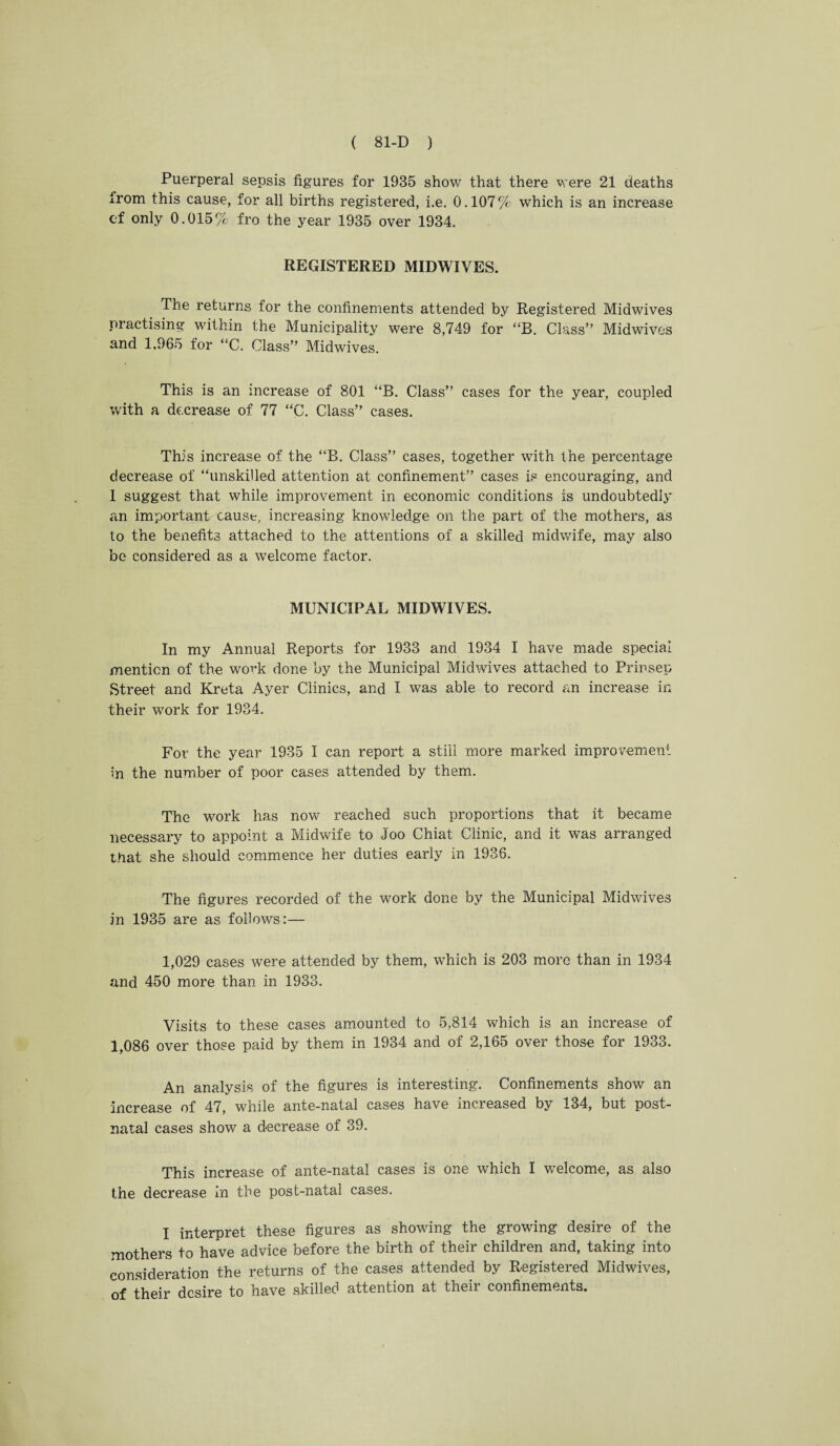 Puerperal sepsis figures for 1935 show that there were 21 deaths from this cause, for all births registered, i.e. 0.107 % which is an increase ef only 0.015% fro the year 1935 over 1934. REGISTERED MIDWIVES. The returns for the confinements attended by Registered Midwives practising within the Municipality were 8,749 for “B. Class” Midwives and 1,965 for “C. Class” Midwives. This is an increase of 801 “B. Class” cases for the year, coupled with a decrease of 77 “C. Class” cases. This increase of the “B. Class” cases, together with the percentage decrease of “unskilled attention at confinement” cases is encouraging, and 1 suggest that while improvement in economic conditions is undoubtedly an important cause, increasing knowledge on the part of the mothers, as to the benefits attached to the attentions of a skilled midwife, may also be considered as a welcome factor. MUNICIPAL MIDWIVES. In my Annual Reports for 1933 and 1934 I have made special mention of the work done by the Municipal Midwives attached to Prinsep Street and Kreta Ayer Clinics, and I was able to record an increase in their work for 1934. For the year 1935 I can report a still more marked improvement in the number of poor cases attended by them. The work has now reached such proportions that it became necessary to appoint a Midwife to Joo Chiat Clinic, and it was arranged that she should commence her duties early in 1936. The figures recorded of the work done by the Municipal Midwives in 1935 are as follows:— 1,029 cases were attended by them, which is 203 more than in 1934 and 450 more than in 1933. Visits to these cases amounted to 5,814 which is an increase of 1,086 over those paid by them in 1934 and of 2,165 over those for 1933. An analysis of the figures is interesting. Confinements show an increase of 47, while ante-natal cases have increased by 134, but post¬ natal cases show a decrease of 39. This increase of ante-natal cases is one which I welcome, as also the decrease in the post-natal cases. I interpret these figures as showing the growing desire of the mothers to have advice before the birth of their children and, taking into consideration the returns of the cases attended by Registered Midwives, q-£ their desire to have skilled attention at their confinements.