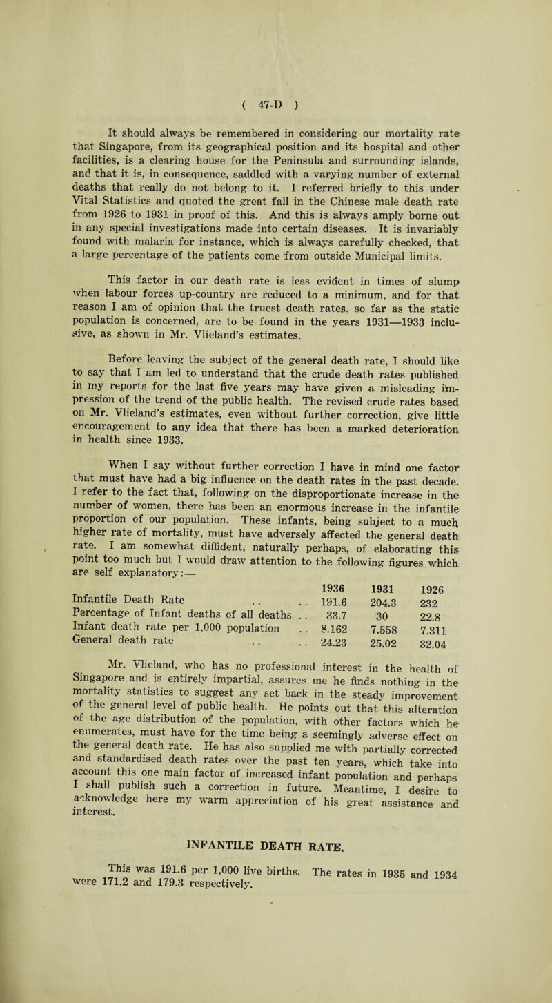 It should always be remembered in considering our mortality rate that Singapore, from its geographical position and its hospital and other facilities, is a clearing house for the Peninsula and surrounding islands, and that it is, in consequence, saddled with a varying number of external deaths that really do not belong to it. I referred briefly to this under Vital Statistics and quoted the great fall in the Chinese male death rate from 1926 to 1931 in proof of this. And this is always amply borne out in any special investigations made into certain diseases. It is invariably found with malaria for instance, which is always carefully checked, that a large percentage of the patients come from outside Municipal limits. This factor in our death rate is less evident in times of slump when labour forces up-country are reduced to a minimum, and for that reason I am of opinion that the truest death rates, so far as the static population is concerned, are to be found in the years 1931—1933 inclu¬ sive, as shown in Mr. Vlieland’s estimates. Before leaving the subject of the general death rate, I should like to say that I am led to understand that the crude death rates published in my reports for the last five years may have given a misleading Im¬ pression of the trend of the public health. The revised crude rates based on Mr. Vlieland’s estimates, even without further correction, give little encouragement to any idea that there has been a marked deterioration in health since 1933. When I say without further correction I have in mind one factor that must have had a big influence on the death rates in the past decade. I r efer to the fact that, following on the disproportionate increase in the number of women, there has been an enormous increase in the infantile proportion of our population. These infants, being subject to a much higher rate of mortality, must have adversely affected the general death rate. I am somewhat diffident, naturally perhaps, of elaborating this point too much but I would draw attention to the following figures which are self explanatory:— Infantile Death Rate Percentage of Infant deaths of all deaths . . Infant death rate per 1,000 population General death rate 1936 191.6 33.7 8.162 24.23 1931 204.3 30 7.558 25.02 1926 232 22.8 7.311 32.04 Mr. Vlieland, who has no professional interest in the health of Singapore and is entirely impartial, assures me he finds nothing in the mortality statistics to suggest any set back in the steady improvement of the general level of public health. He points out that this alteration of the age distribution of the population, with other factors which he enumerates, must have for the time being a seemingly adverse effect on the general death rate. He has also supplied me with partially corrected and standardised death rates over the past ten years, which take into account this one main factor of increased infant population and perhaps I shall publish such a correction in future. Meantime, I desire to acknowledge here my warm appreciation of his great assistance and interest. INFANTILE DEATH RATE. This was 191.6 per 1,000 live births, were 171.2 and 179.3 respectively. The rates in 1935 and 1934